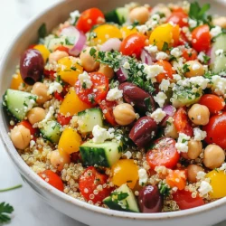 To make this salad, you need these main items: - 1 cup quinoa, rinsed - 2 cups water or vegetable broth - 1 cup cherry tomatoes, halved - 1 cucumber, diced - 1 bell pepper (red or yellow), diced - 1/2 red onion, finely chopped - 1 cup cooked chickpeas, drained and rinsed - 1/2 cup Kalamata olives, pitted and halved - 1/4 cup feta cheese, crumbled (optional for a vegan version) - 1/4 cup fresh parsley, chopped - 1/4 cup extra virgin olive oil - 2 tablespoons lemon juice - 1 teaspoon dried oregano - Salt and pepper to taste These ingredients give the salad its bright and fresh taste. Quinoa forms the base, while veggies add crunch. Chickpeas boost protein, and olives bring a salty touch. You can tweak the salad to fit your taste. Here are some ideas: - Swap out the feta cheese for avocado for a creamier texture. - Use different veggies like carrots or radishes for extra crunch. - Try a splash of balsamic vinegar for a tangy twist. - Add nuts like almonds or walnuts for crunch and healthy fats. Feel free to mix and match as you like. It keeps the salad fresh and exciting. When picking your ingredients, keep these tips in mind: - Choose firm, shiny cherry tomatoes. They should smell sweet. - Pick cucumbers that feel heavy for their size, with smooth skin. - For bell peppers, look for bright colors and no blemishes. - Select red onions that are firm and have no soft spots. Fresh produce makes your salad taste better. Always look for quality items to ensure the best flavor in every bite. {{ingredient_image_1}} To start, bring 2 cups of water or vegetable broth to a boil in a medium saucepan. I prefer using broth for extra flavor. Once it boils, add 1 cup of rinsed quinoa. Turn the heat down to low and cover the pot. Let it simmer for 15 minutes. The quinoa should be fluffy and the liquid fully absorbed. After cooking, remove it from the heat and let it cool for a few minutes. While the quinoa cools, grab a large mixing bowl. In this bowl, combine 1 cup of halved cherry tomatoes, 1 diced cucumber, and 1 diced bell pepper. I like using red or yellow bell peppers for their sweetness. Next, add 1/2 finely chopped red onion, 1 cup of cooked chickpeas, and 1/2 cup of pitted Kalamata olives. This mix adds great color and texture to your salad. In a small bowl, whisk together 1/4 cup of extra virgin olive oil, 2 tablespoons of lemon juice, 1 teaspoon of dried oregano, and salt and pepper to taste. This dressing brings bright flavors to the salad. Pour the dressing over the bowl of vegetables and chickpeas. Now, add the cooled quinoa and toss everything together gently. If you like, fold in 1/4 cup of crumbled feta cheese and 1/4 cup of chopped fresh parsley. Give it a taste and adjust the seasoning if needed. Your Mediterranean quinoa salad is now ready to enjoy! To cook quinoa, start with rinsing it well. Rinse it under cool water to remove bitter taste. In a medium pot, bring your water or vegetable broth to a boil. Then, add the rinsed quinoa. Lower the heat and cover the pot. Let it simmer for about 15 minutes. The quinoa is done when it looks fluffy and the water is all absorbed. Let it rest for a few minutes, then fluff it with a fork. You can serve this salad in many ways. For a casual meal, use a large bowl. For a more formal look, serve in individual plates. Add a garnish of parsley and a few olives on top. This will make the dish pop with color. You can also drizzle a little more olive oil before serving. Enjoy it chilled or at room temperature for a refreshing taste. To make your salad even tastier, try adding more herbs. Fresh basil or mint can brighten up the dish. A pinch of red pepper flakes adds a nice kick. You can also mix in some lemon zest for a fresh zing. Taste the salad before serving and adjust the salt and pepper as needed. Don't hesitate to experiment with flavors until you find your favorite mix! Pro Tips Perfect Quinoa: Make sure to rinse the quinoa thoroughly before cooking to remove any bitterness from the saponins. Vegetable Variations: Feel free to mix in seasonal vegetables or your favorites, such as arugula or roasted red peppers, for added flavor and nutrition. Chill for Flavor: Let the salad chill in the fridge for at least 30 minutes before serving to allow the flavors to meld beautifully. Make it Ahead: This salad can be prepared a day in advance; just add the feta cheese and parsley right before serving to keep them fresh. {{image_2}} You can easily make this salad vegan. Simply skip the feta cheese. You still get great flavor and texture. The other ingredients, like chickpeas and olives, make it filling. If you want a creamy touch, try adding avocado. It adds richness and pairs well with the salad. This Mediterranean quinoa salad is already gluten-free. Quinoa is a seed, not a grain. This makes it a safe choice for those avoiding gluten. Just ensure that your broth is also gluten-free. You can use vegetable broth or water for cooking. To make the salad heartier, add protein. Grilled chicken works well and adds flavor. Cut it into bite-sized pieces and mix it in. If you prefer a plant-based option, use firm tofu. Press and cube it before adding. You can also marinate the tofu for extra taste. Both options make the salad a full meal. Store your leftover Mediterranean quinoa salad in an airtight container. Make sure it is cool before sealing it. This helps keep the flavors fresh. You can also layer it with parchment paper. This prevents sogginess from the dressing. I suggest using glass containers for storage. They do not stain or smell. You can also use BPA-free plastic containers. Make sure they seal tightly. This keeps the salad crisp and fresh. If you plan to freeze, use freezer bags to save space. Your salad will last in the fridge for about three days. After that, the veggies may lose their crunch. If you want to freeze it, leave out the dressing and cheese. This helps keep the texture. You can freeze the salad for up to a month. When ready to eat, thaw it in the fridge overnight. Then add dressing and cheese before serving. Yes, you can make this salad ahead of time. It tastes even better after a day in the fridge. The flavors mix well when it sits. Just store it in an airtight container. Keep it chilled until you serve it. If you want a substitute for feta cheese, try using avocado or a vegan cheese. Both options add creaminess. You can also skip cheese altogether for a lighter salad. Just add extra herbs or nuts for flavor. To boost protein in your salad, add cooked chicken or tofu. Chickpeas already add some protein, but you can add even more. Try adding nuts or seeds like sunflower seeds or almonds. They add crunch and more nutrition. This guide broke down how to make a great Mediterranean quinoa salad. We looked at key ingredients, easy steps, and storage tips. I shared ways to customize the recipe for your needs, including vegan and gluten-free options. Making this salad is simple and fun. Enjoy the bright flavors and good nutrition every time you serve it. Now you can impress your friends and family with a tasty dish they will love. Get cooking and enjoy every bite!