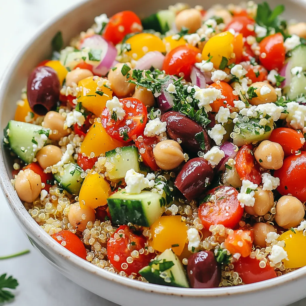 To make this salad, you need these main items: - 1 cup quinoa, rinsed - 2 cups water or vegetable broth - 1 cup cherry tomatoes, halved - 1 cucumber, diced - 1 bell pepper (red or yellow), diced - 1/2 red onion, finely chopped - 1 cup cooked chickpeas, drained and rinsed - 1/2 cup Kalamata olives, pitted and halved - 1/4 cup feta cheese, crumbled (optional for a vegan version) - 1/4 cup fresh parsley, chopped - 1/4 cup extra virgin olive oil - 2 tablespoons lemon juice - 1 teaspoon dried oregano - Salt and pepper to taste These ingredients give the salad its bright and fresh taste. Quinoa forms the base, while veggies add crunch. Chickpeas boost protein, and olives bring a salty touch. You can tweak the salad to fit your taste. Here are some ideas: - Swap out the feta cheese for avocado for a creamier texture. - Use different veggies like carrots or radishes for extra crunch. - Try a splash of balsamic vinegar for a tangy twist. - Add nuts like almonds or walnuts for crunch and healthy fats. Feel free to mix and match as you like. It keeps the salad fresh and exciting. When picking your ingredients, keep these tips in mind: - Choose firm, shiny cherry tomatoes. They should smell sweet. - Pick cucumbers that feel heavy for their size, with smooth skin. - For bell peppers, look for bright colors and no blemishes. - Select red onions that are firm and have no soft spots. Fresh produce makes your salad taste better. Always look for quality items to ensure the best flavor in every bite. {{ingredient_image_1}} To start, bring 2 cups of water or vegetable broth to a boil in a medium saucepan. I prefer using broth for extra flavor. Once it boils, add 1 cup of rinsed quinoa. Turn the heat down to low and cover the pot. Let it simmer for 15 minutes. The quinoa should be fluffy and the liquid fully absorbed. After cooking, remove it from the heat and let it cool for a few minutes. While the quinoa cools, grab a large mixing bowl. In this bowl, combine 1 cup of halved cherry tomatoes, 1 diced cucumber, and 1 diced bell pepper. I like using red or yellow bell peppers for their sweetness. Next, add 1/2 finely chopped red onion, 1 cup of cooked chickpeas, and 1/2 cup of pitted Kalamata olives. This mix adds great color and texture to your salad. In a small bowl, whisk together 1/4 cup of extra virgin olive oil, 2 tablespoons of lemon juice, 1 teaspoon of dried oregano, and salt and pepper to taste. This dressing brings bright flavors to the salad. Pour the dressing over the bowl of vegetables and chickpeas. Now, add the cooled quinoa and toss everything together gently. If you like, fold in 1/4 cup of crumbled feta cheese and 1/4 cup of chopped fresh parsley. Give it a taste and adjust the seasoning if needed. Your Mediterranean quinoa salad is now ready to enjoy! To cook quinoa, start with rinsing it well. Rinse it under cool water to remove bitter taste. In a medium pot, bring your water or vegetable broth to a boil. Then, add the rinsed quinoa. Lower the heat and cover the pot. Let it simmer for about 15 minutes. The quinoa is done when it looks fluffy and the water is all absorbed. Let it rest for a few minutes, then fluff it with a fork. You can serve this salad in many ways. For a casual meal, use a large bowl. For a more formal look, serve in individual plates. Add a garnish of parsley and a few olives on top. This will make the dish pop with color. You can also drizzle a little more olive oil before serving. Enjoy it chilled or at room temperature for a refreshing taste. To make your salad even tastier, try adding more herbs. Fresh basil or mint can brighten up the dish. A pinch of red pepper flakes adds a nice kick. You can also mix in some lemon zest for a fresh zing. Taste the salad before serving and adjust the salt and pepper as needed. Don't hesitate to experiment with flavors until you find your favorite mix! Pro Tips Perfect Quinoa: Make sure to rinse the quinoa thoroughly before cooking to remove any bitterness from the saponins. Vegetable Variations: Feel free to mix in seasonal vegetables or your favorites, such as arugula or roasted red peppers, for added flavor and nutrition. Chill for Flavor: Let the salad chill in the fridge for at least 30 minutes before serving to allow the flavors to meld beautifully. Make it Ahead: This salad can be prepared a day in advance; just add the feta cheese and parsley right before serving to keep them fresh. {{image_2}} You can easily make this salad vegan. Simply skip the feta cheese. You still get great flavor and texture. The other ingredients, like chickpeas and olives, make it filling. If you want a creamy touch, try adding avocado. It adds richness and pairs well with the salad. This Mediterranean quinoa salad is already gluten-free. Quinoa is a seed, not a grain. This makes it a safe choice for those avoiding gluten. Just ensure that your broth is also gluten-free. You can use vegetable broth or water for cooking. To make the salad heartier, add protein. Grilled chicken works well and adds flavor. Cut it into bite-sized pieces and mix it in. If you prefer a plant-based option, use firm tofu. Press and cube it before adding. You can also marinate the tofu for extra taste. Both options make the salad a full meal. Store your leftover Mediterranean quinoa salad in an airtight container. Make sure it is cool before sealing it. This helps keep the flavors fresh. You can also layer it with parchment paper. This prevents sogginess from the dressing. I suggest using glass containers for storage. They do not stain or smell. You can also use BPA-free plastic containers. Make sure they seal tightly. This keeps the salad crisp and fresh. If you plan to freeze, use freezer bags to save space. Your salad will last in the fridge for about three days. After that, the veggies may lose their crunch. If you want to freeze it, leave out the dressing and cheese. This helps keep the texture. You can freeze the salad for up to a month. When ready to eat, thaw it in the fridge overnight. Then add dressing and cheese before serving. Yes, you can make this salad ahead of time. It tastes even better after a day in the fridge. The flavors mix well when it sits. Just store it in an airtight container. Keep it chilled until you serve it. If you want a substitute for feta cheese, try using avocado or a vegan cheese. Both options add creaminess. You can also skip cheese altogether for a lighter salad. Just add extra herbs or nuts for flavor. To boost protein in your salad, add cooked chicken or tofu. Chickpeas already add some protein, but you can add even more. Try adding nuts or seeds like sunflower seeds or almonds. They add crunch and more nutrition. This guide broke down how to make a great Mediterranean quinoa salad. We looked at key ingredients, easy steps, and storage tips. I shared ways to customize the recipe for your needs, including vegan and gluten-free options. Making this salad is simple and fun. Enjoy the bright flavors and good nutrition every time you serve it. Now you can impress your friends and family with a tasty dish they will love. Get cooking and enjoy every bite!
