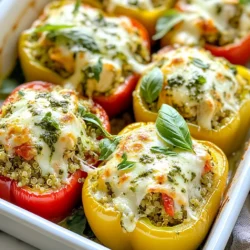To make pesto chicken stuffed peppers, you will need: - 4 bell peppers (any color) - 2 cups cooked chicken, shredded - ½ cup basil pesto - 1 cup cooked quinoa or rice - 1 cup cherry tomatoes, halved - 1 cup shredded mozzarella cheese - 2 tablespoons olive oil - Salt and pepper to taste - Fresh basil leaves for garnish Using fresh ingredients makes a big difference in taste. Fresh bell peppers bring crunch and sweetness. Fresh basil in your pesto adds a bright flavor. Fresh tomatoes give juiciness and color. The better your ingredients, the better your meal will taste. You can easily swap some ingredients if needed. Use ground turkey or tofu instead of chicken. For a grain swap, quinoa works great, but you can also use brown rice or even couscous. If you don't have mozzarella, try using cheddar or feta cheese. The key is to keep the flavor rich and satisfying. {{ingredient_image_1}} First, let’s get ready. You will need to preheat your oven to 375°F (190°C). Next, take your bell peppers and cut the tops off. Remove the seeds and membranes inside. Place the peppers upright in a baking dish. This step makes it easy to stuff them later. In a large bowl, combine the shredded chicken, basil pesto, cooked quinoa or rice, and halved cherry tomatoes. Add half of the mozzarella cheese, olive oil, salt, and pepper. Mix all these ingredients well. This mix is the heart of the dish and packs in great flavor. Now comes the fun part. Stuff each bell pepper with the chicken and pesto mix. Press down gently to pack it in tight. Top each pepper with the remaining mozzarella cheese. This will melt and create a tasty crust. Cover your baking dish with aluminum foil. Bake for 25 minutes to let the flavors blend. Then, remove the foil and bake for another 10 to 15 minutes. Keep an eye on the peppers. You want them tender, and the cheese should be bubbly and golden. Once done, take the dish out and let it cool for a few minutes. This makes them safer to eat. These stuffed peppers are colorful and fun to serve. You can garnish them with fresh basil leaves. This adds a nice touch and a burst of flavor. Serve them warm for the best taste. You can pair these with a simple green salad or some crusty bread for a full meal. Enjoy your delicious creation! To cook peppers well, choose firm ones. Soft peppers can spoil the taste. Wash them under cold water. Cut off the tops and remove seeds. This helps the stuffing mix stay in place. Always preheat your oven to 375°F (190°C). This gives even cooking. Bake covered for the first part. It keeps them moist. Uncover for the last few minutes to melt the cheese. You can make these stuffed peppers ahead of time. Prepare them and store them in the fridge. Cover them tightly with foil. They can last for up to two days. When ready to eat, preheat your oven. Reheat them at 375°F (190°C) for about 20 minutes. If frozen, let them thaw overnight in the fridge. Bake as usual for a warm meal. Feel free to mix things up! Use different proteins like ground turkey or beef. Swap the quinoa for rice or couscous. Add spices like garlic powder or cumin for heat. You can also add black beans for extra protein. Experiment with different cheeses like cheddar or feta. This dish works well with your favorite flavors. Make it your own! Pro Tips Choose Colorful Peppers: Using a variety of colored bell peppers not only makes the dish visually appealing but also adds different flavors and nutrients. Pre-cook the Quinoa or Rice: Ensure your quinoa or rice is fully cooked before mixing it into the stuffing to save time and achieve the perfect texture. Experiment with Proteins: Feel free to substitute the chicken with shredded turkey, beef, or even a plant-based protein for a different flavor profile. Use Fresh Herbs: Garnishing with fresh basil adds a burst of flavor and freshness that enhances the overall dish. Don't skip this step! {{image_2}} You can make a tasty vegetarian version of pesto stuffed peppers. Start with the same bell peppers. Instead of chicken, use 2 cups of cooked lentils or chickpeas. These add protein and fiber. Mix in the basil pesto, quinoa, and cherry tomatoes as before. Top with mozzarella or a dairy-free cheese. Bake as you would for the original recipe. This version is just as filling and full of flavor. For a fun twist, try an Asian-inspired stuffed pepper. Use 2 cups of shredded rotisserie chicken mixed with hoisin sauce instead of pesto. Add cooked rice and diced water chestnuts for crunch. You can toss in some green onions for extra flavor. Stuff the peppers and top with shredded cheese. A splash of sesame oil brings all the flavors together. Bake as usual, and enjoy a unique take on this dish. You can enhance your pesto chicken stuffed peppers with some simple add-ins. Try adding chopped spinach or kale to the chicken mix for extra greens. You can also fold in some diced bell peppers left from cutting the tops off. This adds more texture and flavor. If you like spice, add jalapeños or crushed red pepper flakes. These small changes can make a big difference in taste. To keep your leftover pesto chicken stuffed peppers fresh, let them cool first. Place them in an airtight container. Store them in the fridge. They will last for about three to four days. If you want to keep them longer, freezing is a great option. You can freeze these stuffed peppers for future meals. After they cool, wrap each pepper tightly in plastic wrap. Then, place them in a freezer-safe bag or container. They can stay in the freezer for about three months. Make sure to label the container with the date for easy tracking. To reheat, take the peppers out of the fridge or freezer. If frozen, let them thaw overnight in the fridge. Preheat your oven to 350°F (175°C). Place the peppers on a baking tray. Cover them with foil to keep moisture in. Heat for about 20 minutes, or until they are warm throughout. You can also use a microwave for quick reheating. Just microwave them for about 2-3 minutes, or until hot. Enjoy your tasty meal! No, you cannot use raw chicken in this recipe. Cooked chicken keeps the dish safe. It also saves time. Cooked chicken blends well with the pesto and other flavors. You can use leftover chicken or rotisserie chicken for a quick option. You can use several cheese options. Try feta, gouda, or cheddar for a twist. Each cheese adds a different taste. Feta gives a tangy kick, while gouda adds creaminess. Cheddar melts nicely and offers a rich flavor. Check the peppers after 35-40 minutes of baking. They should be tender to the fork. The cheese should be bubbly and golden. If you see browning on top, that’s a good sign! If unsure, bake a bit longer until perfect. Pesto chicken stuffed peppers are easy and fun to make. Using fresh ingredients gives great flavor. Remember the cooking tips and different variations to keep meals exciting. You can even customize them to fit your taste. Storing leftovers correctly helps you enjoy them later. With these steps and tricks, you’ll cook delicious stuffed peppers every time. Enjoy your cooking journey!
