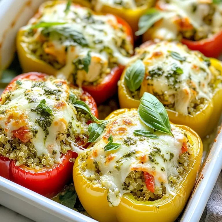 To make pesto chicken stuffed peppers, you will need: - 4 bell peppers (any color) - 2 cups cooked chicken, shredded - ½ cup basil pesto - 1 cup cooked quinoa or rice - 1 cup cherry tomatoes, halved - 1 cup shredded mozzarella cheese - 2 tablespoons olive oil - Salt and pepper to taste - Fresh basil leaves for garnish Using fresh ingredients makes a big difference in taste. Fresh bell peppers bring crunch and sweetness. Fresh basil in your pesto adds a bright flavor. Fresh tomatoes give juiciness and color. The better your ingredients, the better your meal will taste. You can easily swap some ingredients if needed. Use ground turkey or tofu instead of chicken. For a grain swap, quinoa works great, but you can also use brown rice or even couscous. If you don't have mozzarella, try using cheddar or feta cheese. The key is to keep the flavor rich and satisfying. {{ingredient_image_1}} First, let’s get ready. You will need to preheat your oven to 375°F (190°C). Next, take your bell peppers and cut the tops off. Remove the seeds and membranes inside. Place the peppers upright in a baking dish. This step makes it easy to stuff them later. In a large bowl, combine the shredded chicken, basil pesto, cooked quinoa or rice, and halved cherry tomatoes. Add half of the mozzarella cheese, olive oil, salt, and pepper. Mix all these ingredients well. This mix is the heart of the dish and packs in great flavor. Now comes the fun part. Stuff each bell pepper with the chicken and pesto mix. Press down gently to pack it in tight. Top each pepper with the remaining mozzarella cheese. This will melt and create a tasty crust. Cover your baking dish with aluminum foil. Bake for 25 minutes to let the flavors blend. Then, remove the foil and bake for another 10 to 15 minutes. Keep an eye on the peppers. You want them tender, and the cheese should be bubbly and golden. Once done, take the dish out and let it cool for a few minutes. This makes them safer to eat. These stuffed peppers are colorful and fun to serve. You can garnish them with fresh basil leaves. This adds a nice touch and a burst of flavor. Serve them warm for the best taste. You can pair these with a simple green salad or some crusty bread for a full meal. Enjoy your delicious creation! To cook peppers well, choose firm ones. Soft peppers can spoil the taste. Wash them under cold water. Cut off the tops and remove seeds. This helps the stuffing mix stay in place. Always preheat your oven to 375°F (190°C). This gives even cooking. Bake covered for the first part. It keeps them moist. Uncover for the last few minutes to melt the cheese. You can make these stuffed peppers ahead of time. Prepare them and store them in the fridge. Cover them tightly with foil. They can last for up to two days. When ready to eat, preheat your oven. Reheat them at 375°F (190°C) for about 20 minutes. If frozen, let them thaw overnight in the fridge. Bake as usual for a warm meal. Feel free to mix things up! Use different proteins like ground turkey or beef. Swap the quinoa for rice or couscous. Add spices like garlic powder or cumin for heat. You can also add black beans for extra protein. Experiment with different cheeses like cheddar or feta. This dish works well with your favorite flavors. Make it your own! Pro Tips Choose Colorful Peppers: Using a variety of colored bell peppers not only makes the dish visually appealing but also adds different flavors and nutrients. Pre-cook the Quinoa or Rice: Ensure your quinoa or rice is fully cooked before mixing it into the stuffing to save time and achieve the perfect texture. Experiment with Proteins: Feel free to substitute the chicken with shredded turkey, beef, or even a plant-based protein for a different flavor profile. Use Fresh Herbs: Garnishing with fresh basil adds a burst of flavor and freshness that enhances the overall dish. Don't skip this step! {{image_2}} You can make a tasty vegetarian version of pesto stuffed peppers. Start with the same bell peppers. Instead of chicken, use 2 cups of cooked lentils or chickpeas. These add protein and fiber. Mix in the basil pesto, quinoa, and cherry tomatoes as before. Top with mozzarella or a dairy-free cheese. Bake as you would for the original recipe. This version is just as filling and full of flavor. For a fun twist, try an Asian-inspired stuffed pepper. Use 2 cups of shredded rotisserie chicken mixed with hoisin sauce instead of pesto. Add cooked rice and diced water chestnuts for crunch. You can toss in some green onions for extra flavor. Stuff the peppers and top with shredded cheese. A splash of sesame oil brings all the flavors together. Bake as usual, and enjoy a unique take on this dish. You can enhance your pesto chicken stuffed peppers with some simple add-ins. Try adding chopped spinach or kale to the chicken mix for extra greens. You can also fold in some diced bell peppers left from cutting the tops off. This adds more texture and flavor. If you like spice, add jalapeños or crushed red pepper flakes. These small changes can make a big difference in taste. To keep your leftover pesto chicken stuffed peppers fresh, let them cool first. Place them in an airtight container. Store them in the fridge. They will last for about three to four days. If you want to keep them longer, freezing is a great option. You can freeze these stuffed peppers for future meals. After they cool, wrap each pepper tightly in plastic wrap. Then, place them in a freezer-safe bag or container. They can stay in the freezer for about three months. Make sure to label the container with the date for easy tracking. To reheat, take the peppers out of the fridge or freezer. If frozen, let them thaw overnight in the fridge. Preheat your oven to 350°F (175°C). Place the peppers on a baking tray. Cover them with foil to keep moisture in. Heat for about 20 minutes, or until they are warm throughout. You can also use a microwave for quick reheating. Just microwave them for about 2-3 minutes, or until hot. Enjoy your tasty meal! No, you cannot use raw chicken in this recipe. Cooked chicken keeps the dish safe. It also saves time. Cooked chicken blends well with the pesto and other flavors. You can use leftover chicken or rotisserie chicken for a quick option. You can use several cheese options. Try feta, gouda, or cheddar for a twist. Each cheese adds a different taste. Feta gives a tangy kick, while gouda adds creaminess. Cheddar melts nicely and offers a rich flavor. Check the peppers after 35-40 minutes of baking. They should be tender to the fork. The cheese should be bubbly and golden. If you see browning on top, that’s a good sign! If unsure, bake a bit longer until perfect. Pesto chicken stuffed peppers are easy and fun to make. Using fresh ingredients gives great flavor. Remember the cooking tips and different variations to keep meals exciting. You can even customize them to fit your taste. Storing leftovers correctly helps you enjoy them later. With these steps and tricks, you’ll cook delicious stuffed peppers every time. Enjoy your cooking journey!
