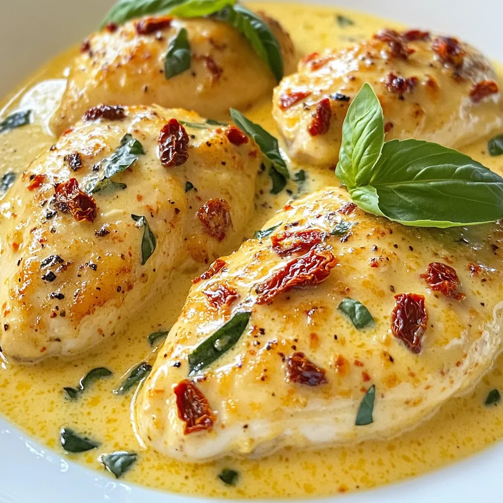 - 4 boneless, skinless chicken breasts - 1 cup heavy cream - 1/2 cup sun dried tomatoes, chopped - 1/2 cup chicken broth - 1/2 cup grated parmesan cheese - 2 cloves garlic, minced - 1 teaspoon dried basil - 1 teaspoon dried oregano - 1/2 teaspoon red pepper flakes (optional) - Salt and pepper to taste - Fresh basil leaves for garnish In this creamy sun dried tomato chicken dish, you need a few key ingredients. First, grab four boneless, skinless chicken breasts. These will be the main protein in your meal. Next, you will need one cup of heavy cream. This adds richness and creaminess to the dish. Also, make sure to have half a cup of sun dried tomatoes. They add a nice tangy flavor. For extra flavor, you should use half a cup of chicken broth. This will help create a tasty sauce. A half cup of grated parmesan cheese is also needed. It melts beautifully and adds depth. Don’t forget two cloves of minced garlic. Garlic gives the dish its wonderful aroma. Seasonings are just as important. You’ll want one teaspoon each of dried basil and dried oregano. If you like a kick, add half a teaspoon of red pepper flakes. Lastly, season with salt and pepper to taste. Fresh basil leaves will make a lovely garnish. With these ingredients ready, you are set to create a warm and flavorful dinner. Enjoy the process! {{ingredient_image_1}} 1. Start by seasoning the chicken breasts with salt and pepper on both sides. This will enhance the flavor. 2. Heat olive oil in a large skillet over medium heat. Once hot, add the chicken breasts. Sear them for about 6-7 minutes on each side. Look for a golden brown color. Once cooked, remove the chicken from the skillet and set it aside. 1. In the same skillet, add minced garlic. Cook for about 30 seconds until it smells great. 2. Next, pour in the chicken broth. Use a wooden spoon to scrape the pan. This gets all those tasty bits off the bottom. 3. Then, add chopped sun dried tomatoes, dried basil, oregano, and red pepper flakes if you want some heat. Stir to combine everything. Let it simmer for 2-3 minutes to blend the flavors. 1. Lower the heat and mix in heavy cream. Stir well until smooth. 2. Gradually add the grated parmesan cheese. Keep stirring until the sauce is creamy. 3. Now, return the chicken breasts to the skillet. Nestle them into the sauce. Let it simmer for an additional 3-5 minutes. This allows the chicken to soak up all the creamy goodness. - Always ensure chicken is fully cooked through for safety. - Use a wooden spoon to avoid scratching the skillet during preparation. When cooking chicken, aim for an internal temperature of 165°F. This keeps the chicken safe and juicy. A wooden spoon also helps protect your skillet's surface. It’s a small step that goes a long way. - Consider adding a splash of white wine for depth of flavor. - Adjust red pepper flakes based on preferred spice level. A splash of white wine can brighten up the sauce. It adds a rich taste that complements the sun dried tomatoes well. If you like spice, feel free to add more red pepper flakes. Just remember, a little goes a long way. - Serve over creamy polenta or steamed spinach for color. - Drizzle extra sauce over the chicken for visual appeal. For a stunning plate, serve the chicken over creamy polenta. The bright green of steamed spinach also adds a nice pop. Drizzling extra sauce on top makes the dish look more inviting. It’s all about making your meal as beautiful as it is tasty. Pro Tips Perfectly Cooked Chicken: Use a meat thermometer to ensure your chicken reaches an internal temperature of 165°F (75°C) for optimal juiciness. Sun Dried Tomato Quality: Choose high-quality sun dried tomatoes for a richer flavor; oil-packed varieties can add extra richness to your sauce. Make It Spicy: Adjust the level of heat by increasing the red pepper flakes, or try adding a splash of hot sauce for a kick. Leftover Sauce Uses: Don’t waste any sauce! It makes a great dressing for pasta or a dip for crusty bread. {{image_2}} You can easily change the protein in this dish. Substitute chicken with shrimp or scallops for a seafood twist. Shrimp cooks quickly and absorbs flavors well. Scallops add a sweet and delicate taste. If you prefer a leaner option, use turkey breasts instead of chicken. Turkey has less fat and still tastes great with the creamy sauce. If you need a gluten-free meal, make sure all your ingredients are certified gluten-free. Many brands offer gluten-free chicken broth and cream. For a dairy-free version, swap heavy cream with cashew cream. Cashew cream has a rich texture and works well in creamy dishes. This way, everyone can enjoy this flavorful dinner. Don’t be afraid to experiment with your ingredients! Try different types of cheese, like feta or goat cheese. They bring a tangy flavor that pairs nicely with the sauce. You can also swap sun dried tomatoes for roasted red peppers. Roasted red peppers add sweetness and a smoky touch. Each variation gives you a new and tasty experience. To store leftovers, place them in an airtight container. This keeps the chicken fresh. It is best to refrigerate within two hours after cooking. This helps prevent bacteria growth. You can freeze creamy sun dried tomato chicken for later use. To do this, let it cool completely. Then, transfer it to a freezer-safe bag or container. Try to remove as much air as possible to avoid freezer burn. When it’s time to eat, thaw it overnight in the fridge. This keeps the flavor intact. When reheating, you can use a microwave or stovetop. If using the microwave, heat in short bursts to avoid overcooking. Stir the chicken often to ensure even heating. For stovetop reheating, place it in a skillet over low heat. Add a splash of chicken broth to help restore creaminess. Stir gently until heated through. The best way to cook chicken breasts is to use medium heat. A good cooking temperature is around 165°F (75°C). Cook the chicken for about 6-7 minutes on each side. This will give you a golden brown crust and keep the inside juicy. If you have a meat thermometer, check the thickest part of the chicken. Yes, you can make this recipe ahead of time. Cook the chicken and sauce as usual, then store it in an airtight container. You can refrigerate it for up to three days. To reheat, warm it up in a skillet over low heat. Stir gently to keep the sauce creamy. This dish pairs well with many sides. Consider serving it over creamy polenta or steamed spinach. You can also add a fresh salad or garlic bread to round out the meal. These sides will bring out the flavors of the chicken and sauce. To make a lower-calorie version, you can use less heavy cream. Try substituting half of it with low-fat milk or unsweetened almond milk. Use less cheese or opt for a lower-fat cheese option. You can also add more vegetables, like spinach or zucchini, to keep it filling without adding too many calories. This post covered how to make creamy sun dried tomato chicken. You learned about key ingredients, step-by-step cooking methods, and helpful tips to enhance flavor. Consider protein swaps or dietary adjustments for variety. Store leftovers safely and reheat for the best taste. Now, you’re ready to impress with this delicious dish. Enjoy crafting your version!