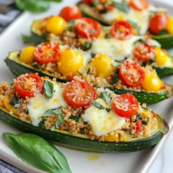 When making stuffed zucchini Parmesan boats, you’ll need some fresh and simple ingredients. Here is a list of what you need: - 4 medium zucchinis - 1 cup quinoa, cooked - 1 cup cherry tomatoes, halved - 1 cup spinach, chopped - 1/2 cup mozzarella cheese, shredded - 1/4 cup grated Parmesan cheese - 2 cloves garlic, minced - 1 teaspoon Italian seasoning - Salt and pepper to taste - 2 tablespoons olive oil - Fresh basil leaves, for garnish These ingredients come together to create a tasty dish. The zucchinis serve as the perfect boat for the filling. The quinoa adds protein and makes the dish hearty. Spinach and tomatoes bring color and nutrients. The cheeses melt together and give a rich flavor. Garlic and Italian seasoning boost the taste even more. Using fresh basil at the end adds a nice touch. It brings brightness and freshness to the dish. Each bite is a great mix of flavors and textures. You can find all these ingredients at your local store. Enjoy cooking and savoring this simple yet delicious meal! {{ingredient_image_1}} - Preheat the oven to 375°F (190°C) and prepare a baking dish. Use parchment paper or a light coat of olive oil. - Slice the zucchinis in half lengthwise. Scoop out the center with a spoon to make boats. Save the scooped-out flesh. - In a skillet over medium heat, add olive oil. Sauté the minced garlic for about one minute until fragrant. - Add the reserved zucchini flesh, chopped spinach, and halved cherry tomatoes to the skillet. Cook for about 3-4 minutes until the spinach wilts and tomatoes soften. - Stir in the cooked quinoa, shredded mozzarella, Italian seasoning, salt, and pepper. Mix until everything is well combined. - Generously stuff each zucchini boat with the quinoa and vegetable mixture, packing it down lightly. - Place the stuffed zucchinis in the prepared baking dish. Sprinkle grated Parmesan cheese over the tops of each boat. - Bake in the preheated oven for 20-25 minutes. They are ready when the zucchinis are tender and cheese is bubbly and golden. - Once baked, take them out of the oven and let them cool slightly. Garnish with fresh basil leaves before serving. - How to choose the best zucchinis Select zucchinis that feel firm and look shiny. They should be medium-sized and free from blemishes. Smaller zucchinis tend to be sweeter and more tender. - Adjusting cooking times Cooking times can vary based on zucchini size. Check for doneness by piercing with a fork. If it goes in easily, the zucchini is ready. - Using fresh vs. dried herbs Fresh herbs bring brighter flavors to the dish. Dried herbs are great too; just remember they are more potent. Use about one-third of the dried amount compared to fresh. - Overstuffing the zucchini Fill the zucchini boats but don’t pack them too tightly. Overstuffing can lead to uneven cooking and messier results. - Not seasoning adequately Seasoning is key to flavor. Don’t skip the salt and pepper. Taste the filling before stuffing to ensure it’s well-seasoned. - Cooking at the wrong temperature Baking at the correct temperature is crucial. Too high can burn the cheese, while too low may leave your zucchinis soggy. Stick to 375°F for the best results. Pro Tips Choose the Right Zucchini: Look for firm, medium-sized zucchinis for the best texture and flavor. Avoid large ones as they can be watery and have large seeds. Experiment with Fillings: Feel free to mix and match your favorite vegetables, beans, or proteins in the stuffing for added flavor and nutrition. Make Ahead: You can prepare the stuffed zucchinis a day in advance. Just cover them and store in the fridge until you’re ready to bake. Garnish for Flavor: Fresh herbs like parsley or cilantro can enhance the dish's flavor. Add them just before serving for a fresh touch. {{image_2}} If you want to change things up, you can easily swap ingredients. Here are some ideas: - Quinoa alternatives: Try using rice or couscous instead of quinoa. Both give a nice texture. - Cheese options: Use cheddar for a sharper taste or feta for a tangy kick. - Adding proteins: Ground meat or beans can make the dish heartier. Ground turkey or black beans work well. You can also give your stuffed zucchini a different twist. Here are some flavor ideas: - Mediterranean-style stuffed zucchini: Add olives, artichoke hearts, and use feta cheese. This gives it a bright, tangy flavor. - Mexican-inspired zucchini boats: Mix in black beans, corn, and taco seasoning. Top with salsa and avocado for a fresh finish. - Asian-style stuffed zucchini: Use soy sauce, ginger, and bell peppers. Add sesame oil for a nutty flavor and top with green onions. Feel free to mix and match these ideas! Each variation makes the dish unique and exciting. To keep your stuffed zucchini fresh, follow these tips: - Refrigeration guidelines: Place leftovers in an airtight container. They last for 3-4 days in the fridge. - Freezing instructions: For longer storage, freeze them. Wrap each zucchini boat in plastic wrap. Then, place them in a freezer bag. They can stay good for up to 3 months. When you're ready to enjoy your leftovers, try these methods: - Best methods for reheating stuffed zucchini: The oven is best. Preheat it to 350°F (175°C) and bake for 15-20 minutes. Alternatively, use a microwave. Heat on medium for 2-3 minutes. - Maintaining texture and flavor: Cover the zucchini with foil while baking. This keeps them moist and tasty. If using a microwave, place a damp paper towel over them to prevent drying out. Can I make stuffed zucchini ahead of time? Yes, you can prepare the stuffed zucchini in advance. Stuff the zucchini boats and store them in the fridge. Cover them tightly with plastic wrap or foil. They will stay fresh for up to a day. When ready, just bake them as directed. How do I know when the zucchini is done? The zucchini is done when it is tender. You can check by poking it with a fork. If it goes in easily, the zucchini is ready. The cheese on top should also be bubbly and golden. Can I use different vegetables in the filling? Absolutely! You can mix and match your favorite veggies. Bell peppers, onions, or mushrooms work well. Just chop them small and sauté them before adding to the mix. This gives great flavor and texture. Is this recipe suitable for meal prep? Yes, this recipe is perfect for meal prep. The stuffed zucchini boats store well in the fridge. They make a great lunch or dinner option. Just reheat in the oven or microwave when needed. Enjoy a healthy meal ready to go! In this blog post, we explored how to make stuffed zucchini boats. We covered ingredients, preparation steps, and tips for perfect results. I shared common mistakes to avoid and offered variations for your dish. Remember, you can customize the recipe by changing the protein or cheese. Storing leftovers correctly keeps your meal fresh. Lastly, addressing your questions about meal prep and cooking times helps you succeed. Enjoy creating this tasty, healthy dish!
