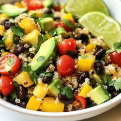 To make a tasty Quinoa Avocado Black Bean Salad, gather these ingredients: - 1 cup quinoa, rinsed - 2 cups vegetable broth or water - 1 can (15 oz) black beans, drained and rinsed - 1 ripe avocado, diced - 1 cup cherry tomatoes, halved - 1 small red onion, finely chopped - 1 yellow bell pepper, diced - 1/4 cup fresh cilantro, chopped - 1 lime, juiced - 3 tablespoons olive oil - 1 teaspoon ground cumin - Salt and pepper to taste Each ingredient adds its own special flavor. Quinoa gives the salad a fluffy base and is packed with protein. Black beans add a creamy texture and more protein. The ripe avocado brings healthy fats and a smooth taste. Cherry tomatoes add sweetness and vibrancy. Red onion gives a sharp bite, while yellow bell pepper adds crunch and color. Fresh cilantro adds brightness, and lime juice gives a zesty kick. Olive oil helps tie everything together while cumin adds warmth. You can adjust this recipe based on what you have. If you don’t have quinoa, try brown rice or farro. For black beans, you can use kidney beans or chickpeas. If avocado is not ripe, you can skip it or use diced cucumber instead. Instead of cherry tomatoes, diced regular tomatoes work well. You can swap out red onion for green onions for a milder taste. If you don’t have cilantro, parsley or basil can work, too. For a different flavor, try lemon juice instead of lime. {{ingredient_image_1}} To start, you need to cook the quinoa. First, bring 2 cups of vegetable broth or water to a boil in a medium pot. Next, rinse 1 cup of quinoa under cold water to remove any bitterness. Once the broth is boiling, add the rinsed quinoa. Lower the heat to a simmer and cover the pot. Let it cook for about 15 minutes. The quinoa will absorb all the liquid and become fluffy. After 15 minutes, remove the pot from heat. Let it cool for a few minutes. Then, fluff the quinoa with a fork to keep it light and airy. While the quinoa cools, it’s time to prepare the other ingredients. Start by draining and rinsing one can of black beans. Next, dice one ripe avocado into small pieces. Halve one cup of cherry tomatoes. Finely chop one small red onion. Dice one yellow bell pepper into small bits. Finally, chop 1/4 cup of fresh cilantro. Gather all these ingredients in a large mixing bowl. This mix will add color and flavor to your salad. Now, it’s time to combine everything. Add the cooled quinoa to the large bowl with the other ingredients. In a small bowl, whisk together the juice of one lime, 3 tablespoons of olive oil, 1 teaspoon of ground cumin, and some salt and pepper. Pour this dressing over the salad mixture. Gently toss everything together. Be careful not to mash the avocado. Taste the salad and adjust the seasoning if needed. If you want more flavor, add more salt, pepper, or lime juice. You can serve it right away or refrigerate it for 30 minutes. This helps the flavors blend even better. To cook quinoa perfectly, rinse it first. Rinsing removes bitter saponins. Next, bring 2 cups of vegetable broth or water to a boil in a medium pot. Add 1 cup of rinsed quinoa. Lower the heat to low, cover, and let it simmer for about 15 minutes. The quinoa is ready when it absorbs all the liquid and looks fluffy. Once done, let it cool for a few minutes. Fluff it gently with a fork to keep the grains separate. When mixing your salad, add the quinoa only after it cools. This prevents the avocado from browning too fast. First, combine the cooled quinoa with black beans, diced avocado, cherry tomatoes, red onion, yellow bell pepper, and cilantro in a large bowl. Pour the dressing over this mix. Use a gentle hand to toss the ingredients. Be careful not to mash the avocado. This keeps the salad looking fresh and vibrant. To enjoy the best flavor, serve this salad fresh. You can chill it for 30 minutes to let flavors deepen. For a nice touch, garnish the salad with extra cilantro and lime wedges. These add a burst of color and flavor. Try serving it in a large bowl or on individual plates. This way, everyone can enjoy this tasty dish in style. Pro Tips Rinse the Quinoa: Always rinse quinoa under cold water before cooking to remove its natural coating, called saponin, which can make it taste bitter. Perfect Avocado: To ensure your avocado is ripe but not overripe, gently press the skin. It should yield slightly but not feel mushy. Chill for Flavor: Allow the salad to chill in the refrigerator for at least 30 minutes before serving. This helps the flavors meld together beautifully. Customize Ingredients: Feel free to add other ingredients like corn, bell peppers, or jalapeños for added flavor and texture variations. {{image_2}} If you want to boost the protein in your salad, add cooked chicken, shrimp, or tofu. These options mix well and keep the salad tasty. You can also use nuts like walnuts or almonds for crunch. Each adds protein and a nice texture. This salad is already a great choice for both vegetarians and vegans. To keep it vegan, make sure your dressing is dairy-free. You can also swap the olive oil for avocado oil. Add extra veggies like corn or bell peppers to enhance the flavors. Using seasonal vegetables makes this salad even better. In summer, try fresh corn or zucchini. In fall, add roasted sweet potatoes or butternut squash. Each season brings new flavors. This keeps the salad fresh and exciting, no matter when you make it. To keep your quinoa avocado black bean salad fresh, store it in an airtight container. Make sure to place it in the fridge within two hours of making. This salad will stay good for about three days. The flavors will blend nicely during this time. Freezing this salad is not recommended. The avocado can turn brown and mushy when thawed. If you want to prepare it in advance, consider freezing the quinoa and beans separately. Use them in a fresh salad later. You can add fresh toppings after thawing. If you have leftovers, there’s no need to reheat the salad itself. Enjoy it cold for a refreshing taste. If you prefer warm quinoa, reheat only the quinoa portion in the microwave or on the stove. Mix the warm quinoa back into the salad just before serving. This salad can last about 3 to 5 days in the fridge. Keep it in a sealed container to maintain freshness. The quinoa and beans hold up well, but the avocado may brown over time. To slow this, you can add lime juice over the avocado. This keeps it bright and tasty longer! Yes, you can make this salad ahead of time. It tastes even better after sitting for a bit. Make it a few hours or even the night before. Just store it in the fridge. If you add the avocado right before serving, it stays fresh and green. If you mix it in early, just be sure to use lime juice to help keep it vibrant. This salad is packed with nutrients. Quinoa is a complete protein, meaning it has all nine essential amino acids. Black beans also add protein and fiber, which help keep you full. Avocado brings healthy fats and vitamins. The veggies add vitamins and minerals, while lime juice offers vitamin C. This salad is a tasty way to eat healthy! This blog post covered how to make a delicious quinoa salad. We explored key ingredients, including healthy swaps. I shared step-by-step cooking tips for perfect quinoa. You learned how to mix ingredients and when to serve the salad. We also discussed storage tips to keep it fresh. Lastly, I answered common questions about the salad's shelf life and nutrition. Try making this salad at home. Your taste buds will thank you!