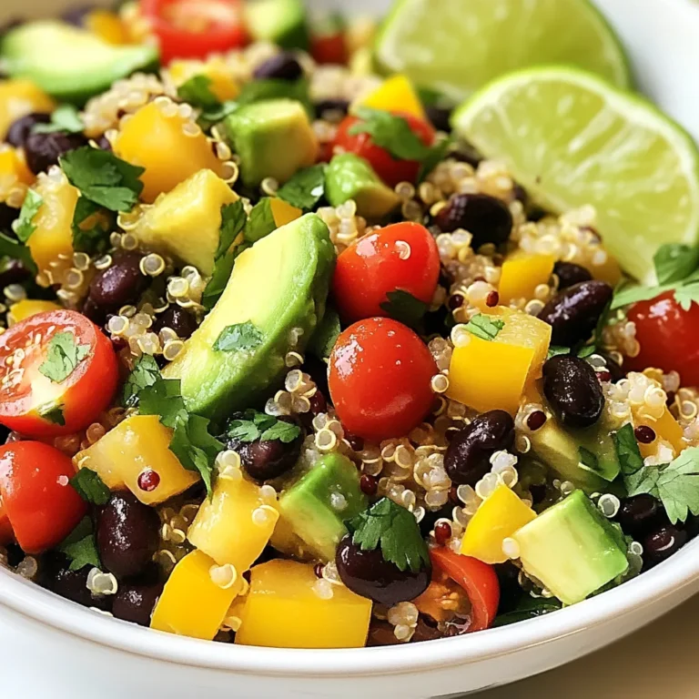 To make a tasty Quinoa Avocado Black Bean Salad, gather these ingredients: - 1 cup quinoa, rinsed - 2 cups vegetable broth or water - 1 can (15 oz) black beans, drained and rinsed - 1 ripe avocado, diced - 1 cup cherry tomatoes, halved - 1 small red onion, finely chopped - 1 yellow bell pepper, diced - 1/4 cup fresh cilantro, chopped - 1 lime, juiced - 3 tablespoons olive oil - 1 teaspoon ground cumin - Salt and pepper to taste Each ingredient adds its own special flavor. Quinoa gives the salad a fluffy base and is packed with protein. Black beans add a creamy texture and more protein. The ripe avocado brings healthy fats and a smooth taste. Cherry tomatoes add sweetness and vibrancy. Red onion gives a sharp bite, while yellow bell pepper adds crunch and color. Fresh cilantro adds brightness, and lime juice gives a zesty kick. Olive oil helps tie everything together while cumin adds warmth. You can adjust this recipe based on what you have. If you don’t have quinoa, try brown rice or farro. For black beans, you can use kidney beans or chickpeas. If avocado is not ripe, you can skip it or use diced cucumber instead. Instead of cherry tomatoes, diced regular tomatoes work well. You can swap out red onion for green onions for a milder taste. If you don’t have cilantro, parsley or basil can work, too. For a different flavor, try lemon juice instead of lime. {{ingredient_image_1}} To start, you need to cook the quinoa. First, bring 2 cups of vegetable broth or water to a boil in a medium pot. Next, rinse 1 cup of quinoa under cold water to remove any bitterness. Once the broth is boiling, add the rinsed quinoa. Lower the heat to a simmer and cover the pot. Let it cook for about 15 minutes. The quinoa will absorb all the liquid and become fluffy. After 15 minutes, remove the pot from heat. Let it cool for a few minutes. Then, fluff the quinoa with a fork to keep it light and airy. While the quinoa cools, it’s time to prepare the other ingredients. Start by draining and rinsing one can of black beans. Next, dice one ripe avocado into small pieces. Halve one cup of cherry tomatoes. Finely chop one small red onion. Dice one yellow bell pepper into small bits. Finally, chop 1/4 cup of fresh cilantro. Gather all these ingredients in a large mixing bowl. This mix will add color and flavor to your salad. Now, it’s time to combine everything. Add the cooled quinoa to the large bowl with the other ingredients. In a small bowl, whisk together the juice of one lime, 3 tablespoons of olive oil, 1 teaspoon of ground cumin, and some salt and pepper. Pour this dressing over the salad mixture. Gently toss everything together. Be careful not to mash the avocado. Taste the salad and adjust the seasoning if needed. If you want more flavor, add more salt, pepper, or lime juice. You can serve it right away or refrigerate it for 30 minutes. This helps the flavors blend even better. To cook quinoa perfectly, rinse it first. Rinsing removes bitter saponins. Next, bring 2 cups of vegetable broth or water to a boil in a medium pot. Add 1 cup of rinsed quinoa. Lower the heat to low, cover, and let it simmer for about 15 minutes. The quinoa is ready when it absorbs all the liquid and looks fluffy. Once done, let it cool for a few minutes. Fluff it gently with a fork to keep the grains separate. When mixing your salad, add the quinoa only after it cools. This prevents the avocado from browning too fast. First, combine the cooled quinoa with black beans, diced avocado, cherry tomatoes, red onion, yellow bell pepper, and cilantro in a large bowl. Pour the dressing over this mix. Use a gentle hand to toss the ingredients. Be careful not to mash the avocado. This keeps the salad looking fresh and vibrant. To enjoy the best flavor, serve this salad fresh. You can chill it for 30 minutes to let flavors deepen. For a nice touch, garnish the salad with extra cilantro and lime wedges. These add a burst of color and flavor. Try serving it in a large bowl or on individual plates. This way, everyone can enjoy this tasty dish in style. Pro Tips Rinse the Quinoa: Always rinse quinoa under cold water before cooking to remove its natural coating, called saponin, which can make it taste bitter. Perfect Avocado: To ensure your avocado is ripe but not overripe, gently press the skin. It should yield slightly but not feel mushy. Chill for Flavor: Allow the salad to chill in the refrigerator for at least 30 minutes before serving. This helps the flavors meld together beautifully. Customize Ingredients: Feel free to add other ingredients like corn, bell peppers, or jalapeños for added flavor and texture variations. {{image_2}} If you want to boost the protein in your salad, add cooked chicken, shrimp, or tofu. These options mix well and keep the salad tasty. You can also use nuts like walnuts or almonds for crunch. Each adds protein and a nice texture. This salad is already a great choice for both vegetarians and vegans. To keep it vegan, make sure your dressing is dairy-free. You can also swap the olive oil for avocado oil. Add extra veggies like corn or bell peppers to enhance the flavors. Using seasonal vegetables makes this salad even better. In summer, try fresh corn or zucchini. In fall, add roasted sweet potatoes or butternut squash. Each season brings new flavors. This keeps the salad fresh and exciting, no matter when you make it. To keep your quinoa avocado black bean salad fresh, store it in an airtight container. Make sure to place it in the fridge within two hours of making. This salad will stay good for about three days. The flavors will blend nicely during this time. Freezing this salad is not recommended. The avocado can turn brown and mushy when thawed. If you want to prepare it in advance, consider freezing the quinoa and beans separately. Use them in a fresh salad later. You can add fresh toppings after thawing. If you have leftovers, there’s no need to reheat the salad itself. Enjoy it cold for a refreshing taste. If you prefer warm quinoa, reheat only the quinoa portion in the microwave or on the stove. Mix the warm quinoa back into the salad just before serving. This salad can last about 3 to 5 days in the fridge. Keep it in a sealed container to maintain freshness. The quinoa and beans hold up well, but the avocado may brown over time. To slow this, you can add lime juice over the avocado. This keeps it bright and tasty longer! Yes, you can make this salad ahead of time. It tastes even better after sitting for a bit. Make it a few hours or even the night before. Just store it in the fridge. If you add the avocado right before serving, it stays fresh and green. If you mix it in early, just be sure to use lime juice to help keep it vibrant. This salad is packed with nutrients. Quinoa is a complete protein, meaning it has all nine essential amino acids. Black beans also add protein and fiber, which help keep you full. Avocado brings healthy fats and vitamins. The veggies add vitamins and minerals, while lime juice offers vitamin C. This salad is a tasty way to eat healthy! This blog post covered how to make a delicious quinoa salad. We explored key ingredients, including healthy swaps. I shared step-by-step cooking tips for perfect quinoa. You learned how to mix ingredients and when to serve the salad. We also discussed storage tips to keep it fresh. Lastly, I answered common questions about the salad's shelf life and nutrition. Try making this salad at home. Your taste buds will thank you!