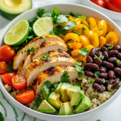 To make Cilantro Lime Quinoa Chicken Salad, gather these simple ingredients: - 1 cup quinoa, rinsed - 2 cups chicken broth (or water) - 2 boneless, skinless chicken breasts - 1 tablespoon olive oil - 1 teaspoon cumin - Salt and pepper to taste - 1 can (15 oz) black beans, drained and rinsed - 1 red bell pepper, diced - 1 cup cherry tomatoes, halved - 1 avocado, diced - 1/4 cup red onion, finely chopped - 1/4 cup fresh cilantro, chopped - Juice of 2 limes - Zest of 1 lime You can swap ingredients based on your taste or what you have at home. Here are some ideas: - Use vegetable broth instead of chicken broth for a vegetarian option. - Replace chicken with grilled shrimp or tofu for a different protein. - If you don’t have red bell pepper, try yellow or green peppers. - Lime juice can be swapped with lemon juice for a different citrus flavor. - Use green onions instead of red onion for a milder taste. This salad is not only tasty but also packed with nutrients. Here are the key ingredients and their benefits: - Quinoa: A great source of protein and fiber, quinoa supports heart health. - Chicken: Lean protein helps build and repair muscles. - Black Beans: Full of fiber and protein, black beans aid digestion and keep you full. - Avocado: Loaded with healthy fats, avocados are good for your heart and skin. - Cilantro: This herb has antioxidants and may help detox your body. - Limes: Rich in vitamin C, limes boost your immune system and enhance iron absorption. This salad is colorful, fresh, and full of flavors! You’ll love how it makes you feel. {{ingredient_image_1}} To cook quinoa, start by rinsing 1 cup of quinoa under cold water. This step removes any bitter taste. Next, in a medium saucepan, bring 2 cups of chicken broth or water to a boil. Add the rinsed quinoa and reduce the heat to low. Cover the saucepan and let it simmer for about 15 minutes. Check that all the liquid is absorbed. Once done, fluff the quinoa with a fork and let it cool for a few minutes. This base will add texture and flavor to your salad. While the quinoa cooks, it's time to prepare the chicken. Take 2 boneless, skinless chicken breasts and season them well. Rub olive oil, 1 teaspoon of cumin, salt, and pepper on both sides. Heat a skillet over medium heat and place the chicken in it. Cook for about 6-7 minutes on each side. You want the chicken to be golden brown and fully cooked. When it’s done, remove it from heat and let it rest for a few minutes before slicing. This resting time keeps the chicken juicy. Now, let’s bring everything together! In a large bowl, combine the cooled quinoa, 1 can of black beans (drained and rinsed), diced red bell pepper, halved cherry tomatoes, diced avocado, chopped red onion, and fresh cilantro. Slice the cooked chicken and place it on top of this colorful mix. In a small bowl, whisk the juice of 2 limes with the zest of 1 lime. Pour this dressing over the salad and toss gently. Be careful not to mash the avocado. Taste the salad and adjust the seasonings, adding more salt, pepper, or lime juice as you prefer. Enjoy your fresh and vibrant cilantro lime quinoa chicken salad! To make your cilantro lime quinoa chicken salad pop, consider these tips: - Fresh Herbs: Always use fresh cilantro. It adds bright flavor. Dried herbs do not work well here. - Zesty Lime: Use fresh limes for juice and zest. Bottled juice lacks the fresh taste you want. - Spices: Add more spices like smoked paprika or chili powder for depth. A pinch of cayenne can add heat. - Extra Crunch: Toss in some nuts or seeds. Toasted pumpkin seeds or slivered almonds work great. - Fruits: Try adding fruits like mango or pineapple. They bring a sweet twist to the dish. Avoid these common pitfalls to ensure your salad shines: - Overcooked Quinoa: Keep an eye on quinoa. Overcooking makes it mushy. Aim for a fluffy texture. - Undercooked Chicken: Always check that chicken is fully cooked. It should reach 165°F (75°C). - Too Much Lime: While lime adds flavor, too much can overpower. Start with less and add more to taste. - Mashing Avocado: When mixing, be gentle. You want avocado chunks, not mush. - Skipping Seasoning: Don’t forget to taste and season. Each ingredient needs flavor. The way you present your salad can elevate its appeal: - Serving Dish: Use a large, shallow bowl. This allows for a beautiful display of colors. - Layering: First, add the quinoa mix, then top it with sliced chicken. This creates height. - Garnishes: Add extra cilantro and lime wedges on top. They give a fresh look and hint at flavor. - Color Contrast: Use colorful veggies. The red bell pepper and cherry tomatoes add vibrancy. - Chill Before Serving: Let the salad sit for a bit in the fridge. This helps the flavors blend together. Pro Tips Cook Quinoa Perfectly: Make sure to rinse the quinoa thoroughly before cooking to remove its natural bitterness and achieve a fluffier texture. Flavorful Chicken: Marinate the chicken breasts for at least 30 minutes before cooking to enhance the flavors and keep the meat juicy. Fresh Ingredients: Use fresh lime juice and zest for the best flavor. Avoid bottled lime juice as it lacks vibrancy compared to fresh. Assemble Just Before Serving: To keep the avocado from browning, assemble the salad just before serving and add the lime dressing at that time. {{image_2}} To make this salad vegetarian, you can skip the chicken. Use a mix of lentils or chickpeas instead. These add protein and texture. They also pair well with the quinoa. If you want a vegan option, just swap the chicken broth for vegetable broth. You’ll still get a rich flavor. If you want more protein, try adding cooked shrimp or tofu. Both options blend well with the other ingredients. You can also mix in edamame or more beans. These options keep the meal filling and nutritious. Feel free to switch up the veggies. You can use corn, cucumber, or spinach. They all add color and crunch. For a different flavor, add some jalapeños for heat. You can even try different herbs like parsley or dill. It’s fun to mix and match based on what you have at home! Store your leftover cilantro lime quinoa chicken salad in an airtight container. This keeps air out and helps keep the salad fresh. You can store it in the fridge for up to three days. If you expect to eat it later, separate the chicken from the salad. This helps keep the chicken juicy. You can eat this salad cold or warm. For cold, just scoop it out of the fridge. If you want it warm, gently heat it on low in a skillet. Stir it often to avoid burning. You can also add a splash of broth if it feels dry. This adds extra flavor. The salad stays fresh for three days in the fridge. After that, check for any off smells or changes in color. If it smells sour or looks odd, discard it. To freeze, consider storing the quinoa and chicken separately. You can freeze them for up to three months. When ready, thaw in the fridge overnight before reheating. To make this salad gluten-free, use quinoa as your base. Quinoa is naturally gluten-free. Just make sure you rinse it well before cooking. If you use chicken broth, check the label. Some brands may contain gluten. Opt for a gluten-free broth or water instead. Yes, you can prepare this salad in advance. Cook the quinoa and chicken a day ahead. Let them cool and store them in the fridge. Mix the other ingredients, but add the avocado and dressing just before serving. This keeps everything fresh and vibrant. If you want to switch up the dressing, try a honey mustard or a balsamic vinaigrette. A yogurt-based dressing can add creaminess. You can even create a spicy dressing with chili lime flavors. Just remember to balance the flavors with lime juice and zest for that fresh kick. This blog post covered a complete guide for a delicious salad. We looked at key ingredients, cooking steps, and helpful tips. You learned about ingredient swaps and how to store leftovers. My final thought is that making this salad can be fun and easy. Feel free to try different flavors and enjoy your creation. With these steps, you can make a tasty dish each time.
