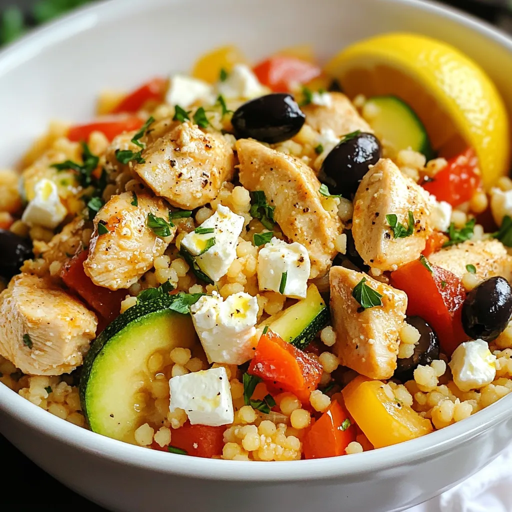 - 1 pound boneless, skinless chicken breasts, cut into bite-sized pieces - 1 cup couscous - 1 1/4 cups chicken broth - 1 medium red bell pepper, diced - 1 medium zucchini, diced - 1 cup cherry tomatoes, halved - 1/2 cup black olives, pitted and sliced - 1/4 cup feta cheese, crumbled - 1/4 cup fresh parsley, chopped - 3 tablespoons olive oil - 1 teaspoon dried oregano - 1 teaspoon garlic powder - Salt and pepper to taste - 1 tablespoon lemon juice Chicken breasts form the main protein in this dish. They are lean, juicy, and easy to cook. Couscous acts as a fluffy grain base. It absorbs flavors well and cooks quickly. The broth adds depth to the couscous, making it more savory. Red bell peppers give a sweet crunch, while zucchini adds moisture and color. Cherry tomatoes burst with flavor, enhancing the dish's freshness. Black olives introduce a briny taste that balances the dish. Feta cheese offers a creamy, tangy finish. Fresh parsley brightens the dish with color and flavor. Olive oil is essential for cooking and adds richness. Dried oregano and garlic powder bring classic Mediterranean flavors. Lemon juice adds a zesty kick, making the meal vibrant. You can swap chicken for tofu, chickpeas, or shrimp for a different protein. For gluten-free options, use quinoa instead of couscous. If you don’t like olives, try capers or simply leave them out. For a vegan twist, replace feta with a dairy-free cheese or avocado. If you can't find fresh parsley, dried herbs like basil or mint work too. {{ingredient_image_1}} To start, heat 2 tablespoons of olive oil in a large skillet over medium-high heat. Season 1 pound of bite-sized chicken pieces with salt, pepper, garlic powder, and dried oregano. Add the chicken to the skillet and sauté for 5 to 7 minutes. You want the chicken to be fully cooked and golden brown. Once done, take the chicken out and set it aside. Next, in the same skillet, add 1 diced red bell pepper, 1 diced zucchini, and 1 cup of halved cherry tomatoes. Sauté these veggies for about 4 to 5 minutes until they soften. Now, pour in 1 1/4 cups of chicken broth and bring it to a boil. When it boils, stir in 1 cup of couscous. Remove the skillet from the heat and cover it. Let it sit for 5 minutes to soak up the liquid. After 5 minutes, take a fork and fluff the couscous. Mix in the cooked chicken, 1/2 cup of sliced black olives, 1 tablespoon of lemon juice, and 1/4 cup of crumbled feta cheese. Drizzle 1 tablespoon of olive oil on top and sprinkle with chopped fresh parsley before serving. To cook chicken just right, use a meat thermometer. The internal temperature should reach 165°F. Cut the chicken into even pieces. This helps them cook evenly. Don't overcrowd the skillet. This can lead to steaming instead of browning. If needed, cook in batches for best results. Fluffing couscous is easy! After it sits for 5 minutes, take a fork and gently stir it. This separates the grains. Be careful not to mash it down. You want light, fluffy couscous, not a sticky mess. If it feels too dry, add a splash of broth to help. To make your Mediterranean chicken couscous truly shine, focus on seasoning. Start by generously adding salt and pepper to the chicken. Use fresh herbs when possible. Fresh parsley adds great taste. A squeeze of lemon juice brightens flavors and adds zest. Don't skip the feta cheese; it gives a creamy, tangy kick. Keep your veggies vibrant for both taste and color. A large skillet works best for this dish. It allows for even cooking and easy stirring. A good-quality knife makes chopping veggies simple and quick. Use a pot or another skillet for heating the chicken broth. Finally, a fork is key for fluffing the couscous perfectly. Invest in these tools, and your cooking will be easier and more fun. Prep your ingredients before cooking. Chop the veggies and chicken into bite-sized pieces first. This cuts down on cooking time. You can even cook the chicken ahead. Store it in the fridge until you're ready to make the dish. Use store-bought broth for a faster option. This way, you can enjoy a delicious meal in about 30 minutes. Pro Tips Marinate the Chicken: For extra flavor, marinate the chicken pieces in olive oil, lemon juice, and oregano for at least 30 minutes before cooking. Custom Vegetables: Feel free to substitute or add other vegetables like spinach or artichokes to personalize the dish according to your taste. Perfect Couscous: To achieve fluffy couscous, ensure that you let it steam covered for the full 5 minutes without lifting the lid. Cheese Variations: Experiment with different cheese types, such as goat cheese or Parmesan, for a unique twist on the dish. {{image_2}} You can change the protein in this dish easily. Swap chicken for shrimp or turkey. Both options add a new taste. You can also try chickpeas for a plant-based protein. They give a nice texture and soak up flavors well. If you want to go meatless, use more veggies. Add in spinach, broccoli, or eggplant. You can also use vegetable broth instead of chicken broth. This keeps the dish flavorful while making it vegan-friendly. To add more flavor, try different herbs. Fresh basil or mint can brighten the dish. You can also add cumin or paprika for warmth. A pinch of red pepper flakes will give it a nice kick. Experiment with what you like best! Store any leftover Mediterranean chicken couscous in an airtight container. Keep it in the fridge for up to three days. Make sure it has cooled before sealing. This prevents moisture loss and keeps flavors fresh. When reheating, add a splash of chicken broth or water. This helps keep the couscous moist. Use a microwave-safe dish and cover it with a lid or wrap. Heat in short bursts, stirring in between, until warm. This method helps avoid dry spots. You can freeze this dish for up to three months. To freeze, let it cool completely. Then, portion it into freezer-safe bags or containers. Remove as much air as possible. When ready to eat, thaw in the fridge overnight. Reheat thoroughly before serving. Avoid freezing with feta on top, as it may change texture. You can serve Mediterranean Chicken Couscous with several tasty sides. A fresh green salad pairs well. Consider a simple mix of lettuce, cucumbers, and olives. You can also serve pita bread with hummus for a nice touch. Grilled vegetables add color and flavor to the meal. For a refreshing drink, try a lemony iced tea or sparkling water. To make couscous fluffier, follow a few easy steps. First, use the right ratio of liquid to couscous. For every cup of couscous, use 1 and 1/4 cups of liquid. After cooking, let it sit for five minutes. This resting time helps the couscous absorb all the liquid. Finally, fluff it gently with a fork. This technique makes it light and airy. Yes, you can make this recipe ahead of time. Prepare the chicken and veggies, then store them in the fridge. You can cook the couscous just before serving. If you want to prepare it all, store the dish in an airtight container. When ready to eat, reheat it on the stove or in the microwave. This dish tastes great even after a day or two! This blog post covered important steps to make Mediterranean Chicken Couscous. We reviewed the ingredients, cooking instructions, and helpful tips to enhance flavor. We also explored protein options and ways to store leftovers. You now have all you need to create a tasty dish. My final thought is to have fun and be creative with your cooking. Enjoy the process, and don't be afraid to try new tricks!