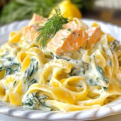 - 200g pasta (fettuccine or your choice) - 250g fresh salmon fillets, skinless - 2 cups fresh spinach, roughly chopped - 1 cup heavy cream - 1 cup vegetable or chicken broth - 2 cloves garlic, minced - 1 small onion, finely chopped - 1 tablespoon olive oil - 1 teaspoon lemon zest - 1 tablespoon lemon juice - Salt and pepper to taste - 1/4 cup grated Parmesan cheese (optional) - Fresh dill or parsley for garnish This dish shines with fresh ingredients. The salmon gives a rich flavor, while spinach adds color and nutrients. You can choose any pasta you like, but I find fettuccine holds the sauce nicely. Heavy cream makes the sauce creamy and smooth. If you want to cut calories, use a lighter cream or milk. The garlic and onion bring depth to the dish. The lemon zest and juice add a bright note, balancing the creaminess. Parmesan cheese is optional, but I recommend it for extra flavor. Fresh herbs like dill or parsley add a nice finish. Gathering these ingredients is easy. Most are common in any kitchen. With these simple items, you can create a meal that looks fancy but is quick to prepare. Just remember, using fresh ingredients makes a big difference in taste! {{ingredient_image_1}} To boil pasta properly, bring a large pot of salted water to a boil. Add the pasta and stir it well. Cook according to the package instructions until it is al dente, or firm to the bite. This usually takes about 8 to 10 minutes. Remember to reserve about 1/2 cup of pasta water before draining. This starchy water helps to thicken the sauce later. Start by sautéing the onion and garlic. In a large skillet, heat 1 tablespoon of olive oil over medium heat. Add the finely chopped onion and cook until it is soft, about 3 to 4 minutes. Then, add the minced garlic and stir for one minute. Next, season the salmon fillets with salt and pepper. Add them to the skillet and cook for about 4 to 5 minutes on each side until they are fully cooked. Remove the salmon from the skillet and let it cool slightly. Then, flake it into large pieces with a fork. In the same skillet, pour in 1 cup of vegetable or chicken broth. Bring it to a simmer. Next, add 1 cup of heavy cream, 1 teaspoon of lemon zest, and 1 tablespoon of lemon juice. Mix well and season with salt and pepper to taste. Now, add the 2 cups of chopped spinach to the sauce. Allow it to wilt for about 2 to 3 minutes. Finally, gently fold in the cooked pasta and flaked salmon. If the mixture is too thick, add reserved pasta water a little at a time until it reaches your desired creaminess. Enjoy your creamy salmon spinach pasta! Fettuccine works best for this dish. It holds the creamy sauce well. You can also use other types, like penne or spaghetti. Just ensure they cook al dente. This keeps the pasta firm and tasty. After cooking the salmon, let it cool for a bit. Use a fork to flake it into large pieces. Make sure to remove any bones you find. Flaking while it's warm makes it easier and keeps it tender. If your sauce is too thick, add some reserved pasta water. Do this slowly until you find the right creaminess. If it's too thin, let it simmer longer. This helps to thicken the sauce naturally. Adjusting the creaminess can make the dish just right for you. Pro Tips Choose the Right Pasta: Opt for fettuccine or other flat pasta shapes that hold the creamy sauce well, enhancing the overall flavor of the dish. Fresh Salmon is Key: Using fresh salmon fillets will give you the best flavor and texture. If fresh is not available, thawed frozen salmon works too. Adjust the Creaminess: If you prefer a lighter sauce, reduce the amount of heavy cream and replace it with additional broth or a splash of white wine. Herbs Make a Difference: Fresh dill or parsley not only adds color but also a burst of flavor. Don’t skip this garnish for the best presentation and taste! {{image_2}} You can easily change the salmon in this dish. Chicken or shrimp works well. For chicken, use boneless thighs or breasts. Cook them until golden, then slice or shred. If using shrimp, cook them until they turn pink and curl up. Both options taste great in a creamy sauce. Want to boost your meal with more veggies? You can add bell peppers, mushrooms, or broccoli. Just chop them and sauté them with the onion and garlic. These vegetables add color and flavor to your dish. They also give you extra nutrients, making your meal even healthier. To make this dish gluten-free, swap regular pasta for gluten-free pasta. Many brands offer great options made from rice or quinoa. Check the cooking time, as it may vary. You can also use spiralized zucchini for a low-carb option. This keeps your meal light and delicious! To keep your creamy salmon spinach pasta fresh, store it in an airtight container. Make sure to let it cool before sealing it. Place the container in the fridge. This dish can last for up to three days. If you want to enjoy it later, avoid adding the garnishes before storing. You can freeze this pasta dish, but it may lose some creaminess. To freeze, let the dish cool completely. Portion it into freezer-safe bags or containers. Label them with the date. You can freeze it for up to three months. When you're ready to eat, thaw it in the fridge overnight before reheating. To maintain the dish's creaminess, reheat it gently. Use a skillet over low heat. Add a splash of broth or cream to help bring back the texture. Stir often to prevent sticking. You can also microwave it, but do so in short bursts to avoid overcooking. Enjoy your creamy salmon spinach pasta, just like fresh! Yes, you can use frozen salmon. Just make sure to thaw it first. You can do this in the fridge overnight or use the defrost setting on your microwave. Once thawed, pat it dry before cooking. This helps it cook evenly and keeps it tender. If you want a lighter option, use half-and-half or whole milk mixed with a bit of flour. You can also try coconut cream for a dairy-free choice. Blend it with some broth for a creamy texture. Silken tofu blended until smooth is another great option. The salmon is done when it flakes easily with a fork. It should be opaque and no longer translucent. Use a food thermometer for precise cooking. The internal temperature should reach 145°F (63°C). Always check to avoid undercooking or overcooking the fish. This recipe combines simple, fresh ingredients to create a delicious meal. You learned how to prepare salmon and pasta with a creamy sauce. I shared tips for storage and offered variations to suit your taste. Remember, cooking should be fun and easy. Don’t hesitate to experiment with your favorite flavors. Enjoy creating this dish and sharing it with others!