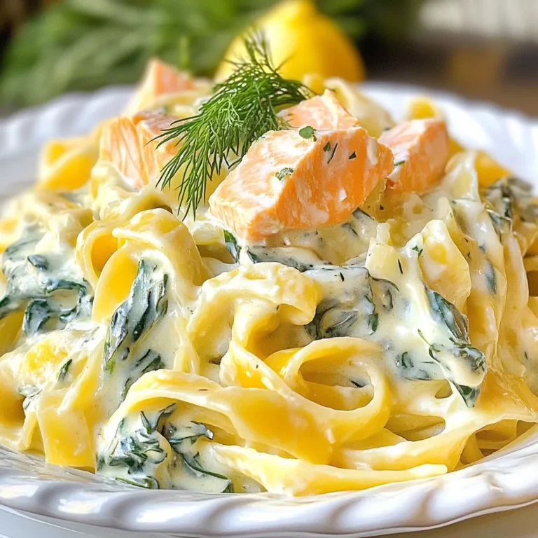 - 200g pasta (fettuccine or your choice) - 250g fresh salmon fillets, skinless - 2 cups fresh spinach, roughly chopped - 1 cup heavy cream - 1 cup vegetable or chicken broth - 2 cloves garlic, minced - 1 small onion, finely chopped - 1 tablespoon olive oil - 1 teaspoon lemon zest - 1 tablespoon lemon juice - Salt and pepper to taste - 1/4 cup grated Parmesan cheese (optional) - Fresh dill or parsley for garnish This dish shines with fresh ingredients. The salmon gives a rich flavor, while spinach adds color and nutrients. You can choose any pasta you like, but I find fettuccine holds the sauce nicely. Heavy cream makes the sauce creamy and smooth. If you want to cut calories, use a lighter cream or milk. The garlic and onion bring depth to the dish. The lemon zest and juice add a bright note, balancing the creaminess. Parmesan cheese is optional, but I recommend it for extra flavor. Fresh herbs like dill or parsley add a nice finish. Gathering these ingredients is easy. Most are common in any kitchen. With these simple items, you can create a meal that looks fancy but is quick to prepare. Just remember, using fresh ingredients makes a big difference in taste! {{ingredient_image_1}} To boil pasta properly, bring a large pot of salted water to a boil. Add the pasta and stir it well. Cook according to the package instructions until it is al dente, or firm to the bite. This usually takes about 8 to 10 minutes. Remember to reserve about 1/2 cup of pasta water before draining. This starchy water helps to thicken the sauce later. Start by sautéing the onion and garlic. In a large skillet, heat 1 tablespoon of olive oil over medium heat. Add the finely chopped onion and cook until it is soft, about 3 to 4 minutes. Then, add the minced garlic and stir for one minute. Next, season the salmon fillets with salt and pepper. Add them to the skillet and cook for about 4 to 5 minutes on each side until they are fully cooked. Remove the salmon from the skillet and let it cool slightly. Then, flake it into large pieces with a fork. In the same skillet, pour in 1 cup of vegetable or chicken broth. Bring it to a simmer. Next, add 1 cup of heavy cream, 1 teaspoon of lemon zest, and 1 tablespoon of lemon juice. Mix well and season with salt and pepper to taste. Now, add the 2 cups of chopped spinach to the sauce. Allow it to wilt for about 2 to 3 minutes. Finally, gently fold in the cooked pasta and flaked salmon. If the mixture is too thick, add reserved pasta water a little at a time until it reaches your desired creaminess. Enjoy your creamy salmon spinach pasta! Fettuccine works best for this dish. It holds the creamy sauce well. You can also use other types, like penne or spaghetti. Just ensure they cook al dente. This keeps the pasta firm and tasty. After cooking the salmon, let it cool for a bit. Use a fork to flake it into large pieces. Make sure to remove any bones you find. Flaking while it's warm makes it easier and keeps it tender. If your sauce is too thick, add some reserved pasta water. Do this slowly until you find the right creaminess. If it's too thin, let it simmer longer. This helps to thicken the sauce naturally. Adjusting the creaminess can make the dish just right for you. Pro Tips Choose the Right Pasta: Opt for fettuccine or other flat pasta shapes that hold the creamy sauce well, enhancing the overall flavor of the dish. Fresh Salmon is Key: Using fresh salmon fillets will give you the best flavor and texture. If fresh is not available, thawed frozen salmon works too. Adjust the Creaminess: If you prefer a lighter sauce, reduce the amount of heavy cream and replace it with additional broth or a splash of white wine. Herbs Make a Difference: Fresh dill or parsley not only adds color but also a burst of flavor. Don’t skip this garnish for the best presentation and taste! {{image_2}} You can easily change the salmon in this dish. Chicken or shrimp works well. For chicken, use boneless thighs or breasts. Cook them until golden, then slice or shred. If using shrimp, cook them until they turn pink and curl up. Both options taste great in a creamy sauce. Want to boost your meal with more veggies? You can add bell peppers, mushrooms, or broccoli. Just chop them and sauté them with the onion and garlic. These vegetables add color and flavor to your dish. They also give you extra nutrients, making your meal even healthier. To make this dish gluten-free, swap regular pasta for gluten-free pasta. Many brands offer great options made from rice or quinoa. Check the cooking time, as it may vary. You can also use spiralized zucchini for a low-carb option. This keeps your meal light and delicious! To keep your creamy salmon spinach pasta fresh, store it in an airtight container. Make sure to let it cool before sealing it. Place the container in the fridge. This dish can last for up to three days. If you want to enjoy it later, avoid adding the garnishes before storing. You can freeze this pasta dish, but it may lose some creaminess. To freeze, let the dish cool completely. Portion it into freezer-safe bags or containers. Label them with the date. You can freeze it for up to three months. When you're ready to eat, thaw it in the fridge overnight before reheating. To maintain the dish's creaminess, reheat it gently. Use a skillet over low heat. Add a splash of broth or cream to help bring back the texture. Stir often to prevent sticking. You can also microwave it, but do so in short bursts to avoid overcooking. Enjoy your creamy salmon spinach pasta, just like fresh! Yes, you can use frozen salmon. Just make sure to thaw it first. You can do this in the fridge overnight or use the defrost setting on your microwave. Once thawed, pat it dry before cooking. This helps it cook evenly and keeps it tender. If you want a lighter option, use half-and-half or whole milk mixed with a bit of flour. You can also try coconut cream for a dairy-free choice. Blend it with some broth for a creamy texture. Silken tofu blended until smooth is another great option. The salmon is done when it flakes easily with a fork. It should be opaque and no longer translucent. Use a food thermometer for precise cooking. The internal temperature should reach 145°F (63°C). Always check to avoid undercooking or overcooking the fish. This recipe combines simple, fresh ingredients to create a delicious meal. You learned how to prepare salmon and pasta with a creamy sauce. I shared tips for storage and offered variations to suit your taste. Remember, cooking should be fun and easy. Don’t hesitate to experiment with your favorite flavors. Enjoy creating this dish and sharing it with others!