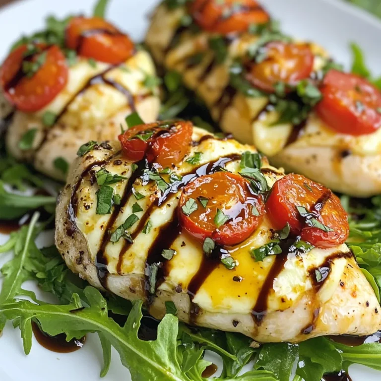 - 4 boneless, skinless chicken breasts - 1 cup fresh mozzarella cheese, diced - 1 cup cherry tomatoes, halved - 1/2 cup fresh basil leaves, chopped - 2 tablespoons balsamic glaze - 1 tablespoon olive oil - 2 cloves garlic, minced - Salt and pepper to taste - 1 teaspoon Italian seasoning To make Caprese stuffed chicken, you need simple, fresh ingredients. The chicken breasts serve as a tasty pocket for the filling. The mozzarella cheese adds creaminess, while cherry tomatoes bring sweetness and brightness. Fresh basil gives a lovely aroma, and balsamic glaze enhances the flavor. Garlic adds depth, while salt, pepper, and Italian seasoning complete the taste. If you want to switch things up, try different cheeses. Goat cheese or feta can work well too. For herbs, you can use dried basil and oregano if fresh isn't available. Just remember, dried herbs are stronger, so use less. For cutting your chicken, a sharp chef's knife works best. It makes creating pockets easy. I recommend a heavy skillet for cooking. A cast-iron skillet can give the chicken a nice sear and is safe for the oven. {{ingredient_image_1}} To prepare the filling, start by mixing your ingredients in a bowl. You need: - 1 cup fresh mozzarella cheese, diced - 1 cup cherry tomatoes, halved - 1/2 cup fresh basil leaves, chopped - 2 tablespoons balsamic glaze - 2 cloves garlic, minced - Salt and pepper to taste - 1 teaspoon Italian seasoning Mix these items well. You want the cheese, tomatoes, and basil to blend. The mixture should be moist but not runny. If it feels too dry, add a bit more balsamic glaze. This filling will bring a burst of flavor to your chicken. Next, you will stuff the chicken breasts. Use a sharp knife to create a pocket in each breast. Slice it horizontally, but do not cut all the way through. You want it to hold the filling inside. Now, for the filling. Use a spoon to add the mixture into the pocket. Pack it tight, but don’t overflow. If it spills out, it can burn during cooking. Getting this right will make your dish look and taste great. For the cooking, start by searing the chicken. Heat a tablespoon of olive oil in a large oven-safe skillet over medium heat. Once hot, add the stuffed chicken breasts. Cook for about 4-5 minutes on each side. Look for a golden-brown color. After searing, it’s time to bake. Preheat your oven to 375°F (190°C). Transfer the skillet to the oven. Bake for 20-25 minutes. You want the chicken to reach an internal temperature of 165°F (75°C). This ensures it's safe to eat and juicy. Let the chicken rest for 5 minutes before slicing. This keeps it tender and flavorful. To ensure juicy chicken, always use a meat thermometer. Cook the chicken until it hits 165°F (75°C). This keeps it moist and safe to eat. Avoid overcooking by watching the time closely. Sear the chicken for just 4-5 minutes on each side. Then, finish it in the oven. This method locks in flavors and juices. For serving ideas, place the stuffed chicken on a bed of fresh arugula. This adds color and flavor. You can also serve it with a light salad. Drizzle extra balsamic glaze on top for a beautiful finish. Garnish with extra basil leaves for a pop of green. This makes your dish look restaurant-worthy. One common mistake is overstuffing the chicken. If you pack it too tight, the filling can spill out. Instead, fill each pocket generously, but leave some room. Another mistake is forgetting to rest the chicken. Let it sit for 5 minutes after baking. This helps the juices redistribute, making each bite tender and flavorful. Pro Tips Use Fresh Ingredients: For the best flavor, always opt for fresh mozzarella, ripe cherry tomatoes, and vibrant basil leaves. Seal the Pockets: After stuffing the chicken, you can secure the openings with toothpicks to prevent the filling from leaking during cooking. Let it Rest: Allow the chicken to rest for a few minutes after baking. This helps the juices redistribute, ensuring tender and juicy meat. Experiment with Seasonings: Feel free to add your favorite herbs or spices to the filling for a unique twist; try adding crushed red pepper for a bit of heat! {{image_2}} You can add sun-dried tomatoes to your filling. This ingredient brings a rich, sweet taste. It also adds a chewy texture that contrasts with the creamy mozzarella. You might want to use different cheese types too. Try goat cheese for a tangy kick. Or, use sharp cheddar for a bold flavor. Each cheese can change the whole dish. Pair your Caprese stuffed chicken with various sides. A fresh arugula salad works great. The peppery flavor of arugula complements the chicken. You can also serve it with garlic bread. This adds a crunchy texture that everyone loves. Transforming the dish into a salad is easy. Slice the stuffed chicken and place it over mixed greens. Add some cherry tomatoes and drizzle with balsamic glaze. This makes a light and tasty meal. To make this dish gluten-free, simply check your ingredients. Most items, like chicken and veggies, are fine. Just ensure your balsamic glaze has no gluten. For low-carb options, skip the bread sides. Instead, add more veggies. You can serve it with steamed broccoli or zucchini noodles. This keeps the meal light but still very filling. To keep your Caprese stuffed chicken fresh, use an airtight container. Glass or plastic containers work well. Store it in the fridge for up to three days. After that, the chicken may lose its taste and texture. When you reheat stuffed chicken, aim for the oven or stovetop. This keeps the chicken juicy. For oven reheating, set it to 350°F (175°C). Heat for 15-20 minutes. On the stovetop, use low heat and cover the pan. Always check the chicken's internal temperature. It should reach 165°F (75°C) for safe eating. To freeze stuffed chicken, wrap each piece tightly in plastic wrap. Then place them in a freezer bag. This helps prevent freezer burn. Stuffed chicken can last in the freezer for up to three months. When ready to cook, thaw it in the fridge overnight. For best results, avoid thawing in the microwave. This can affect the texture. To know if the chicken is done, check its internal temperature. Use a meat thermometer. The chicken must reach 165°F (75°C) to be safe to eat. This ensures that harmful bacteria are killed. Always check the thickest part of the chicken breast. If you don't have a thermometer, cut into the chicken. The juices should run clear, not pink. Yes, you can prepare Caprese stuffed chicken ahead of time. Assemble the stuffed chicken and place it in the fridge. You can keep it there for up to 24 hours. This allows the flavors to blend well. When you're ready to cook, just follow the cooking steps. If you want to freeze it, wrap it tightly in plastic. It will last three months in the freezer. Caprese stuffed chicken pairs well with many sides. Here are some great options: - Fresh salad: A light green salad complements the chicken's flavors. - Roasted vegetables: Carrots, zucchini, or bell peppers add color and taste. - Garlic bread: This is perfect for soaking up the balsamic glaze. - Rice or quinoa: These grains give a hearty contrast to the chicken. These sides enhance the meal and make it more satisfying. In this post, we explored how to make Caprese Stuffed Chicken. We covered ingredients, tools, cooking steps, and helpful tips to achieve great results. You learned about substitutions, different flavor options, and how to store leftovers. Enjoy your time in the kitchen! Cooking can be fun and easy with the right knowledge. Remember these tips for a tasty dish that pleases everyone. Happy cooking!