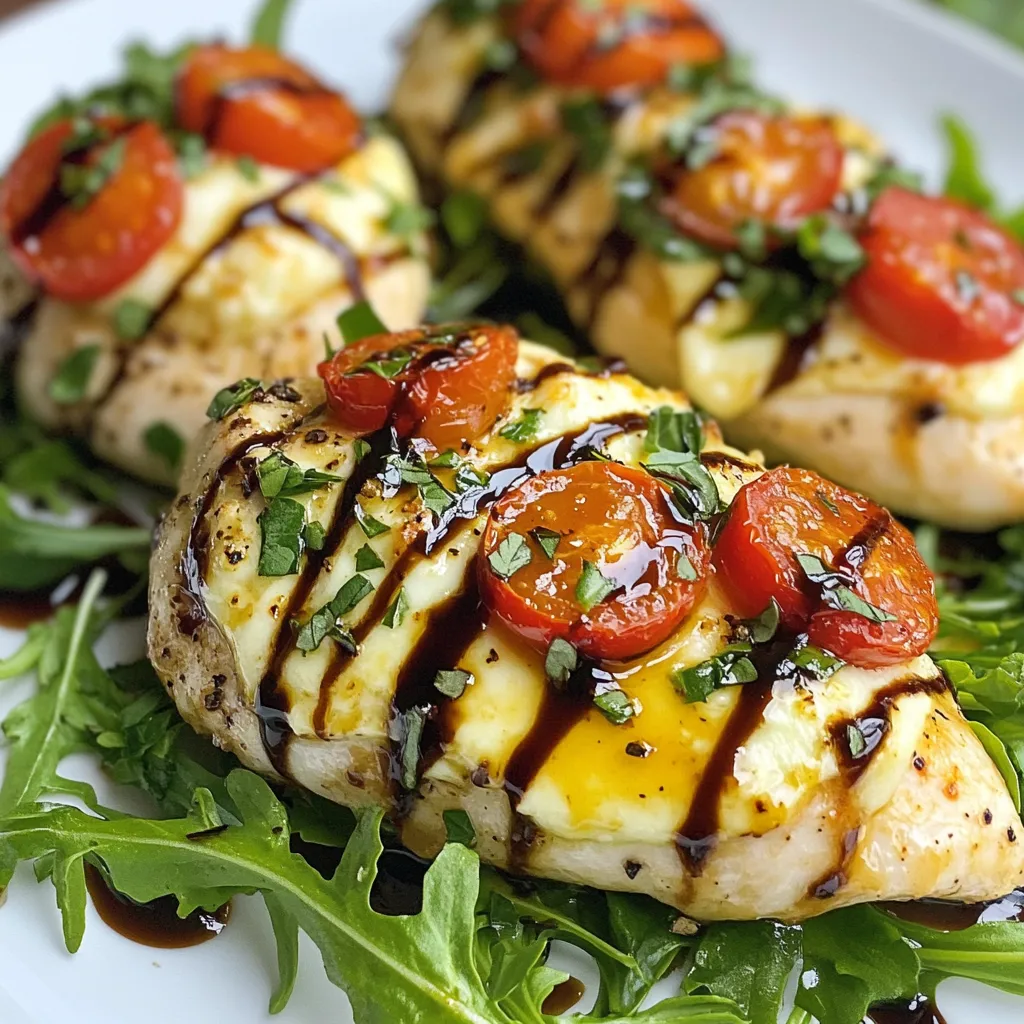 - 4 boneless, skinless chicken breasts - 1 cup fresh mozzarella cheese, diced - 1 cup cherry tomatoes, halved - 1/2 cup fresh basil leaves, chopped - 2 tablespoons balsamic glaze - 1 tablespoon olive oil - 2 cloves garlic, minced - Salt and pepper to taste - 1 teaspoon Italian seasoning To make Caprese stuffed chicken, you need simple, fresh ingredients. The chicken breasts serve as a tasty pocket for the filling. The mozzarella cheese adds creaminess, while cherry tomatoes bring sweetness and brightness. Fresh basil gives a lovely aroma, and balsamic glaze enhances the flavor. Garlic adds depth, while salt, pepper, and Italian seasoning complete the taste. If you want to switch things up, try different cheeses. Goat cheese or feta can work well too. For herbs, you can use dried basil and oregano if fresh isn't available. Just remember, dried herbs are stronger, so use less. For cutting your chicken, a sharp chef's knife works best. It makes creating pockets easy. I recommend a heavy skillet for cooking. A cast-iron skillet can give the chicken a nice sear and is safe for the oven. {{ingredient_image_1}} To prepare the filling, start by mixing your ingredients in a bowl. You need: - 1 cup fresh mozzarella cheese, diced - 1 cup cherry tomatoes, halved - 1/2 cup fresh basil leaves, chopped - 2 tablespoons balsamic glaze - 2 cloves garlic, minced - Salt and pepper to taste - 1 teaspoon Italian seasoning Mix these items well. You want the cheese, tomatoes, and basil to blend. The mixture should be moist but not runny. If it feels too dry, add a bit more balsamic glaze. This filling will bring a burst of flavor to your chicken. Next, you will stuff the chicken breasts. Use a sharp knife to create a pocket in each breast. Slice it horizontally, but do not cut all the way through. You want it to hold the filling inside. Now, for the filling. Use a spoon to add the mixture into the pocket. Pack it tight, but don’t overflow. If it spills out, it can burn during cooking. Getting this right will make your dish look and taste great. For the cooking, start by searing the chicken. Heat a tablespoon of olive oil in a large oven-safe skillet over medium heat. Once hot, add the stuffed chicken breasts. Cook for about 4-5 minutes on each side. Look for a golden-brown color. After searing, it’s time to bake. Preheat your oven to 375°F (190°C). Transfer the skillet to the oven. Bake for 20-25 minutes. You want the chicken to reach an internal temperature of 165°F (75°C). This ensures it's safe to eat and juicy. Let the chicken rest for 5 minutes before slicing. This keeps it tender and flavorful. To ensure juicy chicken, always use a meat thermometer. Cook the chicken until it hits 165°F (75°C). This keeps it moist and safe to eat. Avoid overcooking by watching the time closely. Sear the chicken for just 4-5 minutes on each side. Then, finish it in the oven. This method locks in flavors and juices. For serving ideas, place the stuffed chicken on a bed of fresh arugula. This adds color and flavor. You can also serve it with a light salad. Drizzle extra balsamic glaze on top for a beautiful finish. Garnish with extra basil leaves for a pop of green. This makes your dish look restaurant-worthy. One common mistake is overstuffing the chicken. If you pack it too tight, the filling can spill out. Instead, fill each pocket generously, but leave some room. Another mistake is forgetting to rest the chicken. Let it sit for 5 minutes after baking. This helps the juices redistribute, making each bite tender and flavorful. Pro Tips Use Fresh Ingredients: For the best flavor, always opt for fresh mozzarella, ripe cherry tomatoes, and vibrant basil leaves. Seal the Pockets: After stuffing the chicken, you can secure the openings with toothpicks to prevent the filling from leaking during cooking. Let it Rest: Allow the chicken to rest for a few minutes after baking. This helps the juices redistribute, ensuring tender and juicy meat. Experiment with Seasonings: Feel free to add your favorite herbs or spices to the filling for a unique twist; try adding crushed red pepper for a bit of heat! {{image_2}} You can add sun-dried tomatoes to your filling. This ingredient brings a rich, sweet taste. It also adds a chewy texture that contrasts with the creamy mozzarella. You might want to use different cheese types too. Try goat cheese for a tangy kick. Or, use sharp cheddar for a bold flavor. Each cheese can change the whole dish. Pair your Caprese stuffed chicken with various sides. A fresh arugula salad works great. The peppery flavor of arugula complements the chicken. You can also serve it with garlic bread. This adds a crunchy texture that everyone loves. Transforming the dish into a salad is easy. Slice the stuffed chicken and place it over mixed greens. Add some cherry tomatoes and drizzle with balsamic glaze. This makes a light and tasty meal. To make this dish gluten-free, simply check your ingredients. Most items, like chicken and veggies, are fine. Just ensure your balsamic glaze has no gluten. For low-carb options, skip the bread sides. Instead, add more veggies. You can serve it with steamed broccoli or zucchini noodles. This keeps the meal light but still very filling. To keep your Caprese stuffed chicken fresh, use an airtight container. Glass or plastic containers work well. Store it in the fridge for up to three days. After that, the chicken may lose its taste and texture. When you reheat stuffed chicken, aim for the oven or stovetop. This keeps the chicken juicy. For oven reheating, set it to 350°F (175°C). Heat for 15-20 minutes. On the stovetop, use low heat and cover the pan. Always check the chicken's internal temperature. It should reach 165°F (75°C) for safe eating. To freeze stuffed chicken, wrap each piece tightly in plastic wrap. Then place them in a freezer bag. This helps prevent freezer burn. Stuffed chicken can last in the freezer for up to three months. When ready to cook, thaw it in the fridge overnight. For best results, avoid thawing in the microwave. This can affect the texture. To know if the chicken is done, check its internal temperature. Use a meat thermometer. The chicken must reach 165°F (75°C) to be safe to eat. This ensures that harmful bacteria are killed. Always check the thickest part of the chicken breast. If you don't have a thermometer, cut into the chicken. The juices should run clear, not pink. Yes, you can prepare Caprese stuffed chicken ahead of time. Assemble the stuffed chicken and place it in the fridge. You can keep it there for up to 24 hours. This allows the flavors to blend well. When you're ready to cook, just follow the cooking steps. If you want to freeze it, wrap it tightly in plastic. It will last three months in the freezer. Caprese stuffed chicken pairs well with many sides. Here are some great options: - Fresh salad: A light green salad complements the chicken's flavors. - Roasted vegetables: Carrots, zucchini, or bell peppers add color and taste. - Garlic bread: This is perfect for soaking up the balsamic glaze. - Rice or quinoa: These grains give a hearty contrast to the chicken. These sides enhance the meal and make it more satisfying. In this post, we explored how to make Caprese Stuffed Chicken. We covered ingredients, tools, cooking steps, and helpful tips to achieve great results. You learned about substitutions, different flavor options, and how to store leftovers. Enjoy your time in the kitchen! Cooking can be fun and easy with the right knowledge. Remember these tips for a tasty dish that pleases everyone. Happy cooking!