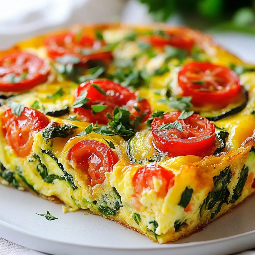 To make a delicious Loaded Veggie Frittata, gather these fresh ingredients: - 6 large eggs - 1/4 cup milk (dairy or non-dairy) - 1 cup spinach, chopped - 1 red bell pepper, diced - 1 small zucchini, diced - 1/2 cup cherry tomatoes, halved - 1/2 cup onion, diced - 1/2 cup cheese (cheddar, feta, or a vegan alternative) - 3 tablespoons olive oil - Salt and pepper to taste - Fresh herbs (basil, parsley, or chives) for garnish These ingredients work well together to create a tasty and colorful dish. Cheese adds creaminess and flavor to your frittata. Here are some great choices: - Cheddar: A classic that melts well and adds sharpness. - Feta: This cheese gives a tangy flavor and a crumbly texture. - Vegan cheese: If you prefer a dairy-free option, use a plant-based cheese. Feel free to mix and match these cheeses to find your favorite flavor. If you have dietary needs, you can still enjoy this frittata. Here are some swaps: - Use egg substitutes like aquafaba or flaxseed meal for a vegan option. - Choose non-dairy milk like almond or oat milk for lactose-free. - Replace cheese with nutritional yeast for a cheesy flavor without dairy. These alternatives help you enjoy the frittata while respecting your diet. {{ingredient_image_1}} Start by gathering your veggies. Fresh ingredients make the frittata shine. Chop 1 cup of spinach, dice 1 red bell pepper, and 1 small zucchini. Halve 1/2 cup of cherry tomatoes and dice 1/2 cup of onion. The colors will make your dish pop. I like to have everything ready before I cook. This saves time and keeps things organized. In a large bowl, crack 6 large eggs. Add 1/4 cup of milk, either dairy or non-dairy. Whisk these together until smooth. Don’t forget to season with salt and pepper. This step is key to a flavorful frittata. You want every bite to taste great. Heat 2 tablespoons of olive oil in an oven-safe skillet over medium heat. Add the diced onion and sauté for about 3-4 minutes. The onion should look clear. Next, toss in the red bell pepper, zucchini, and spinach. Cook these for another 3-5 minutes, until soft. Stir in the halved cherry tomatoes. Now, pour the egg mixture over the veggies. Cook for about 2-3 minutes on the stove. You want the edges to start setting. Sprinkle your choice of cheese on top. Carefully transfer the skillet to a preheated oven at 375°F (190°C). Bake for 15-20 minutes. The center should be set and puffed. A toothpick in the middle should come out clean. After baking, let it cool for a few minutes. Slice it up and serve warm. You can garnish with fresh herbs like basil or chives. Enjoy your delicious Loaded Veggie Frittata! To get a great texture, use fresh eggs. Fresh eggs make your frittata fluffy. Whisk the eggs and milk well. Mix until you see no more bubbles. This helps incorporate air. Cook your frittata slowly. A lower heat allows for even cooking. This keeps the frittata from being dry. Use an oven-safe skillet to cook your frittata. Start on the stove to set the edges. Once the edges firm up, transfer it to the oven. Baking helps it rise and cook through. Keep an eye on the time. Check if a toothpick comes out clean. This shows it’s ready to eat. Garnish makes your frittata look fancy. Use fresh herbs like basil, parsley, or chives. They add color and taste. You can sprinkle cheese on top before serving. A dollop of yogurt or sour cream works well too. Serve on a bright plate for a fun look. Enjoy your beautiful, loaded veggie frittata! Pro Tips Use Fresh Herbs: Fresh herbs like basil, parsley, or chives can elevate the flavor of your frittata. Add them just before serving for the best taste. Customize Your Veggies: Feel free to substitute or add any of your favorite vegetables based on what's in season or what you have on hand. Check for Doneness: For the perfect frittata, insert a toothpick in the center; it should come out clean when fully cooked. Let it Rest: Allow the frittata to rest for a few minutes after baking. This helps it set and makes slicing easier. {{image_2}} You can make a vegan frittata using simple swaps. Replace the eggs with chickpea flour. Mix 1 cup of chickpea flour with 1 cup of water and season well. This mix forms a great base. Use non-dairy milk instead of regular milk for creaminess. Add nutritional yeast to give a cheesy flavor without dairy. Using seasonal veggies makes your frittata shine. In spring, try asparagus and peas for a fresh taste. Summer calls for zucchini and bell peppers, packed with flavor. In fall, add sweet potatoes or butternut squash for warmth. Winter is perfect for hearty greens like kale and collards. The key is to mix colors and textures. Get creative with flavors to keep things exciting. Try adding smoked paprika for a smoky punch. Fresh herbs like dill or cilantro can brighten up the dish. For a spicy kick, toss in some diced jalapeños. You can even mix in different cheeses for unique tastes, like goat cheese or pepper jack. Each combination adds a new twist to your frittata. To keep your leftover frittata fresh, let it cool first. Once cooled, place it in an airtight container. You can store it in the fridge for up to three days. If you want to save it for longer, consider freezing it. To reheat your frittata, you can use the oven or microwave. For the oven, place slices on a baking sheet. Heat at 350°F (175°C) for about 10-15 minutes. If you prefer the microwave, heat a slice for 1-2 minutes. Make sure it is hot all the way through. Freezing frittata is easy! Cut it into slices and wrap each slice in plastic wrap. Then, place the wrapped slices in a freezer-safe bag. This way, you can grab a slice anytime. It will last in the freezer for up to three months. When ready to eat, thaw in the fridge overnight before reheating. Yes, you can make the Loaded Veggie Frittata ahead of time. This dish tastes great warm or cold. I often cook it the night before a busy day. Just store it in the fridge in an airtight container. When you're ready to eat, you can enjoy it straight from the fridge or warm it up. A frittata and an omelet are both egg dishes, but they differ in style. An omelet is folded and often filled with ingredients. A frittata mixes the ingredients right into the egg. This makes a frittata thicker and more filling. You can also bake a frittata, while omelets cook on the stovetop. The Loaded Veggie Frittata will last about 3 to 4 days in the fridge. Store it in an airtight container to keep it fresh. If you want to keep it longer, consider freezing it. Just make sure to slice it before freezing for easy servings later. Yes, you can use frozen vegetables in the frittata. They save time and reduce prep work. Just thaw and drain them well before adding to the dish. This way, your frittata won’t become watery. Frozen veggies work well and can add great flavor! We covered how to make a Loaded Veggie Frittata, from choosing fresh ingredients to cooking techniques. You learned about cheese options, dietary alternatives, and fun variations. Remember to experiment with flavors and textures. Proper storage lets you enjoy leftovers later. With these tips, you can create a meal that fits your taste and needs. Enjoy your cooking journey and share your frittata creations!
