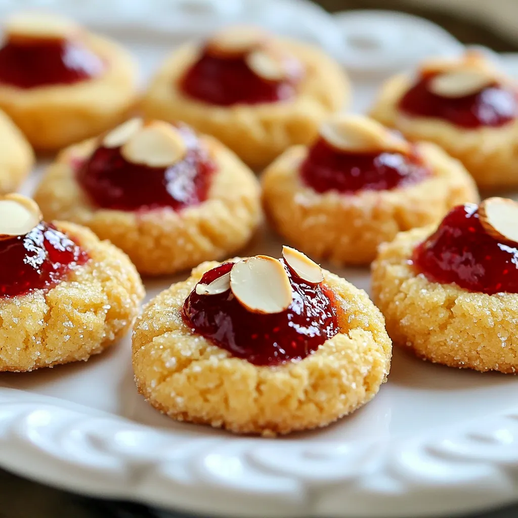 - 1 cup unsalted butter, softened - 1 cup granulated sugar - 2 teaspoons almond extract - 2 cups all-purpose flour - ½ teaspoon salt - 1 cup ground almonds (or almond flour) - ½ cup raspberry jam - Sliced almonds for garnish Converting ingredients to metric is easy. Here’s a quick guide: - 1 cup butter = 227 grams - 1 cup sugar = 200 grams - 2 teaspoons almond extract = 10 milliliters - 2 cups flour = 240 grams - ½ teaspoon salt = 2.5 grams - 1 cup ground almonds = 100 grams - ½ cup raspberry jam = 160 grams For common allergens, you can make substitutions: - Use dairy-free butter for a vegan option. - Swap all-purpose flour with gluten-free flour for gluten-free cookies. - Replace almond extract with vanilla extract if needed. Using these tips helps you adjust the recipe to fit your needs. Enjoy making these delightful cookies! {{ingredient_image_1}} 1. Preheat your oven to 350°F (175°C). Line a baking sheet with parchment paper. This helps prevent sticking and makes cleanup easy. 2. In a large mixing bowl, cream together 1 cup of softened unsalted butter and 1 cup of granulated sugar. Mix them until the mixture is light and fluffy. This step adds air into the dough. 3. Beat in 2 teaspoons of almond extract. This gives the cookies a rich almond flavor that pairs well with raspberry jam. 4. Gradually add 2 cups of all-purpose flour and ½ teaspoon of salt to the bowl. Mix until a soft dough forms. Be careful not to overmix, as this can make the cookies tough. 5. Fold in 1 cup of ground almonds. This adds texture and a nutty flavor to the cookies. Make sure it is evenly mixed throughout the dough. 6. Scoop out tablespoon-sized portions of dough. Roll them into balls and place them on the prepared baking sheet, leaving about 2 inches between each ball. 7. Use your thumb or the back of a small spoon to create an indentation in the center of each cookie. This is where the jam will go. 8. Fill each indentation with about ½ teaspoon of raspberry jam. Be generous, but don’t overfill! 9. Optional: Press a few sliced almonds around the edges of the cookies. This adds a nice touch and extra crunch. 10. Bake in the preheated oven for 12-15 minutes. Keep an eye on them and check for a light golden color around the edges. 11. Once done, remove the cookies from the oven. Let them cool on the baking sheet for a few minutes. Transfer them to a wire rack to cool completely. Enjoy your delightful treats! To get cookies that are light and fluffy, cream the butter and sugar well. Mix them until they look pale and fluffy. This step adds air to the dough. To stop cookies from spreading too much, chill the dough for at least 30 minutes. Cold dough will hold its shape better while baking. You can boost the flavor with a touch of lemon zest or a splash of vanilla extract. These small additions make a big impact. If you want to try different flavors, use other jams like apricot or blueberry. Each jam gives the cookies its own fun twist. For a pretty look, you can dust the cookies with powdered sugar after baking. This makes them pop on any plate. Serve your cookies on a colorful platter or a cake stand. This adds charm to your table and makes them look even more inviting. Pro Tips Chill the Dough: Refrigerating the cookie dough for 30 minutes can help prevent spreading, ensuring your cookies maintain their shape while baking. Use Quality Jam: Opt for a high-quality raspberry jam for the best flavor. Homemade jam works wonderfully too! Experiment with Nuts: Feel free to substitute ground almonds with other nuts like hazelnuts or walnuts for a different flavor profile. Storage Tips: Store cookies in an airtight container at room temperature for up to a week to keep them fresh. {{image_2}} You can make these cookies gluten-free easily. Use a gluten-free flour blend in place of all-purpose flour. Look for blends that work well in baking, like those with almond or rice flour. This change keeps the texture light and tasty. You may need to adjust the baking time slightly. Start checking at 10 minutes to avoid overbaking. Want to switch things up? You can use different nuts! Try ground walnuts or hazelnuts instead of ground almonds. Each nut adds its unique flavor. If you like nut butters, almond or cashew butter can also work. Just reduce the butter in the recipe a bit to balance the fat. Take advantage of seasonal fruits for your jam. In summer, try fresh strawberries or blueberries. In fall, pumpkin spice jam adds a fun twist. For holiday flair, garnish your cookies with festive sprinkles or edible glitter. These small changes make your cookies shine for any occasion! To keep your raspberry almond thumbprint cookies fresh, store them at room temperature. Place them in an airtight container. This helps to keep the cookies soft and tasty. Avoid leaving them out in the open. Moisture can make them soggy, and air can make them hard. You can freeze both the dough and the baked cookies. To freeze the dough, shape it into balls and place them on a baking sheet. Freeze the balls until firm, then transfer them to a freezer bag. This way, you can bake fresh cookies anytime. For baked cookies, let them cool completely. Then, place them in an airtight container or freezer bag. When you’re ready to enjoy them, thaw both options in the fridge overnight. For baked cookies, you can warm them in the oven for a few minutes. This helps restore their soft texture. These cookies stay fresh for about one week at room temperature. If you freeze them, they can last up to three months. Check for signs they have gone bad. If they smell off or look dry, it’s best to toss them. Keeping an eye on your cookies ensures you enjoy them at their best. Yes, you can use other jams. Here are some great options: - Strawberry jam - Apricot jam - Blueberry jam - Cherry jam These jams work well and add a new flavor. Feel free to mix it up! To keep your cookies soft, follow these tips: - Store them in an airtight container - Add a slice of bread to the container - Avoid overbaking your cookies These methods help keep your cookies fresh and chewy. To make vegan Raspberry Almond Thumbprint Cookies, try these swaps: - Use vegan butter instead of regular butter - Replace eggs with applesauce or flaxseed meal - Choose plant-based jam without added gelatin These changes keep the delicious flavor while making the cookies vegan-friendly. We explored a delicious cookie recipe that includes almond and raspberry flavors. I shared tips on measuring ingredients, baking, and storage. You can also try variations to suit your taste. Baking is fun and creative. Use these steps to make tasty treats. Adjust the recipe for your needs, and enjoy sharing these cookies with friends and family. Happy baking!