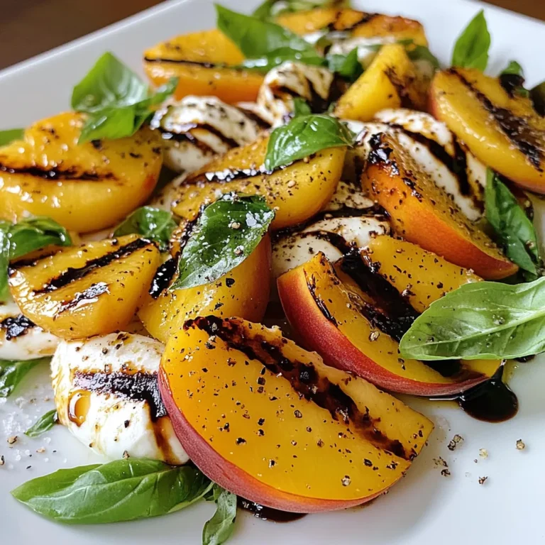 - 2 ripe peaches, halved and pitted - 8 ounces fresh mozzarella, sliced - 2 cups fresh basil leaves - 2 tablespoons balsamic glaze - 1 tablespoon olive oil - Salt and freshly cracked black pepper to taste For this Grilled Peach Caprese Salad, you need ripe peaches. They should be soft but firm enough to hold their shape. Fresh mozzarella adds creaminess. Use slices for the best texture. Fresh basil leaves give a bright, herbal note. Balsamic glaze adds sweetness and tang. Olive oil helps the peaches grill well and adds flavor. Don't forget salt and pepper to enhance all the tastes. - Grill or grill pan - Knife - Serving platter To make this salad, you need a grill or a grill pan. A knife is important for cutting the peaches and mozzarella. Finally, use a serving platter to arrange all the beautiful ingredients. With these items, you can create a stunning dish that impresses everyone. {{ingredient_image_1}} First, preheat your grill or grill pan over medium heat. This helps the peaches cook evenly. Next, brush the cut sides of the peach halves with olive oil. This step keeps them from sticking and adds great flavor. Now, place the peaches cut-side down on the grill. Cook them for about 3-4 minutes. You want nice grill marks and a soft texture. After grilling, remove the peaches and let them cool slightly. Once cool, slice them into wedges. Take a serving platter and arrange slices of fresh mozzarella and the grilled peach wedges. Alternate the slices for a pretty look. Then, scatter fresh basil leaves on top of the salad. Finally, drizzle balsamic glaze over everything. This adds a sweet and tangy kick. Season with salt and freshly cracked black pepper to taste. Enjoy your fresh and vibrant salad! To make the best Grilled Peach Caprese Salad, you need ripe peaches. Look for peaches that feel slightly soft when you gently squeeze them. They should have a sweet scent and vibrant color. Avoid peaches with hard spots or bruises. These signs show they are not yet ripe. Ripe peaches grill well and taste sweet. For this dish, fresh mozzarella works best. It has a creamy texture that pairs well with grilled peaches. Fresh mozzarella is soft and juicy, enhancing the salad's overall flavor. Low-moisture mozzarella is firmer and drier. It won't give you the same taste or texture. Always choose fresh mozzarella for this recipe. You can add extra flavors to make your salad pop! Try adding a sprinkle of crushed red pepper for heat. A few drops of lemon juice can brighten the taste too. You may also mix in different herbs like mint or oregano. Experimenting with these flavors can take your salad to new heights! Pro Tips Choose the Right Peaches: Opt for ripe, slightly soft peaches for the best flavor and texture. They should yield slightly to pressure when squeezed. Grill Timing: Keep an eye on the peaches while grilling. They should have nice grill marks but not be overly soft; about 3-4 minutes is ideal. Balsamic Glaze Application: Drizzle the balsamic glaze just before serving to maintain its glossy appearance and prevent sogginess. Fresh Herbs: For an extra flavor boost, try adding other fresh herbs like mint or arugula alongside the basil. {{image_2}} If you want to change the cheese, try burrata. It has a creamy center. Feta also works well; it adds a salty bite. Goat cheese is another option. It brings a tangy flavor that pairs nicely with peaches. You can grill more than just peaches. Try plums or nectarines for a sweet twist. Grilled pineapple adds a tropical flair. Watermelon can be a fun choice too. It gives a refreshing crunch that brightens the salad. To make a plant-based version, skip the cheese. Use avocado slices instead. They add creaminess and healthy fats. You can also try marinated tofu. It adds protein and a unique flavor. Drizzle with a vegan balsamic glaze for extra taste. To keep your Grilled Peach Caprese Salad fresh, place it in an airtight container. This helps keep moisture in and prevents spoilage. Store the salad in the fridge right after serving. If you leave it out, the peaches can get mushy and the cheese may spoil. For reheating grilled peaches, use a skillet over low heat. Add a bit of olive oil to the pan. Heat the peaches for about one to two minutes. This will warm them without making them soggy. Avoid using a microwave, as it can make the peaches too soft. The salad stays fresh for about two days in the fridge. After that, the peaches can lose their flavor and texture. If you notice any browning, it's best to discard those pieces. Always check for freshness before you enjoy any leftovers. You can prep some parts early. Slice the peaches and mozzarella ahead of time. Keep them in the fridge. Wait to grill the peaches until you are ready to serve. This keeps the flavors fresh. This salad pairs well with grilled chicken or fish. You can also enjoy it with crusty bread. A light white wine complements the flavors nicely too. To stop peaches from browning, use lemon juice. Lightly coat the cut sides with lemon juice. This helps keep them fresh and vibrant. Yes, this salad works for meal prep. Just store the salad components separately. Keep the grilled peaches, mozzarella, and basil in different containers. Mix them just before eating. While fresh peaches taste best, you can use canned peaches. Choose peaches in juice or water, not syrup. Drain them well and grill briefly to warm up before serving. You can enjoy a fresh Grilled Peach Caprese Salad with ripe peaches, mozzarella, and basil. Start by prepping your grill and ingredients, then combine everything for a delicious meal. Remember to choose the best peaches and mozzarella for flavor and texture. You can try different fruits or cheeses to mix it up. Store leftovers well to keep them fresh. This salad is not only tasty but also simple to make, making it great for quick meals. Try it out; you won’t regret it!