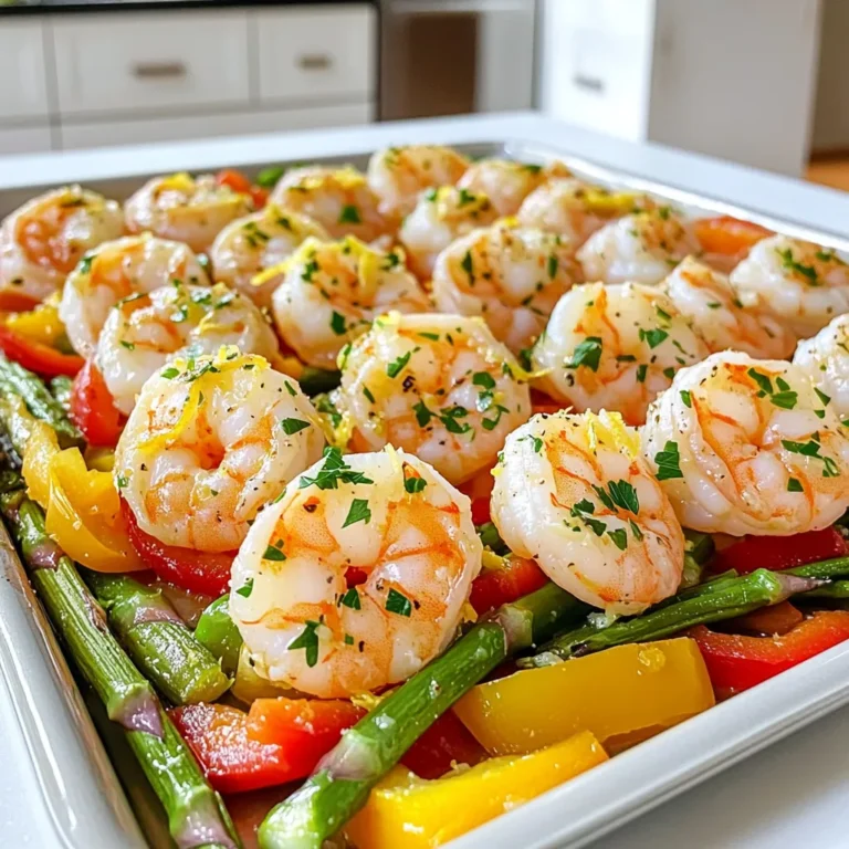 - 1 pound large shrimp, peeled and deveined - 2 cups asparagus, trimmed and cut into 2-inch pieces - 1 red bell pepper, sliced - 1 yellow bell pepper, sliced Large shrimp form the star of this dish. They have a sweet taste and cook quickly. Asparagus adds a nice crunch and vibrant color. The bell peppers bring sweetness and flavor that balance the meal. - 4 cloves garlic, minced - 1 lemon, zested and juiced - 3 tablespoons olive oil Garlic gives a bold flavor that pairs well with shrimp. The lemon zest and juice add freshness and brightness. Olive oil helps blend the flavors together and keeps the shrimp moist. - 1 teaspoon smoked paprika - 1 teaspoon dried oregano - 1/2 teaspoon red pepper flakes (optional for heat) Smoked paprika adds a warm, smoky taste. Dried oregano brings earthy notes that enhance the dish. If you like heat, red pepper flakes can boost the spice level. Adjust it to fit your taste buds! - Preheat your oven to 400°F (200°C). - In a large bowl, mix minced garlic, lemon zest, lemon juice, olive oil, smoked paprika, dried oregano, red pepper flakes, salt, and pepper. This marinade will add tons of flavor. - Add the shrimp to the bowl with the marinade. Toss them well until they are fully coated. - Let the shrimp marinate for about 15 minutes. This time lets the shrimp soak up all the tasty flavors. - While the shrimp sits, prepare a large sheet pan. You can line it with parchment paper or grease it with olive oil. - Add the trimmed asparagus and sliced bell peppers to the pan. Drizzle with olive oil, then sprinkle with salt and pepper. Toss the veggies to coat them evenly. - After marinating, spread the shrimp evenly over the vegetables on the pan. - Bake in the preheated oven for about 12-15 minutes. You’ll know it’s done when the shrimp are opaque and the veggies are tender-crisp. How long to marinate shrimp? Marinate shrimp for about 15 minutes. This short time allows the shrimp to soak up the flavors. If you marinate too long, the shrimp can become mushy. Benefits of marinating Marinating adds flavor and moisture. The garlic and lemon work together to give a bright taste. This makes the shrimp more delicious and enjoyable. Tips for achieving tender-crisp vegetables Cut your vegetables into even pieces. This helps them cook at the same rate. Drizzle a bit of olive oil and season with salt and pepper. Toss them well before baking. This will keep them tender but still crisp. Adjusting oven temperature for different ovens Ovens can vary in heat. If your oven runs hot, lower the temperature by 25°F. If it runs cool, keep it at 400°F. Always check your food a few minutes early. This helps prevent overcooking. Suggestions for fresh herbs Chopped parsley is a great choice for garnish. It adds color and freshness to the dish. You can also try fresh basil or cilantro for a different taste. Serving ideas with sides Serve the shrimp with rice or quinoa for a full meal. A simple green salad pairs well too. You can also add crusty bread to soak up the tasty sauce. {{image_2}} You can switch up the veggies in this dish. Try using: - Broccoli florets - Zucchini slices - Cherry tomatoes These options add new flavors and colors. You can also change the seafood. If you prefer fish, use: - Salmon fillets - Scallops - White fish like cod These options work well with the marinade and bake just as nicely. If you want to add more flavor, consider these spices: - Cumin for a warm touch - Lemon pepper for extra zest - Italian seasoning for an herby blend For heat, adjust the red pepper flakes. Start with a pinch and add more if you like it spicy. You can also add a dash of hot sauce before serving for a kick. For a vegan version, replace the shrimp with: - Firm tofu - Cauliflower florets These options soak up the marinade well. For gluten-free needs, check your seasonings. Most spices are gluten-free, but always read labels to be safe. Enjoy the meal while keeping your dietary needs in mind! To keep your leftover Garlic Lemon Shrimp Sheet Pan fresh, follow these tips: - Cool the dish to room temperature before storing. - Use airtight containers to avoid moisture loss. - Glass or plastic containers work well for storage. Reheat your dish for the best flavor and texture: - Preheat your oven to 350°F (175°C). - Place the leftovers in a baking dish. - Cover with foil to keep moisture in. - Heat for about 10-15 minutes or until warm. You can freeze this dish for later meals: - Allow it to cool completely before freezing. - Use freezer-safe containers or bags. - Label with the date for easy tracking. - Thaw in the fridge overnight before reheating. You can tell shrimp are done when they turn opaque and curl slightly. They should look pink and firm. Cook them for about 12-15 minutes at 400°F (200°C). If you see a C shape, that’s a good sign. Overcooked shrimp can become rubbery, so keep an eye on them. Serve them right away for the best taste. Yes, you can use frozen shrimp! Just make sure to thaw them first. The best way to thaw shrimp is to place them in a bowl of cold water for about 15-20 minutes. You can also leave them in the fridge overnight. Once thawed, pat them dry with paper towels before marinating. This helps the marinade stick better and adds more flavor. Absolutely! You can replace shrimp with firm tofu or chickpeas. Both options soak up the marinade nicely. For tofu, press it to remove extra moisture, then cut it into cubes. For chickpeas, use canned ones and rinse them well. These swaps keep the dish tasty and satisfying. Add more veggies like zucchini or mushrooms to enhance the flavors! This blog post shared a simple and tasty recipe for Garlic Lemon Shrimp Sheet Pan. We explored the key ingredients, including shrimp, asparagus, and bell peppers. I provided step-by-step instructions to marinate and bake the dish, along with tips to enhance flavor and texture. You can easily adapt this recipe for different diets and preferences. With careful storage and reheating methods, you can enjoy leftovers too. Now, you can impress your family and friends with a delicious meal that’s easy to prepare!
