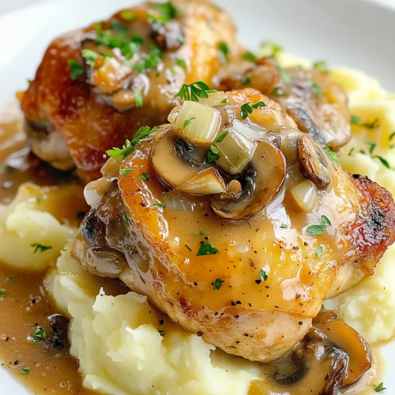 For Creamy Mushroom Chicken Thighs, gather these key ingredients: - 4 bone-in, skin-on chicken thighs - 2 cups sliced mushrooms (cremini or button) - 1 medium onion, finely chopped - 3 cloves garlic, minced - 1 cup chicken broth - 1 cup heavy cream - 1 tablespoon olive oil - 1 teaspoon dried thyme - 1 teaspoon paprika - Salt and pepper to taste These ingredients form the base of this savory dish. The chicken thighs provide a rich flavor, while the mushrooms add depth. You can enhance this dish with these optional additions: - A splash of white wine for acidity - Fresh herbs like rosemary or thyme for more aroma - Lemon zest for a bright touch - A pinch of nutmeg for warmth These optional ingredients can elevate your dish. They add layers of flavor and make the meal even more special. To make your dish look great, consider these garnishes: - Fresh parsley, chopped - A sprinkle of paprika for color - Lemon wedges on the side Garnishes not only enhance the look of your dish but also add fresh flavors. They invite your guests to enjoy a beautiful and tasty meal. {{ingredient_image_1}} First, grab your chicken thighs. Use four bone-in, skin-on thighs for the best flavor. Pat them dry with a paper towel. This step helps the skin get crispy. Season both sides with salt, pepper, and paprika. Next, heat a large skillet over medium-high heat. Add one tablespoon of olive oil. Once hot, place the chicken thighs skin-side down in the skillet. Sear them for 5-7 minutes until the skin is golden brown. Flip them over and sear for another 5 minutes. Remove the chicken and set it aside. In the same skillet, add one finely chopped onion. Sauté for 3-4 minutes until it’s translucent. Then, add three minced garlic cloves. Cook for another minute until it smells great. Now, add two cups of sliced mushrooms to the skillet. You can use cremini or button mushrooms. Sauté them for about 5-6 minutes until they release their moisture and turn brown. This adds depth to the dish. Pour in one cup of chicken broth. Scrape the bottom of the skillet to get all the brown bits. This step adds flavor. Bring the mixture to a simmer. Lower the heat and stir in one cup of heavy cream, one teaspoon of dried thyme, and adjust the seasoning to taste. Return the seared chicken thighs to the skillet. Make sure they’re skin-side up. Cover the skillet and let it simmer for 20-25 minutes. The chicken should reach an internal temperature of 165°F (75°C) to be safe to eat. Once cooked, take the skillet off the heat. Let the chicken rest for a few minutes. This helps keep it juicy. Before serving, sprinkle fresh parsley on top for a nice touch. Enjoy your creamy mushroom chicken thighs over mashed potatoes or rice! To get that crispy skin, start with dry chicken. Pat the thighs with a paper towel. This helps the skin brown better. Use a hot skillet with olive oil. Sear the skin-side down for 5-7 minutes. Don’t move them too much. Flip and sear the other side for 5 minutes. This method makes the skin crispy and golden. I love using cremini or button mushrooms for this dish. They offer great flavor and texture. You can also try shiitake mushrooms for a richer taste. Each type adds its own unique touch. Fresh mushrooms always taste better than canned ones. Slice them thick to keep some bite in the dish. You can change the creaminess to fit your taste. Use more cream for a richer sauce. If you want a lighter sauce, add more chicken broth. Don’t forget to taste as you go. Add salt, pepper, and thyme to boost flavor. Adjust to your liking for the best outcome. Pro Tips Use Fresh Herbs: Fresh thyme adds a vibrant flavor to the dish; consider adding parsley or chives for extra freshness. Deglaze Properly: Make sure to scrape the bottom of the skillet well when deglazing to incorporate all the flavorful bits into your sauce. Adjust Creaminess: For a lighter sauce, substitute half of the heavy cream with low-fat milk or chicken broth. Rest the Chicken: Allowing the chicken to rest after cooking helps retain its juices, making it more tender and flavorful. {{image_2}} You can lighten this dish with low-fat options. Use skinless chicken thighs instead of bone-in ones. Replace heavy cream with low-fat milk or Greek yogurt. The sauce will still taste good, but it will have fewer calories. You may need to adjust the cooking time slightly. Try different mushrooms to add unique flavors. Shiitake mushrooms bring a rich, earthy taste. Portobello mushrooms are hearty and meaty. You can mix and match mushrooms for a fun twist! Just remember that cooking times may change slightly based on the type of mushrooms. Boost nutrition by adding vegetables. Spinach or kale can add color and nutrients. Carrots or bell peppers can add sweetness and crunch. Add these veggies when you cook the mushrooms. They will soak up the sauce's flavor while adding health benefits. Store leftover creamy mushroom chicken thighs in an airtight container. Make sure to cool the dish to room temperature first. Keep it in the fridge for up to three days. This helps keep the flavors fresh and safe to eat. To reheat, use a skillet over medium heat. Add a splash of chicken broth or cream. This keeps the sauce rich and creamy. Heat until warmed through, about 5-10 minutes. Avoid using the microwave, as it can make the chicken dry. You can freeze this dish for later use. Place portions in freezer-safe bags or containers. Press out as much air as you can to prevent freezer burn. It can last up to three months in the freezer. To thaw, move it to the fridge overnight before reheating. This keeps the chicken tender and the sauce smooth. You can serve Creamy Mushroom Chicken Thighs with many tasty sides. Here are some great options: - Mashed potatoes - Rice - Quinoa - Garlic bread - Steamed vegetables These sides soak up the rich sauce. They add flavor and balance to the dish. Yes, boneless chicken thighs work well too. They cook faster and stay juicy. Just adjust your cooking time. Cook them for about 15 to 20 minutes. Always check that the chicken reaches 165°F (75°C). To check if the chicken is done, use a meat thermometer. Insert it into the thickest part of the thigh. If it reads 165°F (75°C), the chicken is safe to eat. You can also cut into the meat. If the juices run clear, it’s cooked. Yes, you can make this dish dairy-free. Use coconut milk or a cashew cream instead of heavy cream. This keeps the dish creamy. You still enjoy the rich flavors without dairy. If your sauce is too thick, add more chicken broth or water. Stir it in slowly until you reach your desired consistency. This helps keep the sauce rich and smooth. This article shared how to prepare creamy mushroom chicken thighs. We covered key ingredients, from main to optional ones. I provided step-by-step instructions for a tasty dish. You learned tips for achieving crispy skin and making healthy variations. Overall, cooking this meal is easy and fun. Enjoy experimenting with flavors while keeping it simple. You can create a delicious dinner that everyone will love!