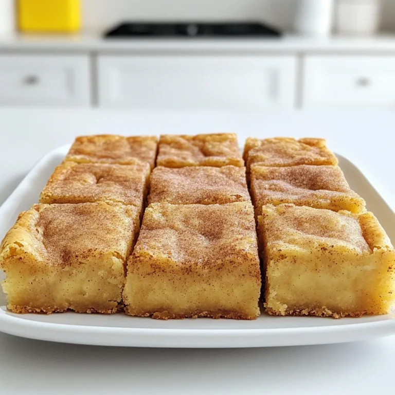 - 1 cup unsalted butter - 1 cup packed light brown sugar - 1/2 cup granulated sugar - 2 large eggs - 2 teaspoons vanilla extract - 2 cups all-purpose flour - 1 teaspoon baking powder - 1/2 teaspoon baking soda - 1/4 teaspoon salt - 2 tablespoons ground cinnamon - 1/4 cup granulated sugar (for coating) The measurements are key to making the blondies right. If you need to make swaps, here are some ideas: - Unsalted butter can be replaced with salted butter. Just skip adding extra salt. - For eggs, you can use flax eggs if you want a vegan option. Mix 1 tablespoon of ground flaxseed with 2.5 tablespoons of water for each egg. - All-purpose flour can be swapped with a gluten-free blend for a gluten-free treat. - Light brown sugar gives a nice flavor, but you can use dark brown sugar for a deeper taste. Using fresh ingredients makes a big difference. Here are a few tips: - Always use fresh eggs. Crack them open to check for any off smells. - Check your baking powder and baking soda for freshness. They should bubble when mixed with water. - For butter, choose high-quality unsalted butter. It helps the flavor shine through. - Use fresh ground cinnamon for the best taste. Old spices can lose their punch. With the right ingredients, your Brown Butter Snickerdoodle Blondies will taste amazing! Enjoy the sweet and nutty flavors in each bite. First, you need to preheat your oven to 350°F (175°C). This ensures even baking. While it heats up, grab a 9x13 inch baking dish. You can grease it lightly or use parchment paper. Using parchment makes removing the blondies much easier. Next, it’s time for the star of our recipe: brown butter! In a medium saucepan, melt the unsalted butter over medium heat. Stir it often. Keep an eye on it for about 5-7 minutes. You want it to turn a nice golden color and smell nutty. This step adds deep flavor. Be careful not to burn it! Once done, set it aside to cool slightly. In a large mixing bowl, combine the brown butter with both sugars: light brown and granulated. Whisk them until smooth. Then, add the eggs, one at a time. Make sure to whisk well after each egg. Stir in the vanilla extract next. In another bowl, mix the all-purpose flour, baking powder, baking soda, salt, and one tablespoon of ground cinnamon. Gradually add this dry mix to the wet mix. Stir just until combined. Avoid overmixing to keep the blondies soft. Now, pour the batter into your prepared baking dish. Spread it evenly. In a small bowl, mix the remaining tablespoon of cinnamon with 1/4 cup of granulated sugar. Sprinkle this blend over the batter. Bake the blondies in the oven for 20-25 minutes. They are ready when a toothpick inserted in the center comes out clean. Once baked, let them cool in the pan for about 10 minutes. Then, transfer them to a wire rack to cool completely. After cooling, cut into squares and enjoy! To get great brown butter, use unsalted butter. Heat it in a medium saucepan over medium heat. Stir it often to avoid burning. Watch for the color change. After about 5 to 7 minutes, it should turn golden brown. You will smell a nutty aroma. Once ready, let it cool slightly before using. Many bakers make common mistakes. One mistake is overmixing the batter. Mix just until the dry and wet ingredients blend. This keeps your blondies soft. Another mistake is not measuring ingredients correctly. Use dry measuring cups for flour and sugar. Level off the tops for accuracy. Finally, make sure your oven is fully preheated. This helps your blondies bake evenly. To test if your blondies are done, insert a toothpick into the center. If it comes out clean or with a few crumbs, they are ready. If the toothpick has wet batter, bake them a bit longer. Keep an eye on the color; they should be golden brown but not too dark. Let them cool for about 10 minutes before moving them. This helps them set properly. {{image_2}} You can play with flavors in your Brown Butter Snickerdoodle Blondies. Here are some ideas: - Chocolate Chips: Add 1 cup of semi-sweet or dark chocolate chips. They melt into gooey pockets of flavor. - Butterscotch Chips: Mix in 1 cup of butterscotch chips for a sweet twist. - Nutmeg: Swap out some cinnamon for nutmeg. This gives your blondies a warm, cozy taste. - Maple Syrup: Replace half of the granulated sugar with maple syrup. This adds a lovely, rich flavor. If you want to make these blondies gluten-free, it’s easy! Here’s how: - Gluten-Free Flour: Use a 1:1 gluten-free flour blend. Make sure it has xanthan gum. This will help with texture. - Baking Powder: Check that your baking powder is gluten-free. Many brands are, but it's good to confirm. - Oats: You can add oats if you like. Just ensure they are gluten-free oats. Adding extra ingredients can make your blondies even better! Here are some fun ideas: - Nuts: Chopped pecans or walnuts add a nice crunch. Use about 1 cup. - Dried Fruit: Try adding dried cranberries or cherries. They bring a chewy texture. - Coconut Flakes: Unsweetened coconut flakes can add a tropical flavor. About 1 cup works well. - Sea Salt: A sprinkle of sea salt on top enhances sweetness and adds depth. Just a pinch will do! These variations can make your Brown Butter Snickerdoodle Blondies unique and fun! To keep your Brown Butter Snickerdoodle Blondies fresh, use an airtight container. Place a layer of parchment paper between layers of blondies. This keeps them from sticking together. Store them at room temperature for up to three days. If you want to keep them longer, move them to the fridge. They can last for up to a week when chilled. Freezing blondies is easy and great for later enjoyment. First, let your blondies cool completely. Then, cut them into squares. Wrap each square in plastic wrap. Place the wrapped squares in a freezer-safe bag or container. They can stay in the freezer for up to three months. When you want one, you can pull it out and thaw it. To enjoy your blondies warm, preheat your oven to 350°F (175°C). Place the blondies on a baking sheet. Heat them for about 5 to 10 minutes. You can also use the microwave. Heat each blondie for about 10 to 15 seconds. This will bring back their soft, gooey texture. Enjoy them warm, either plain or with a scoop of ice cream! Brown butter has a rich, nutty flavor. You make it by cooking butter until it turns golden brown. The heat changes the milk solids, which creates a deep flavor. This extra taste makes the blondies special. The aroma alone can make your kitchen feel warm and inviting. Yes, you can make these blondies in advance. They keep well for a few days. Just store them in an airtight container. This helps keep them fresh and chewy. You can also freeze them. Wrap each piece tightly and place them in a freezer bag. They can last for up to three months in the freezer. To check if the blondies are done, use a toothpick. Insert it into the center of the pan. If it comes out clean, they are ready. The edges will look golden, and the center should not jiggle. Keep an eye on them while they bake. Overbaking can make them dry. No, these blondies are not gluten-free. They use all-purpose flour, which has gluten. If you want a gluten-free option, substitute the flour with a gluten-free blend. Make sure the blend contains xanthan gum for the right texture. This way, you can enjoy the same delicious flavors without gluten. You learned how to make amazing brown butter blondies. We covered key ingredients, measurements, and essential tips. The step-by-step guide will help you bake with ease. Plus, you now have tips to avoid common mistakes. Don't forget the fun variations and good storage practices to keep them fresh. Baking is about trying new things and enjoying the process. So, roll up your sleeves, start baking, and enjoy your delicious creation!