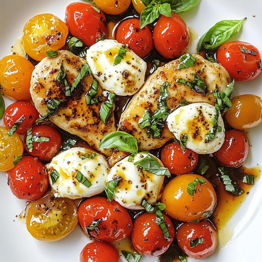 - 4 boneless, skinless chicken breasts - 2 tablespoons olive oil - Salt and pepper to taste - 2 cups cherry tomatoes, halved - 1 cup fresh mozzarella balls, drained - 1 cup fresh basil leaves, chopped - 2 tablespoons balsamic glaze - 1 teaspoon garlic powder - 1 teaspoon Italian seasoning When I cook Caprese Chicken Skillet, I love using fresh and simple ingredients. The chicken breasts serve as the main protein. They are tender, juicy, and perfect for this dish. I season them with salt, pepper, garlic powder, and Italian seasoning, which adds great flavor. Next, I add olive oil to the skillet. It helps the chicken to brown nicely. The cherry tomatoes bring a burst of sweetness and color. I always choose ripe, juicy tomatoes for the best taste. Fresh mozzarella is another star here. It melts beautifully, adding creaminess. I finish the dish with fresh basil and balsamic glaze. The basil adds a fragrant note, while the balsamic glaze gives a tangy sweetness. These ingredients not only taste good together but also look beautiful on the plate. You can serve the chicken on a large platter, garnished with more basil and a drizzle of glaze for a stunning meal. {{ingredient_image_1}} To start, season the chicken breasts. Use salt, pepper, garlic powder, and Italian seasoning. Rub the spices in well on both sides. This step adds great flavor to the chicken. Next, heat the olive oil in a large skillet over medium heat. Once the oil is hot, add the seasoned chicken breasts. Cook them for about 5-7 minutes on each side. You want them to be golden brown and cooked through. The internal temperature should reach 165°F. When done, remove the chicken from the skillet and set it aside. Now, it's time to bring in the vegetables. In the same skillet, add the halved cherry tomatoes. Cook them for about 2-3 minutes. Stir them occasionally until they start to soften. The tomatoes will add sweetness and freshness to the dish. After the tomatoes soften, place the cooked chicken back into the skillet. Arrange it among the tomatoes. On top of the chicken, add the fresh mozzarella balls. This will make the dish rich and creamy. Next, cover the skillet with a lid for about 2-3 minutes. This helps the cheese melt nicely. You’ll know it’s ready when the cheese is gooey and soft. Once the cheese melts, sprinkle the chopped basil over the chicken. Finally, drizzle balsamic glaze on top. This adds a tangy flavor that pairs well with the dish. You can serve it right away by spooning the tomato mixture over the chicken. Enjoy your delicious Caprese Chicken Skillet! To achieve the perfect chicken texture, start with thin, even chicken breasts. This helps them cook evenly. Season both sides well with salt, pepper, garlic powder, and Italian seasoning. Use medium heat for cooking. This allows the chicken to brown nicely without burning. Cook for 5-7 minutes on each side until golden brown. Always check that the internal temperature reaches 165°F for safety. For melty cheese, add mozzarella balls on top of the chicken and cover the skillet. This traps steam and helps the cheese melt evenly. Keep the heat low during this step. It takes about 2-3 minutes. Watch closely to avoid overcooking. To serve this dish elegantly, use a large platter. Arrange the chicken and tomatoes neatly. Drizzle extra balsamic glaze over the top for visual appeal. For garnishing, sprinkle fresh basil leaves on top. This adds color and a fresh aroma. You can also place a few cherry tomatoes around for an extra pop. Consider using a colorful plate to make the dish stand out. Pro Tips Use Fresh Ingredients: The quality of your tomatoes, mozzarella, and basil will significantly enhance the flavor of the dish. Opt for fresh, ripe ingredients whenever possible. Perfectly Cooked Chicken: To ensure the chicken is juicy and tender, avoid overcooking it. Use a meat thermometer to check that it reaches an internal temperature of 165°F. Balsamic Glaze Tips: If you want a richer flavor, consider reducing balsamic vinegar on the stove to create a homemade balsamic glaze. It enhances the dish beautifully. Serving Suggestions: This dish pairs wonderfully with a side of garlic bread or a light salad, making it a complete meal that’s both satisfying and refreshing. {{image_2}} You can switch proteins if you want. Try using turkey breasts or even tofu for a plant-based option. Both work well in this dish. If you prefer a different cheese, use goat cheese or feta. These cheeses add a unique taste that pairs nicely with the tomatoes and basil. You can also add more vegetables to your skillet. Zucchini or bell peppers can bring extra color and flavor. Slice them thin and add them with the cherry tomatoes. They will cook quickly and add a nice crunch. To elevate the taste, change up the seasonings. Think about adding herbs like thyme or oregano for a different twist. You can also try using lemon zest for a fresh kick. It brightens the dish and makes it even more delightful. If you want some heat, sprinkle red pepper flakes over the chicken. This adds a spicy kick that balances well with the creamy cheese. Adjust the amount based on your heat preference. To keep your Caprese Chicken Skillet fresh, store leftovers in an airtight container. This helps keep out air and moisture. Make sure to cool the dish before sealing it. Your leftovers will last about 3 to 4 days in the fridge. If you won’t eat them soon, freeze the chicken and tomatoes. They can stay good in the freezer for up to 3 months. When it comes to reheating, I suggest using the stovetop. Place the chicken and tomatoes in a skillet over low heat. This method helps keep the chicken juicy and the tomatoes flavorful. You can also use the microwave for quick reheating. Just make sure to cover the dish to avoid drying it out. Add a splash of water or a drizzle of olive oil to keep everything moist. Enjoy your meal as if it were freshly made! For a complete meal, I love serving Caprese Chicken with simple sides. Here are a few great options: - Garlic bread: It adds crunch and flavor. - Steamed vegetables: Broccoli or green beans work well. - Rice or quinoa: They soak up the tasty juices. - Mixed greens salad: A fresh salad adds crispness. These sides make the meal colorful and balanced. You can mix and match based on what you have at home! Yes, you can prep Caprese Chicken ahead of time. Here are my tips: - Marinate the chicken: Season and refrigerate it for up to 24 hours. - Cook and cool: You can cook the chicken and let it cool before storing. - Store in the fridge: Keep it in an airtight container for up to 3 days. When you’re ready to eat, just reheat it gently. This saves time on busy days! To check if the chicken is done, here’s what to look for: - Golden brown color: The outside should look nice and brown. - Juices run clear: When you cut into it, the juices should be clear, not pink. - Use a meat thermometer: It should read 165°F in the thickest part. These steps ensure you serve safe and juicy chicken every time! This blog post covered how to make a delicious Caprese Chicken Skillet. We discussed the key ingredients, like chicken, cherry tomatoes, and mozzarella. I shared simple steps for preparing, cooking, and fancy presentation tips. You learned variations to change flavors and ways to store leftovers. Remember, cooking is fun and easy. You can impress anyone with this dish. Enjoy your cooking journey!