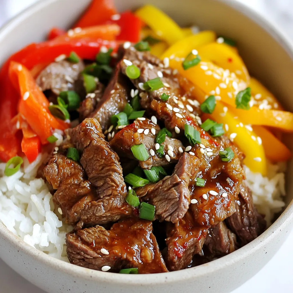 - 1 lb beef sirloin, thinly sliced - 1/4 cup soy sauce - 2 tablespoons brown sugar - 1 tablespoon sesame oil - 3 cloves garlic, minced - 1-inch piece ginger, grated - 1 tablespoon gochujang (Korean chili paste) - 1 medium onion, sliced - 1 cup carrots, julienned - 1 cup bell peppers (red and yellow), sliced - 2 green onions, chopped - 2 tablespoons vegetable oil - 4 cups cooked rice (white or brown) - Sesame seeds for garnish When making bulgogi beef bowls, it's key to gather fresh, quality ingredients. Start with beef sirloin. This cut is tender and ideal for quick cooking. The flavor base comes from soy sauce. It gives the dish a savory kick. Next, brown sugar adds a nice sweetness. Then, sesame oil brings a nutty aroma. For depth, garlic and ginger are must-haves. Together, they create a fragrant mix. Gochujang, the Korean chili paste, packs heat. Adjust the amount based on your spice tolerance. Mixed vegetables add color and crunch. Use fresh onion, carrots, and bell peppers. These will brighten the dish. Don’t forget the cooked rice. It's the perfect base for your bulgogi. Finally, sesame seeds make a charming garnish. They add texture and a final touch of flavor. Gather these ingredients, and you are set to make a delightful meal! {{ingredient_image_1}} To start, you need to make the marinade. In a medium bowl, combine these ingredients: - 1/4 cup soy sauce - 2 tablespoons brown sugar - 1 tablespoon sesame oil - 3 cloves garlic, minced - 1-inch piece ginger, grated - 1 tablespoon gochujang Mix well until the sugar dissolves. Next, add the thinly sliced beef sirloin. Ensure every piece is coated with the marinade. Cover the bowl and let it sit for at least 30 minutes. For a richer taste, you can let it marinate for up to 2 hours. Now, heat your skillet over medium-high heat. Add 2 tablespoons of vegetable oil and let it warm. Once hot, add the marinated beef. Cook for about 4-5 minutes. Stir constantly until the beef is nicely browned and fully cooked. After the beef is cooked, it’s time to add the vegetables. Toss in: - 1 medium onion, sliced - 1 cup carrots, julienned - 1 cup bell peppers (red and yellow), sliced Stir-fry everything together for about 3-4 minutes. You want the veggies to be tender but still crisp. Once done, remove the skillet from heat and mix in the chopped green onions. When serving, place a generous scoop of cooked rice in each bowl. Top it with the flavorful bulgogi beef mixture. For a finishing touch, sprinkle sesame seeds over the top. For extra flair, serve the bulgogi bowl in deep bowls with a side of kimchi. This adds authentic Korean flavor and a vibrant look to your meal. To get the best flavor from your bulgogi, marinate the beef for at least 30 minutes. If you have more time, let it sit for up to 2 hours. This longer time allows the beef to soak up all the tasty marinade. The mix of soy sauce, sugar, sesame oil, garlic, ginger, and gochujang makes the beef rich and flavorful. When cooking, use a large skillet over medium-high heat. This heat helps to sear the beef quickly while keeping it juicy. Add the vegetables after the beef is browned. Stir-frying them for just a few minutes keeps them crisp and colorful. For a great bowl presentation, use deep bowls. Start with a generous scoop of cooked rice. Then, top it with the spicy bulgogi and vegetables. Sprinkle some sesame seeds on top for a nice finish. Pair your bulgogi bowl with traditional sides, like kimchi. Kimchi adds a tangy kick and balances the dish. You can also serve some pickled vegetables to enhance the meal's flavor. You will need some basic kitchen tools for this recipe. A sharp knife is key for slicing the beef and vegetables. A medium bowl is perfect for mixing the marinade. For cooking, a large skillet or non-stick pan works best. A cast-iron skillet gives a nice sear to the beef, which adds flavor. Make sure the skillet is hot before adding the beef for the best results. Pro Tips Marinate Longer for Flavor: For the best flavor, marinate the beef for at least 2 hours or overnight in the refrigerator. This allows the flavors to penetrate the meat deeply. Use Fresh Vegetables: Opt for fresh, crisp vegetables for stir-frying. They add more color and crunch to your dish, enhancing both the texture and visual appeal. Customize Spice Level: Adjust the amount of gochujang according to your spice preference. You can start with less and add more until you reach your desired heat. Serve with Sides: Pair your bulgogi bowls with traditional sides like kimchi or pickled vegetables for an authentic Korean experience that complements the flavors of the dish. {{image_2}} You can switch the beef for chicken or tofu. Chicken thighs work well, giving a juicy bite. Tofu adds a nice texture for a vegetarian option. Just make sure to marinate them like beef. You can use the same marinade or try a new one. For chicken, a citrusy marinade adds a fresh twist. For tofu, a soy sauce with sesame can enhance the flavor. Feel free to mix in different veggies. Snap peas, broccoli, or zucchini add crunch. Seasonal vegetables, like butternut squash in fall, can change up the dish. You can even use frozen veggies when fresh ones are not available. They cook quickly and keep the meal easy. You can serve bulgogi over rice or in lettuce wraps. Rice gives a warm base that absorbs flavors well. Lettuce wraps add a fresh and crunchy touch. You can also try noodles or quinoa for a fun twist. Both pair nicely with bulgogi and add different textures. Mixing grains can make your meal more filling and interesting. To keep your bulgogi fresh, store it in the fridge. Place it in an airtight container. It will last for about 3 to 4 days. Make sure the beef and vegetables cool down first. This helps keep the flavors intact. If you have more leftovers, consider freezing them. Use freezer-safe bags or containers. You can freeze the bulgogi for up to 2 months. Just remember to label them with the date. This way, you won’t forget what’s inside! Reheating bulgogi is easy and quick. You can use a microwave or a skillet. For the microwave, place the bulgogi in a bowl. Cover it with a damp paper towel. Heat in short bursts of 30 seconds. Stir after each burst to keep it even. If you prefer a skillet, heat it over medium heat. Add a splash of water or broth to keep it moist. Stir it gently for a few minutes until warm. This method helps keep the flavors fresh and delicious. Enjoy your meal again just like the first time! Korean bulgogi is a popular dish made from marinated beef. The name "bulgogi" means "fire meat" in Korean. This dish has roots that trace back to the Goguryeo era, over a thousand years ago. Traditionally, chefs marinate thin slices of beef in a mix of soy sauce, sugar, and spices. This blend makes the beef tender and full of flavor. Bulgogi is often grilled or stir-fried, giving it a nice char and smoky taste. Yes, you can easily make bulgogi ahead of time! For meal prep, marinate the beef in advance. You can store it in the fridge for up to two hours. If you want to prepare it the night before, let the beef marinate overnight. This will deepen the flavor. After cooking, you can store leftovers in an airtight container in the fridge for up to three days. Just reheat it in a skillet or microwave when you're ready to enjoy it again. Bulgogi is not very spicy. The main flavors come from the soy sauce and sugar. However, if you want more heat, you can adjust the spice level. The key ingredient for some heat is gochujang, a Korean chili paste. Use less gochujang for a milder taste or skip it altogether. You can always add hot sauce later if you want more spice. Bulgogi beef bowls taste great with various side dishes. Here are some tasty options: - Kimchi: This fermented dish adds a spicy crunch. - Pickled vegetables: They bring a nice tang to the meal. - Steamed broccoli: This adds a healthy touch. - Cucumber salad: It offers a refreshing contrast. - Sesame spinach: This side is tasty and easy to make. These side dishes balance the rich flavors of bulgogi and make your meal more enjoyable! You now have a complete guide to making delicious Bulgogi. We covered essential ingredients, marinating, cooking instructions, and serving tips. Remember to choose the right meats and vegetables for your taste. Don’t forget about storage and reheating methods for leftovers. With this knowledge, you can enjoy tasty meals anytime. Explore your creativity with variations and pairings to make it your own. Now, go out there and make a perfect Bulgogi dish!