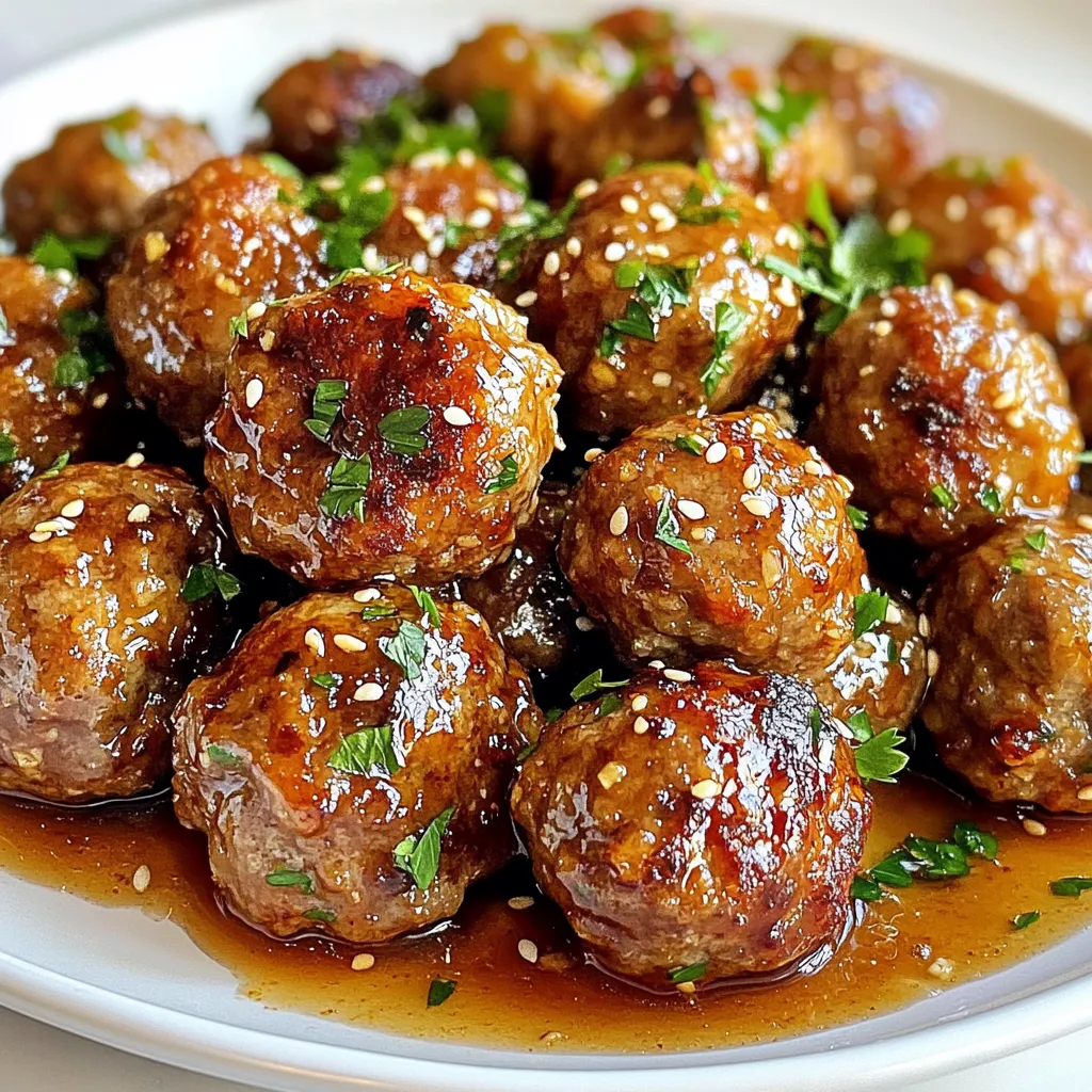 - 1 lb ground chicken or turkey - 1/2 cup breadcrumbs - 1/4 cup grated Parmesan cheese - 1/4 cup fresh parsley, chopped - 1 large egg - 1 teaspoon garlic powder - 1 teaspoon onion powder - Salt and pepper to taste To make sticky honey garlic meatballs, you need fresh, simple ingredients. Ground chicken or turkey works best for a lean option. The breadcrumbs help bind the meatballs, while Parmesan adds a nice flavor. Fresh parsley gives a pop of color and taste. An egg is essential for binding. Garlic powder and onion powder give depth. Finally, salt and pepper enhance all the flavors. - 1/2 cup honey - 1/3 cup soy sauce (or low-sodium soy sauce) - 4 cloves garlic, minced - 1 tablespoon fresh ginger, grated - 1 teaspoon sesame oil - 1 tablespoon cornstarch mixed with 1 tablespoon water (for thickening) The sauce is the star of the dish. Honey adds sweetness, making the meatballs sticky. Soy sauce brings umami and saltiness. Minced garlic and fresh ginger make it aromatic. Sesame oil adds a nutty flavor. Finally, cornstarch mixed with water thickens the sauce, giving it a nice glaze. This combination creates a balance of sweet and savory that makes these meatballs irresistible! {{ingredient_image_1}} - Mixing the ingredients: In a large bowl, combine 1 lb of ground chicken or turkey, 1/2 cup of breadcrumbs, 1/4 cup of grated Parmesan cheese, 1/4 cup of chopped fresh parsley, 1 large egg, 1 teaspoon of garlic powder, 1 teaspoon of onion powder, and salt and pepper to taste. Mix the ingredients until they are just combined. Be careful not to overmix, as it can make the meatballs tough. - Shaping the meatballs: Take small portions of the mixture and roll them into balls about one inch wide. This size helps them cook evenly and stay juicy. - Positioning on the baking sheet: Line a baking sheet with parchment paper. Place the meatballs on the sheet, leaving some space between them so they can cook properly. - Preheating the oven: Preheat your oven to 400°F (200°C). This high heat will give your meatballs a nice golden color. - Baking time and appearance: Bake the meatballs for about 20 minutes. They should become golden brown and cooked all the way through. You can check by cutting one open; it should be no longer pink. - Combining sauce ingredients: In a medium saucepan over medium heat, mix together 1/2 cup of honey, 1/3 cup of soy sauce, 4 cloves of minced garlic, 1 tablespoon of grated fresh ginger, and 1 teaspoon of sesame oil. This sauce packs a flavor punch! - Simmering and thickening the sauce: Bring the sauce to a simmer. Then, lower the heat. Mix 1 tablespoon of cornstarch with 1 tablespoon of water, then stir this mixture into the sauce. Cook for another 2-3 minutes until the sauce thickens up nicely. - Tossing the meatballs in the sauce: Once the meatballs are done baking, transfer them to the saucepan. Gently toss them in the honey garlic sauce until they are well-coated. Let them cook on low heat for an additional 2-3 minutes, allowing the flavors to blend together. To make the best meatballs, avoid overmixing. When you mix too much, the meatballs can turn tough. Just mix until everything is combined. This keeps them soft and juicy. For even cooking, shape your meatballs to about one inch wide. This size helps them bake evenly. Place them on a lined baking sheet with some space between. This allows heat to circulate properly. You can adjust the sauce to fit your taste. If you want it sweeter, add more honey. For saltiness, add a bit more soy sauce. Taste as you go to find the right balance. To boost flavor, consider adding spices like red pepper flakes or black pepper. Fresh herbs like cilantro can also add a nice touch. Experiment with what you like for a unique taste. Serve your meatballs on a nice platter. Add extra chopped parsley and sesame seeds for color. This makes the dish pop and look appetizing. You can drizzle some extra sauce over the meatballs for a glossy look. Use toothpicks to make it easy for guests to enjoy. This simple step makes serving fun and neat. Pro Tips Use fresh garlic: Freshly minced garlic will provide a more robust flavor compared to pre-minced varieties. Don't overmix: When combining the meatball ingredients, mix until just combined to ensure they remain tender. Adjust sweetness: If you prefer a less sweet sauce, you can reduce the amount of honey or substitute with a sugar alternative. Garnish for flair: Adding sesame seeds and additional parsley not only enhances presentation but also adds texture to the dish. {{image_2}} You can easily switch the meat in this recipe. Ground beef or pork works well. They add their own rich flavors to the meatballs. Just make sure to adjust cooking times as needed. For those who prefer plant-based options, try using lentils or chickpeas. There are great vegan meatball recipes that mimic the texture of meat. They often use ingredients like tofu or beans. You won’t miss the meat at all! The sauce is where you can get creative. If you like heat, add some chili flakes or sriracha. This will give your meatballs a sweet and spicy kick. You can also swap honey for maple syrup for a different taste. Another fun option is to use teriyaki sauce or barbecue sauce. Each gives a unique twist that keeps things exciting. Just remember to balance the flavors to suit your taste. For best results, store your sticky honey garlic meatballs properly. First, let the meatballs cool completely. Then, place them in a shallow container. You can also use a zip-top bag. - Refrigerating meatballs: Keep them in the fridge for up to three days. Make sure the container is airtight to keep them fresh. - Freezing meatballs and sauce: For longer storage, freeze the meatballs and sauce. Place them in a freezer-safe bag or container. They can last up to three months in the freezer. To enjoy your meatballs later, reheating them well is key. Use these best methods to keep the flavor. - Best methods to reheat: The oven is ideal for reheating. Preheat it to 350°F (175°C). Place the meatballs on a baking sheet and warm them for about 15 minutes. You can also use a microwave. Heat in short bursts, stirring in between. - How to maintain flavor and texture: If reheating in the microwave, cover the dish. This helps keep the moisture in. For the oven, add a bit of sauce on top before warming. This adds flavor and keeps them juicy. Yes, you can prepare these meatballs ahead of time. You can mix the meatball ingredients and shape them. Place the raw meatballs on a baking sheet, cover, and refrigerate overnight. On cooking day, bake them as directed. This saves time and effort when you’re ready to eat. Cooked sticky honey garlic meatballs stay good in the fridge for about 3-4 days. Store them in an airtight container. If you want them to last longer, consider freezing them. They freeze well for up to three months, which is great for meal prep. Yes, you can easily swap ingredients based on your taste. Use ground beef or pork instead of chicken or turkey. For a gluten-free option, choose gluten-free breadcrumbs. If you're dairy-free, omit the Parmesan or use a dairy-free cheese alternative. Be creative! Sticky honey garlic meatballs go well with many sides. Here are a few ideas: - Steamed rice or jasmine rice - Mashed potatoes or sweet potatoes - A fresh green salad - Roasted vegetables like broccoli or carrots These sides help balance the sweet flavor of the meatballs. To reduce the sweetness, cut back on the honey. You can add more soy sauce to balance the flavor. Adding a splash of vinegar, like rice vinegar, can also help. This adds tanginess and makes the sauce less sweet while keeping it flavorful. You learned how to make delicious sticky honey garlic meatballs. We covered the key ingredients, from ground chicken to flavorful sauces. I shared steps for mixing and baking meatballs perfectly. You now have tips for enhancing flavors and creative variations. Don’t forget the storage info to keep them fresh! These meatballs are easy to customize, making them fun for everyone. Enjoy experimenting and serving a dish that pleases all tastes. Happy cooking!
