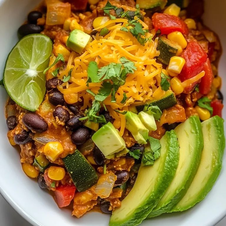 For the perfect Vegetarian Enchilada Skillet, gather these items: - 2 tablespoons olive oil - 1 medium onion, diced - 2 cloves garlic, minced - 1 bell pepper (any color), diced - 1 zucchini, diced - 1 cup corn kernels (fresh or frozen) - 1 can (15 oz) black beans, rinsed and drained - 1 can (14 oz) diced tomatoes with green chilies - 2 tablespoons enchilada sauce (or to taste) - 1 teaspoon ground cumin - 1 teaspoon chili powder - Salt and pepper to taste - 1 cup shredded cheese (cheddar, Monterey Jack, or Mexican blend) - Fresh cilantro, for garnish - Avocado slices, for serving - Lime wedges, for serving You can swap some ingredients if needed: - Use avocado oil instead of olive oil. - Any onion works; shallots can add a mild flavor. - Swap zucchini for yellow squash or eggplant. - Corn can be replaced with peas or carrots. - Use kidney beans or pinto beans instead of black beans. - For a vegan option, skip the cheese or use a plant-based cheese. This dish serves four and offers a healthy meal: - Calories: About 350 per serving - Protein: Roughly 15 grams - Carbohydrates: Approximately 45 grams - Fiber: Around 12 grams - Fat: About 10 grams This meal is not just tasty but also good for you. It packs in protein and fiber while being colorful and fun on your plate. {{ingredient_image_1}} Start by gathering your ingredients. You will need: - 2 tablespoons olive oil - 1 medium onion, diced - 2 cloves garlic, minced - 1 bell pepper, diced - 1 zucchini, diced - 1 cup corn kernels - 1 can black beans - 1 can diced tomatoes with green chilies - 2 tablespoons enchilada sauce - 1 teaspoon ground cumin - 1 teaspoon chili powder - Salt and pepper - 1 cup shredded cheese - Fresh cilantro for garnish - Avocado slices for serving - Lime wedges for serving Dice the onion, bell pepper, and zucchini. Mince the garlic. If you use frozen corn, measure it out. Rinse and drain the black beans. This step makes cooking easier. Heat the olive oil in a large skillet over medium heat. Add the diced onion and sauté for about 3-4 minutes. You want it to turn translucent. Next, add the minced garlic and cook for another 30 seconds. It should smell very nice. Now, toss in the bell pepper and zucchini. Cook for about 5 minutes until they soften. Stir in the corn, black beans, and diced tomatoes. Add the enchilada sauce, cumin, chili powder, salt, and pepper. Mix it all well. Lower the heat and cover the skillet. Let it simmer for about 10 minutes. Stir occasionally to keep it from sticking. Once heated through, sprinkle the cheese on top. Cover the skillet again for 2-3 minutes to melt the cheese. For the best taste, use fresh vegetables. They add great flavor and texture. Adjust the amount of enchilada sauce based on your spice preference. If you like it hotter, add more chili powder. Garnish with fresh cilantro before serving. This adds a bright flavor that pairs well. Serve warm with avocado slices and lime wedges. They bring a fresh twist to each bite. Enjoy your meal! To store leftovers, let the skillet cool. Place it in an airtight container. It will stay fresh for up to three days in the fridge. If you want to store it longer, consider freezing it. Use a freezer-safe container. This way, you can enjoy the meal later. Reheat leftovers on the stove over low heat. Stir occasionally to warm evenly. You can also use the microwave. Heat in 30-second intervals, stirring in between. Make sure it’s hot all the way through before serving. I love serving this dish with fresh avocado slices. They add creaminess and flavor. Lime wedges bring a zesty touch. You can also top it with cilantro for a fresh taste. For sides, consider tortilla chips or a simple green salad. These pair well and make the meal more filling. Pro Tips Use Fresh Ingredients: Whenever possible, opt for fresh vegetables and herbs to enhance the flavor and nutrition of your dish. Customize Your Spice Level: Adjust the amount of chili powder and enchilada sauce to suit your taste preferences for a milder or spicier dish. Add More Vegetables: Feel free to include additional veggies like spinach, mushrooms, or sweet potatoes for added texture and nutrition. Cheese Alternatives: Experiment with different types of cheese or add a dairy-free option to cater to various dietary preferences. {{image_2}} You can easily make this dish vegan. Instead of cheese, use a dairy-free cheese. Nutritional yeast is a great choice too. It adds a cheesy flavor without dairy. Also, skip the enchilada sauce or check for a vegan brand. This way, you keep all the taste. Feel free to add more veggies. Chopped spinach or kale works well. You can also toss in diced carrots or sweet potatoes. Just remember to adjust the cooking time. Cooking them a bit longer ensures everything is tender and tasty. To change the spice level, add more chili powder or hot sauce. For less heat, reduce these spices. You can also add a dash of smoked paprika for flavor without heat. Taste as you go to find your perfect balance. To store leftovers, let the skillet cool down first. Then, transfer it to an airtight container. You can keep it in the fridge for up to three days. Make sure to label the container with the date. This way, you’ll know when it’s time to eat it again! If you want to freeze the skillet, cool it completely. Place it in a freezer-safe container. Leave some space at the top for expansion. You can freeze it for up to three months. When ready to eat, let it thaw in the fridge overnight. Then, reheat it on the stove or in the microwave. Most of the ingredients in this recipe have a good shelf life. Olive oil can last for about one year. Fresh vegetables like bell peppers and zucchini stay fresh for a week or two in the fridge. Canned items like black beans and diced tomatoes last for years if kept in a cool, dry place. Always check for expiration dates to ensure safety. Yes, you can make this dish ahead. Cook the enchilada skillet and let it cool. Store it in the fridge for up to three days. When ready to eat, reheat it on low heat until warm. You can also add fresh cheese on top while reheating. This dish pairs well with several sides. You can serve it with: - Spanish rice - Refried beans - A fresh salad - Tortilla chips with salsa These sides enhance the meal and add more flavors. To make this dish gluten-free, use gluten-free enchilada sauce. Most brands are gluten-free, but always check the label. Also, ensure any broth or stock used is gluten-free. This way, you can enjoy a safe and tasty meal. We covered the key ingredients, preparation steps, and cooking tips for the skillet dish. I shared how to store leftovers and offered tasty variations. You can make this recipe your own by adjusting spices and adding veggies. Remember, cooking is fun, and this dish suits everyone. So get in the kitchen and enjoy a delicious meal with family and friends. Happy cooking!