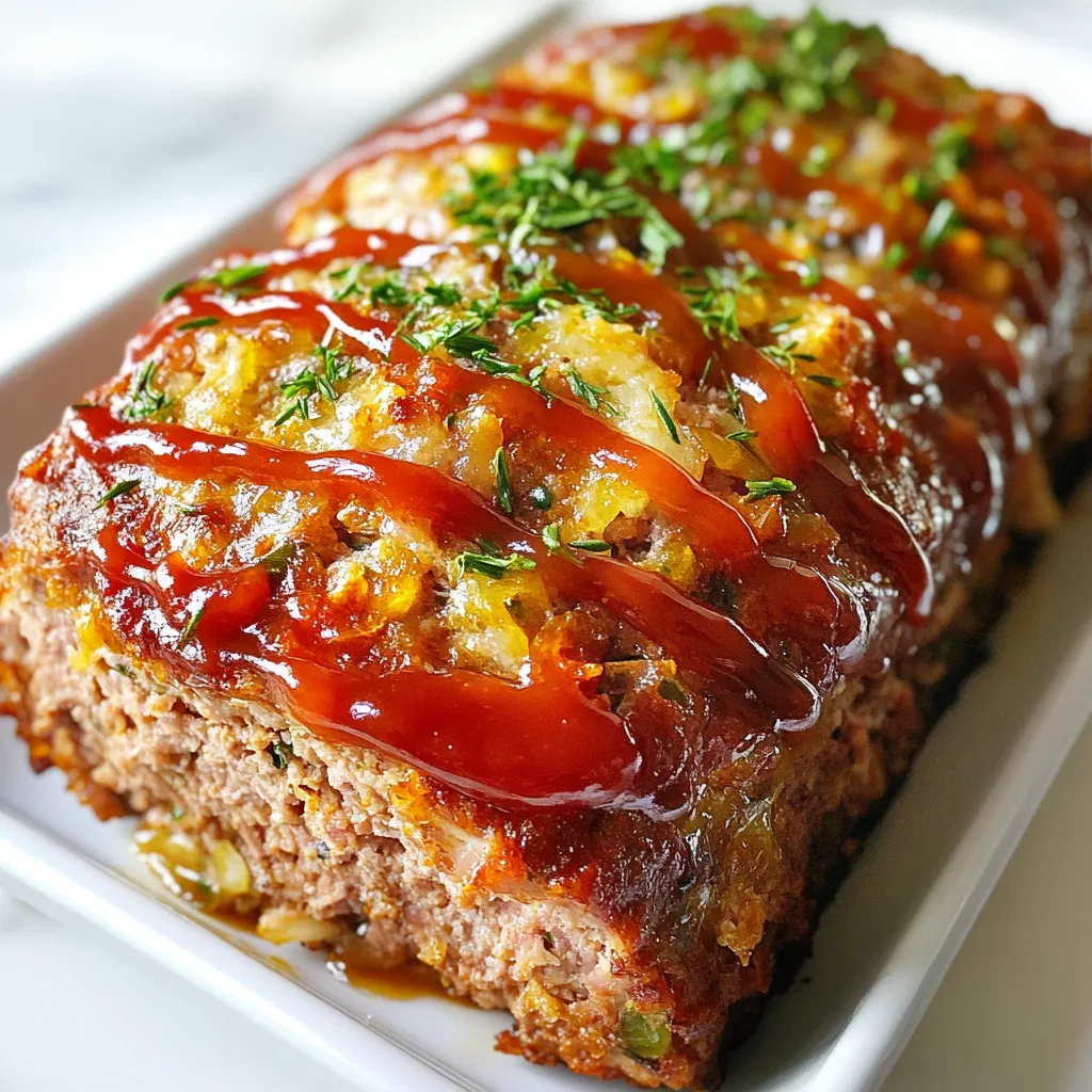 - 1.5 lbs ground turkey - 1 cup breadcrumbs (preferably whole grain) - 1/2 cup onion, finely chopped - 3 cloves garlic, minced - 1/4 cup fresh parsley, chopped - 1/4 cup fresh thyme, chopped - 1/4 cup milk (or plant-based milk) - 1 large egg - 2 tablespoons Worcestershire sauce - 1 teaspoon salt - 1/2 teaspoon black pepper - 1/2 teaspoon smoked paprika - 1/2 cup mozzarella cheese, shredded (optional for added moisture and flavor) - Ketchup or BBQ sauce, for topping When you make garlic herb turkey meatloaf, you need these simple ingredients. Each one adds great taste. Ground turkey is the main star. It is lean and keeps the meatloaf light. Breadcrumbs hold it all together. I like to use whole grain for added flavor and nutrition. Onions and garlic create a savory base. Fresh herbs like parsley and thyme bring brightness. They make every bite feel fresh. Milk helps keep the meatloaf moist. The egg binds everything, giving it structure. Worcestershire sauce adds depth and umami. Salt and pepper enhance all the flavors. Smoked paprika gives a hint of smokiness that is so good. Lastly, mozzarella cheese is optional but can add creaminess. Topping with ketchup or BBQ sauce adds a sweet and tangy finish. Gather these ingredients, and you're ready to create a delicious dinner. Each one plays a role in making this meatloaf flavorful and satisfying. {{ingredient_image_1}} - Preheat the oven: Start by setting your oven to 350°F (175°C). This step is key for even cooking. - Combine and mix the ingredients: In a large bowl, mix together these items: - 1.5 lbs ground turkey - 1 cup breadcrumbs - 1/2 cup finely chopped onion - 3 minced garlic cloves - 1/4 cup chopped fresh parsley - 1/4 cup chopped fresh thyme - 1/4 cup milk - 1 large egg - 2 tablespoons Worcestershire sauce - 1 teaspoon salt - 1/2 teaspoon black pepper - 1/2 teaspoon smoked paprika If you like cheese, add 1/2 cup mozzarella cheese for extra flavor. Use your hands or a spatula to mix well, but don’t overmix. This keeps the meatloaf light. - Shape the meatloaf: Next, transfer the mixture to a loaf pan. Shape it gently, ensuring a smooth top. - Transfer to loaf pan: Place the meat mixture in your prepared loaf pan. Make sure it sits evenly. - Add topping: Spread a layer of ketchup or BBQ sauce on top. This adds moisture and a tasty finish. - Bake and check temperature: Bake in your preheated oven for 50 to 60 minutes. Use a meat thermometer to check that it reaches 165°F (74°C). This ensures it’s safe to eat. - Rest and slice the meatloaf: Once baked, let it sit for about 10 minutes. This helps the juices to settle. After resting, slice it into pieces. - Recommended sides and garnishes: Serve your meatloaf with sides like mashed potatoes, green beans, or a fresh salad. These pair well and make a complete meal. Using fresh herbs makes a big difference in taste. Fresh parsley and thyme add bright notes. Dried herbs work too, but they lack the same punch. You can mix up the seasonings. Try adding Italian herbs or even a bit of chili powder for a kick. Do not overmix the meatloaf. Mixing too much makes it dense. Just combine until everything is moist and mixed. Adding cheese, like mozzarella, keeps the meatloaf moist and adds flavor. It melts into the loaf, creating a tasty surprise. To check if your meatloaf is done, use a meat thermometer. It should read 165°F (74°C) in the center. Place your meatloaf in the center of the oven for even cooking. This helps it cook through without burning the edges. Pro Tips Use Lean Turkey: Opt for lean ground turkey to reduce fat content, but be cautious as it may dry out. Adding moisture-rich ingredients like milk or cheese can help maintain juiciness. Chop Vegetables Finely: Finely chopping onions and herbs ensures they blend well into the meatloaf, enhancing flavor without overwhelming texture. Let it Rest: After baking, let the meatloaf rest for about 10 minutes before slicing. This allows the juices to redistribute, resulting in a more tender slice. Experiment with Toppings: Try different toppings like salsa, mustard, or a glaze made from honey and soy sauce for a unique twist on traditional ketchup or BBQ sauce. {{image_2}} You can easily switch up the ground turkey. Try ground chicken, beef, or even pork. Each meat brings a distinct taste to your meatloaf. For breadcrumbs, you can use crushed crackers or oats. Oats add a nice texture. They also make the dish gluten-free if you need that option. Want a spicy kick? Add chopped jalapeños or cayenne pepper to your mix. This gives your meatloaf a nice heat. For a Mediterranean twist, use herbs like oregano and basil. Mix in sun-dried tomatoes for a burst of flavor. This version is fresh and vibrant. If you want a hands-off approach, use a slow cooker. Just mix your ingredients and set it to low for 6-8 hours. It will be tender and juicy. You can also try the air fryer. Cook it at 350°F for about 25-30 minutes. You’ll get a crunchy outside while keeping the inside moist. To store leftovers, let the meatloaf cool first. Place it in an airtight container. You can also wrap it tightly in plastic wrap. This keeps it fresh and prevents odors. Use a container that fits well to avoid air exposure. This way, the flavors stay intact. I suggest using glass or plastic containers with tight lids. They are easy to stack in your fridge. You can freeze meatloaf before or after cooking. If freezing raw, shape the meatloaf and wrap it tightly. Use plastic wrap and then aluminum foil to keep it secure. If it's already cooked, let it cool, then slice it. Wrap each slice in plastic wrap, then place them in a freezer-safe bag. This makes it easy to grab a piece later. To thaw, move it to the fridge overnight. You can also use a microwave for quick thawing. The best way to reheat meatloaf is in the oven. Preheat it to 350°F (175°C). Place the meatloaf in a baking dish and cover with foil. This keeps moisture in and prevents drying. Heat for about 20 minutes or until warm. You can also use a microwave. Slice the meatloaf and place it on a microwave-safe plate. Cover with a damp paper towel. Heat for 1-2 minutes, checking to ensure it stays moist. Enjoy your flavorful dinner option hot! Turkey meatloaf lasts about three to four days in the fridge. Make sure to store it in an airtight container. This keeps it fresh and safe to eat. If you want it to last longer, consider freezing it. Yes, you can make turkey meatloaf ahead of time. Prepare it a day in advance and store it in the fridge. You can also shape it into a loaf and freeze it. Just remember to thaw it overnight before cooking. Cook turkey meatloaf until it reaches an internal temperature of 165°F (74°C). This ensures it is safe to eat. Use a meat thermometer to check the temperature in the center of the loaf. - Common issues with turkey meatloaf and how to fix them: - If your meatloaf is too dry, add more moisture next time. Use milk or add extra veggies. - If it falls apart, avoid overmixing the meat. This keeps it tender. - If the meatloaf is dense, mix gently and don’t pack it too tightly in the pan. This blog post showed you how to make a tasty turkey meatloaf, step by step. We covered the key ingredients, cooking tips, and ways to enhance flavor and texture. Plus, we discussed neat variations and storage info. Remember, cooking is fun and creative! Feel free to experiment or try new flavors. With these tips and ideas, you can enjoy a delicious meal that everyone will love. Happy cooking!