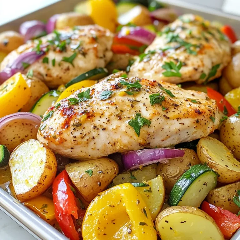 - 4 boneless, skinless chicken breasts - 2 cups baby potatoes, halved - 1 red bell pepper, sliced - 1 yellow bell pepper, sliced - 1 zucchini, sliced - 1 red onion, cut into wedges - 2 tablespoons olive oil - Salt and pepper to taste - Fresh parsley, chopped (for garnish) For the ranch seasoning, you can use: - 1 packet ranch seasoning mix, or make your own with: - 1 tablespoon dried dill - 1 tablespoon garlic powder - 1 tablespoon onion powder - 1 tablespoon dried parsley - 1 teaspoon salt - 1 teaspoon black pepper You can add more veggies to boost flavors and nutrition. Consider: - Carrots, cut into sticks - Broccoli florets - Cherry tomatoes - Asparagus If you want to change the protein, you can use: - Chicken thighs for a juicier option - Tofu for a plant-based choice Making ranch seasoning at home is easy. Here’s how: 1. Mix all the ingredients listed above in a bowl. 2. Store it in an airtight container. Using homemade ranch is great because: - You control the ingredients. - It’s fresher and tastes better. - No preservatives or added sugars. {{ingredient_image_1}} First, preheat your oven to 400°F (200°C). This step is key for even cooking. While the oven warms up, grab a large bowl. In it, mix 2 tablespoons of olive oil with the ranch seasoning mix. You can use a store-bought mix or make your own with dried dill, garlic powder, onion powder, dried parsley, salt, and pepper. Stir until the mix is well combined. Next, place the 4 boneless, skinless chicken breasts in the bowl. Make sure to coat each piece well in the ranch marinade. Let the chicken sit for 10 to 15 minutes. This helps the flavors soak in. Now, it’s time to prepare the baking sheet. Start by arranging 2 cups of halved baby potatoes, 1 sliced red bell pepper, 1 sliced yellow bell pepper, 1 sliced zucchini, and wedges of 1 red onion on the sheet. Spread them out in a single layer. Drizzle with a bit of olive oil and sprinkle some salt and pepper. Toss the veggies to coat them evenly. Next, take your marinated chicken breasts and nestle them among the veggies. This allows all the flavors to blend as they cook. Place the sheet pan in your preheated oven. Bake for 25 to 30 minutes. This is the magic time where the chicken cooks through, and the veggies become tender. To ensure everything is safe to eat, check the chicken's internal temperature. It should reach 165°F (75°C). Once done, remove the pan from the oven. Let it rest for about 5 minutes. This resting time helps the juices settle. Before serving, garnish with fresh parsley for a nice pop of color and flavor. Enjoy your ranch chicken and veggie sheet pan meal! To boost flavor, marinate your chicken well. Use the ranch marinade for at least 15 minutes. This gives the chicken time to soak in the herbs and spices. You can also try marinating longer for a deeper flavor. For vegetables, sprinkle salt and pepper evenly. You can use olive oil or butter for richness. Toss the veggies well to coat them in oil and seasonings. This helps every bite taste great. To ensure even cooking, cut the vegetables into similar sizes. This way, they cook at the same rate as the chicken. Place the chicken in the middle of the pan. This allows heat to circulate around it. Cleaning your sheet pan is easy! Soak it in warm, soapy water right after use. For tough spots, use a scrub brush. You can also line the pan with parchment paper. This makes cleanup a breeze. Pair your ranch chicken with simple sides. A fresh salad or steamed rice works well. You can also serve it with roasted bread for a hearty meal. For dips or sauces, ranch dressing is a perfect match. You might also try a spicy aioli or a tangy yogurt sauce. These add extra flavor and fun to your meal! Pro Tips Resting the Chicken: Allow the chicken to rest for a few minutes after baking to help retain its juices and keep it tender. Vegetable Variations: Feel free to mix and match your favorite vegetables; broccoli, asparagus, or carrots also work beautifully in this dish. Homemade Ranch Seasoning: If you have time, making your own ranch seasoning can elevate the flavor profile of the dish significantly. Meal Prep Friendly: This recipe is perfect for meal prep! Cook extra portions and store them in the fridge for quick lunches throughout the week. {{image_2}} You can change up the taste of your ranch chicken and veggies. Try these mixes: - Taco Seasoning: Use a taco mix for a zesty flavor. - Lemon Herb: Mix lemon juice, thyme, and rosemary for a fresh twist. - BBQ Rub: Add a smoky BBQ rub for a sweet and spicy kick. For marinades, think outside the box. Use yogurt and herbs for a tangy touch. Or try a balsamic vinaigrette for a sweet and tangy flavor. Using different veggies can change your dish. Here are some tasty options: - Seasonal Veggies: Use butternut squash in fall or asparagus in spring. - Leafy Greens: Add spinach or kale for extra nutrients. - Root Veggies: Carrots and parsnips add sweetness and crunch. If you want a vegetarian dish, swap chicken for chickpeas or tofu. They soak up flavors well and add protein. You can cook ranch chicken in different ways. Here’s how: - Grilling: Marinate and grill the chicken for smoky flavor. Cook on medium heat for 6-7 minutes per side. - Baking: Follow the original recipe for a hands-off meal. It’s easy and keeps everything moist. - Slow Cooker: Place the marinated chicken and veggies in the cooker. Cook on low for 6-8 hours or high for 3-4 hours. This method gives you tender chicken and rich flavors. These variations make the ranch chicken and veggie sheet pan new and fun. Enjoy trying different ideas! To store leftovers, place the chicken and veggies in an airtight container. This keeps them fresh and safe to eat. You can store them in the fridge for up to three days. Make sure they cool down before sealing the container to avoid moisture buildup. When reheating, you want to keep the chicken juicy. The best way is to use the oven. Set it to 350°F (175°C) and heat for about 15-20 minutes. If you use a microwave, place the chicken and veggies on a microwave-safe plate. Cover them with a damp paper towel to keep moisture. Heat for one to two minutes, checking often to avoid overcooking. You can freeze this dish for longer storage. First, let the meal cool completely. Then, wrap it tightly in plastic wrap and place it in a freezer-safe bag. This way, it can last up to three months. To thaw, place it in the fridge overnight. For cooking from frozen, bake at 375°F (190°C) for about 45-60 minutes. Check to ensure the chicken reaches 165°F (75°C). Yes, you can use frozen chicken and veggies. Just remember to thaw them first. Cooked frozen chicken needs longer cooking time. For veggies, check for tenderness. Use a thermometer to ensure chicken reaches 165°F. This makes it safe to eat. If you don’t have ranch seasoning, try these options: - Garlic and onion powder mix - Italian seasoning - A mix of dill, garlic powder, and salt You can also make your own mix with dried herbs. This keeps the flavors fresh and tasty. This recipe is great for meal prep. Make it ahead and store it in the fridge. You can pack it in containers for easy meals. It tastes good even after reheating. Just be sure to cool it down before storing. This dish stays fresh for about three days in the fridge. In this post, we explored how to make a delicious ranch chicken sheet pan dinner. We covered key ingredients, from chicken and veggies to homemade ranch seasoning. You learned step-by-step instructions for prepping and baking, along with helpful tips and variations. Remember, using fresh ingredients and good storage methods makes a big difference. This dish is not only easy to prepare but also versatile. Enjoy this tasty meal when you want something simple and satisfying. Happy cooking!