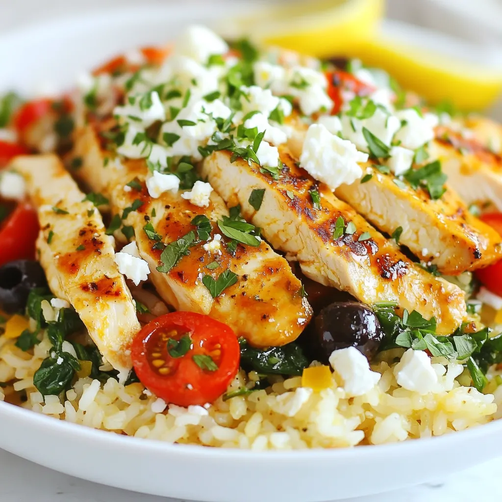- 2 cups jasmine rice - 4 boneless, skinless chicken breasts - 1 tablespoon olive oil - 1 teaspoon salt - 1 teaspoon black pepper - 1 teaspoon paprika - 1 teaspoon dried oregano - 1 cup chicken broth - 1 cup diced tomatoes (canned or fresh) - 1 cup chopped spinach - ½ cup black olives, sliced - ½ cup feta cheese, crumbled - 1 lemon, juiced - Fresh parsley, chopped for garnish - Diced tomatoes (canned or fresh) - Chopped spinach - Black olives - Feta cheese - Fresh parsley - Each serving has about 450 calories. - Macronutrients: 30g protein, 50g carbs, 15g fats. - This dish is gluten-free and can be low-carb with adjustments. The main ingredients set the stage for a rich flavor in your Mediterranean Chicken Rice. Jasmine rice gives a lovely aroma and texture, while chicken breasts provide lean protein. Olive oil and spices like paprika and oregano boost the taste. Adding fresh ingredients like tomatoes and spinach enhances the dish's nutrition. Feta cheese adds creaminess, and parsley offers a fresh touch. When you gather these ingredients, you’ll create a feast that’s both hearty and healthy. The nutritional information shows this meal is balanced and satisfying. With a focus on protein and healthy fats, you get a well-rounded dish. This recipe is also flexible, making it easy to adjust for dietary needs. {{ingredient_image_1}} Start by marinating the chicken. In a large bowl, mix olive oil, salt, black pepper, paprika, and dried oregano. Coat the chicken breasts well. Let them sit for 15 minutes to absorb the flavors. This marinating time is key for juicy chicken. Next, rinse the jasmine rice under cold water. Rinse until the water runs clear. This step removes excess starch and keeps the rice fluffy. In a medium saucepan, combine the rinsed rice and chicken broth. Bring it to a boil, then lower the heat. Cover and let it simmer for about 15 minutes. The rice should be tender and the liquid absorbed. Let it rest for 5 more minutes. Fluff it with a fork before serving. While the rice cooks, heat a large skillet on medium-high. Place the marinated chicken breasts in the skillet. Cook for about 6-7 minutes on each side. Look for a golden brown finish. The chicken is done when it reaches 165°F internally. Use a meat thermometer to check. Once the chicken is cooked, transfer it to a cutting board. Slice it into strips. In the same skillet, add the diced tomatoes and chopped spinach. Cook for 2-3 minutes, stirring often. Watch for the spinach to wilt. This mix adds great color and flavor. Now it’s time to bring everything together. Add the cooked rice to the skillet with the tomato and spinach. Drizzle with fresh lemon juice. Mix in the sliced olives and crumbled feta cheese. Stir until well combined. Place the sliced chicken on top for a beautiful finish. Transfer the Mediterranean Chicken Rice to a serving platter. Garnish with fresh parsley for a pop of color. You can add extra feta if desired. This dish pairs well with a simple green salad or pita bread. Enjoy your meal! To make your chicken shine, try adding different seasonings. You can use garlic powder, onion powder, or even a pinch of cayenne for heat. These changes can bring new life to your dish. For cooking chicken breasts, the best method is to sear them in a hot skillet. This locks in moisture and flavor, making them juicy. Aim for a golden brown color. Don't be afraid to check the temperature; it should reach 165°F for safety. To avoid mushy rice, rinse jasmine rice under cold water until the water runs clear. This step removes excess starch. After rinsing, cook it in chicken broth for added flavor. If you want to mix things up, try using basmati or brown rice. Just remember that brown rice takes longer to cook. Adjust your cooking time to about 45 minutes. Herbs and spices are key to a great Mediterranean dish. Consider adding fresh basil, thyme, or dill for extra flavor. You can also sprinkle in some red pepper flakes for heat. For toppings, think about using toasted pine nuts or slices of avocado. These add texture and richness. Don't forget a drizzle of olive oil for a finishing touch! Pro Tips Marinate for Flavor: Allowing the chicken to marinate for at least 15 minutes enhances its flavor. For even better results, marinate it in the fridge for a few hours or overnight. Perfectly Cooked Rice: Rinsing the jasmine rice removes excess starch, preventing it from becoming gummy. Always follow the correct water-to-rice ratio for fluffy rice. Use Fresh Ingredients: Fresh spinach and ripe tomatoes will elevate the dish’s flavor profile. If using canned tomatoes, opt for high-quality brands for the best taste. Garnish for Presentation: A sprinkle of fresh parsley and additional feta cheese not only enhances the visual appeal but also adds a burst of flavor to the final dish. {{image_2}} If you want to make a vegetarian version, you can swap chicken for hearty veggies. Use ingredients like mushrooms, eggplant, or zucchini. These veggies add great flavors and textures. You can also use chickpeas or lentils as plant-based proteins. They will make the dish filling and nutritious. You can grill or bake the chicken for a different taste. For grilling, marinate the chicken, then cook on medium heat for about 6-7 minutes on each side. If you prefer baking, place the chicken in a preheated oven at 375°F. Bake for about 25-30 minutes. Check for an internal temperature of 165°F. This method gives a nice, crispy outside. Explore different Mediterranean influences by adding unique flavors. For a Greek twist, use Kalamata olives and capers. If you want a North African vibe, add spices like cumin and coriander. You can also switch up the toppings. Try using sun-dried tomatoes, artichokes, or fresh herbs. Each option brings its own flair to the dish. To store leftover Mediterranean Chicken Rice, let it cool first. Place it in airtight containers. This keeps out moisture and air, helping to keep the dish fresh. Glass containers work well, as they do not stain and are safe for the microwave. You can also use plastic containers, but ensure they are BPA-free. To freeze Mediterranean Chicken Rice, first cool it completely. Then, pack it in freezer-safe bags or containers. Remove as much air as possible to prevent freezer burn. When you want to enjoy it again, thaw it overnight in the fridge. To reheat, warm it in a skillet over low heat. Adding a splash of chicken broth can help keep the flavor and moisture. In the refrigerator, your Mediterranean Chicken Rice lasts about three to four days. In the freezer, it can stay fresh for up to three months. Always check for any signs of spoilage before eating. This ensures you enjoy your meal at its best. Yes, you can use brown rice. Just remember, brown rice takes longer to cook. You will need about 40-45 minutes for perfect texture. Use 2 ½ cups of chicken broth for the best flavor. To make this dish dairy-free, skip the feta cheese. Instead, try using nutritional yeast for a cheesy flavor. You can also add avocado for creaminess. This dish pairs well with a fresh salad or grilled vegetables. You can also serve it with pita bread or hummus. A side of tzatziki adds a nice touch, too. Yes, you can prep this recipe ahead of time. Cook the chicken and rice, then store them separately. This way, you can mix them just before serving. Keep them in airtight containers in the fridge for up to three days. This article shared a complete guide on making Mediterranean Chicken Rice. We covered the main ingredients, steps to cook, and storage tips. You learned how to marinate the chicken, cook the rice, and create a flavorful mix with fresh veggies. Additionally, we explored variations and answered common questions. In conclusion, this dish is both tasty and easy. You can enjoy many flavors with simple steps. It’s perfect for meals at home or gatherings. Enjoy cooking and make it your own!