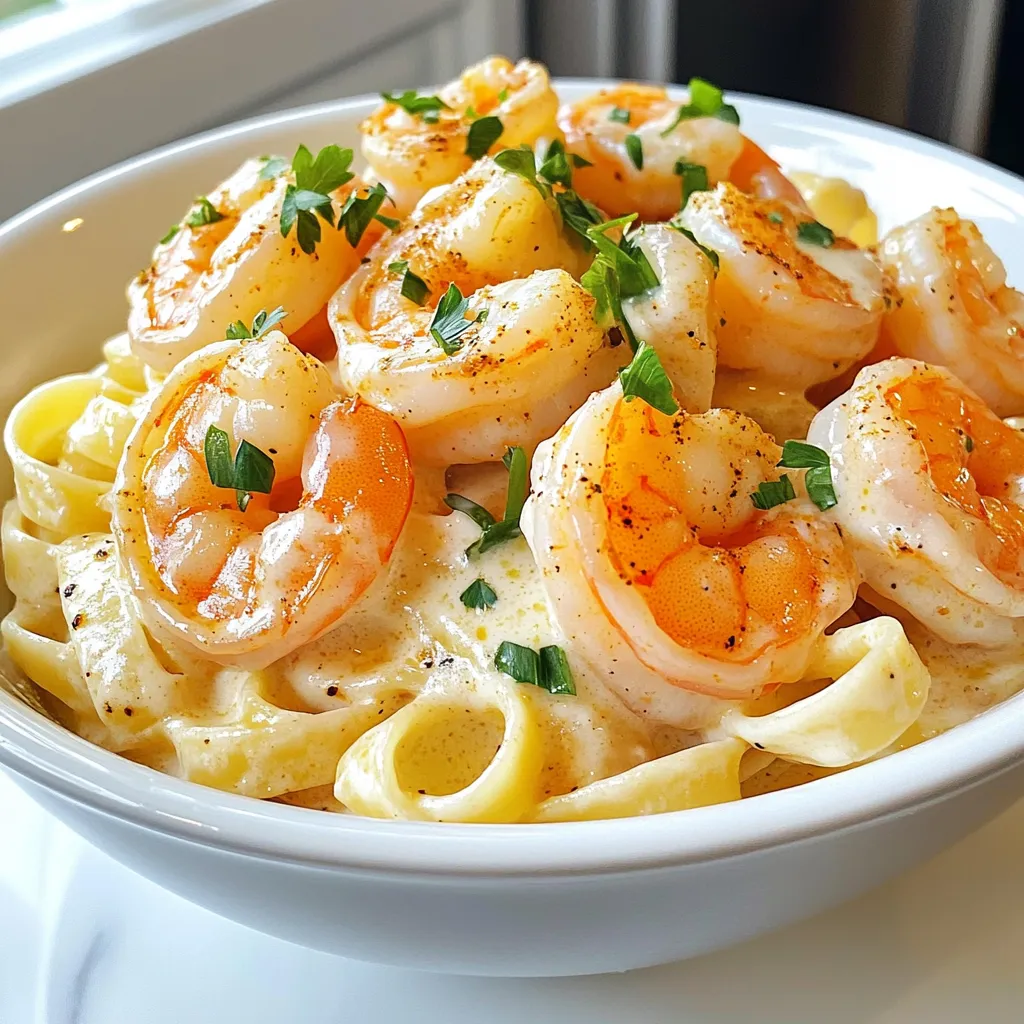 To make Cajun Shrimp Alfredo, you need these main items: - 12 ounces fettuccine pasta - 1 pound large shrimp, peeled and deveined - 4 tablespoons unsalted butter - 1 cup heavy cream - 1 cup grated Parmesan cheese These ingredients form the base of the dish. The fettuccine gives it a nice texture. The shrimp adds protein and flavor. The butter and cream create a rich sauce that coats everything beautifully. The right spices make this dish special. Here are the key spices: - 2 tablespoons Cajun seasoning - 1/2 teaspoon black pepper - 1/4 teaspoon salt (or to taste) Cajun seasoning brings a bold kick. It has spices like paprika, garlic, and cayenne. Black pepper adds warmth. Adjust the salt to fit your taste. Garnishing adds a nice touch to your plate. Consider these options: - 2 green onions, sliced - Fresh parsley, chopped Green onions give a fresh crunch. Parsley adds color and flavor. These garnishes make your dish look and taste great. {{ingredient_image_1}} Start by boiling a large pot of salted water. Add 12 ounces of fettuccine pasta. Cook it according to the package instructions until it is al dente. This usually takes about 8 to 10 minutes. Once done, drain the pasta. Be sure to save about 1/2 cup of the pasta water. This water helps to adjust the sauce later. Take 1 pound of large shrimp, peeled and deveined. Place the shrimp in a bowl. Add 2 tablespoons of Cajun seasoning to the bowl. Toss the shrimp until they are coated evenly. This spice mix gives the shrimp a nice kick and flavor. In a large skillet, melt 2 tablespoons of unsalted butter over medium-high heat. Once it’s melted, add the seasoned shrimp. Cook the shrimp for about 2 to 3 minutes on each side. They should turn pink and opaque. After cooking, remove the shrimp from the skillet and set them aside. In the same skillet, add another 2 tablespoons of butter. Once melted, add 3 minced garlic cloves. Sauté for about 1 minute until fragrant. Then, lower the heat to medium-low. Pour in 1 cup of heavy cream, stirring constantly. Gradually add 1 cup of grated Parmesan cheese. Keep stirring until it melts and gets creamy. If the sauce is too thick, add a splash of reserved pasta water to make it just right. Now it’s time to mix everything. Add the cooked fettuccine and sautéed shrimp back into the sauce. Toss everything together until it's well coated. Season with 1/2 teaspoon of black pepper and adjust salt to taste. Remove the skillet from the heat. Let it sit for a minute. Finish by garnishing with sliced green onions and chopped parsley. Enjoy your meal! To make the best Cajun shrimp, start with fresh shrimp. Look for large shrimp that are peeled and deveined. Use two tablespoons of Cajun seasoning for each pound of shrimp. Toss the shrimp well to coat them evenly. Sauté the shrimp in a hot skillet with butter for a few minutes. Cook them until they turn pink and opaque. This step adds great flavor and keeps the shrimp juicy. To thicken your Alfredo sauce, use heavy cream and Parmesan cheese. Start by melting butter in your skillet. Then, add minced garlic and sauté for a minute. Pour in heavy cream and stir as it heats. Gradually add the cheese, stirring until it melts. If the sauce is too thick, add a splash of reserved pasta water. This will help you get the perfect creamy texture. Here’s what you need for this recipe: - Large pot for boiling pasta - Skillet for cooking shrimp and sauce - Mixing bowl for seasoning shrimp - Measuring cups and spoons - Wooden spoon or spatula for stirring These tools help you make Cajun Shrimp Alfredo easily and efficiently. With the right equipment, cooking becomes a breeze! Pro Tips Use Fresh Shrimp: Always opt for fresh shrimp when possible for the best flavor and texture in your Alfredo dish. Adjust Spice Level: Feel free to adjust the amount of Cajun seasoning to suit your taste preferences; start with less and add more if needed. Perfect Pasta Texture: Make sure to cook the fettuccine until al dente, as it will continue to cook slightly when tossed with the hot sauce. Garnish for Freshness: Adding fresh herbs like parsley and green onions not only enhances the presentation but also adds a burst of freshness to the dish. {{image_2}} You can switch up the pasta in this dish. Fettuccine works great, but you can use penne or linguine, too. Gluten-free pasta is an option if you need it. Just cook it according to the package directions. The sauce pairs well with any pasta you choose. Adding veggies can make your Cajun Shrimp Alfredo even better. Think about bell peppers, spinach, or zucchini. You can sauté these in the skillet before adding the sauce. This adds color and nutrition to your meal. You could also try adding cherry tomatoes for a burst of sweetness. Want it milder? Use less Cajun seasoning. You can also mix in a bit of cream or cheese to tone it down. If you like more heat, add some cayenne pepper or red pepper flakes. Always taste as you go to find that perfect balance. Adjusting spice levels makes it fun for everyone at the table. After you make Cajun Shrimp Alfredo, let it cool down. Place it in an airtight container. It can last in the fridge for up to 3 days. If you want the best taste, eat it within 1-2 days. You can freeze Cajun Shrimp Alfredo for later meals. Use a freezer-safe container. It stays good for about 2 months in the freezer. To prevent clumping, add a little extra cream or pasta water before freezing. When you are ready to eat, thaw the dish in the fridge overnight. Reheat it on the stove over low heat. Stir in a splash of milk or cream to keep it creamy. You can also use a microwave if you’re short on time. Heat it in short bursts, stirring in between. Enjoy your tasty meal! You can use whole milk or half-and-half. Both options will make the sauce lighter. If you want a vegan alternative, try coconut cream. It adds a nice flavor. Yes, you can! Use gluten-free fettuccine pasta instead. Many brands offer great options. Just check the package to cook it right. To lower the spice, use less Cajun seasoning. You can also add more cream to tone it down. Cream will balance the heat for a milder dish. Yes, it is great for meal prep! Store it in airtight containers. It stays good in the fridge for about three days. Just reheat gently before eating. Try a simple green salad or garlic bread. Both will complement the dish well. Steamed vegetables like broccoli also work nicely with the rich flavors. This blog post covered key ingredients and steps to make Cajun Shrimp Alfredo. You learned how to cook fettuccine and make a rich sauce. We discussed tips for perfect shrimp and variations to suit your tastes. Remember, this dish can be adjusted for spice and dietary needs. With the right techniques, you can impress anyone. Enjoy your cooking adventure and savor every bite!