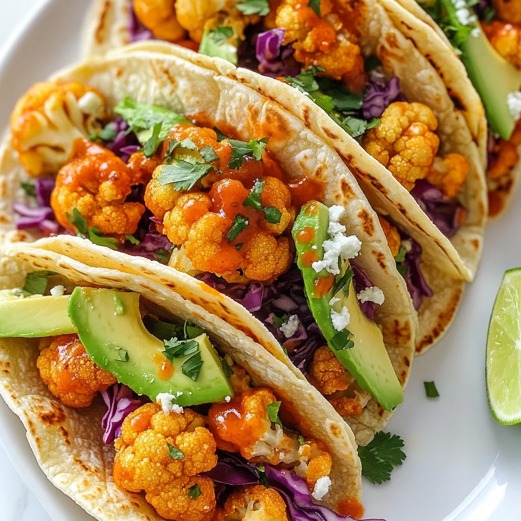 To make Buffalo cauliflower tacos, you need fresh, tasty ingredients. Here’s what you’ll need: - 1 medium head of cauliflower, cut into bite-sized florets - 1 cup all-purpose flour or gluten-free flour - 1 cup water - 1 teaspoon garlic powder - 1 teaspoon onion powder - 1 teaspoon smoked paprika - ½ teaspoon cayenne pepper (adjust based on heat preference) - Salt and pepper to taste - 1 cup buffalo sauce These ingredients create a crunchy and spicy filling that shines in the tacos. Toppings add flavor and texture to your tacos. For this recipe, use: - 8 small corn tortillas - 1 avocado, sliced - ½ cup red cabbage, shredded - Fresh cilantro, for garnish - Lime wedges, for serving These toppings give your tacos a fresh and vibrant taste. Enjoy your Buffalo cauliflower tacos warm. Serve them right after you assemble them. You can pair them with a side salad or some chips. Adding a squeeze of lime on top brightens the flavors. Feel free to customize with your favorite hot sauce for an extra kick! {{ingredient_image_1}} Start by preheating your oven to 450°F (232°C). While the oven heats up, take your medium head of cauliflower and cut it into bite-sized florets. This size helps the cauliflower cook evenly. Spread the florets out on a baking sheet lined with parchment paper. Make sure they have space between them. This will help them get crispy. In a medium mixing bowl, combine 1 cup of all-purpose flour or gluten-free flour with 1 cup of water. Add in 1 teaspoon of garlic powder, 1 teaspoon of onion powder, 1 teaspoon of smoked paprika, and ½ teaspoon of cayenne pepper. Don’t forget to add salt and pepper to taste! Whisk these ingredients together until you achieve a smooth batter. It should not be too thick or too runny. Dip each cauliflower floret into the batter. Make sure each piece is fully coated. Place the coated florets on the baking sheet, ensuring they do not touch. Bake for about 20 minutes, or until they turn golden brown and crispy. Once done, remove them from the oven, and toss them in 1 cup of buffalo sauce until fully coated. Return the sauced cauliflower to the baking sheet and bake for another 10 minutes. While the cauliflower bakes, warm 8 small corn tortillas in a dry skillet for about 30 seconds on each side. Now, you can assemble your tacos! Place several buffalo cauliflower pieces on each tortilla. Top with slices of avocado, shredded red cabbage, and fresh cilantro. Enjoy these tasty tacos right away with lime wedges on the side! To get the best crunch, coat each cauliflower floret well. Use batter that is thick enough to stick. Don't overcrowd the baking sheet. Space the florets out. This helps them cook evenly and get crispy. Bake at 450°F for 20 minutes until golden brown. Buffalo sauce can be spicy. To control the heat, adjust the cayenne pepper. Start with less if you like mild flavors. You can add more buffalo sauce after baking for extra heat. Taste as you go to find your perfect balance. Corn tortillas work best for these tacos. They hold up well and add flavor. Warm them in a skillet for 30 seconds on each side. This makes them soft and easy to fold. You can also try flour tortillas if you prefer. They can give a different texture to your tacos. Pro Tips Use Fresh Cauliflower: Fresh cauliflower will provide the best texture and flavor for your tacos. Look for heads that are firm and free of blemishes. Adjust Heat Level: The cayenne pepper can be adjusted based on your heat preference. Start with less if you’re unsure, and you can always add more buffalo sauce later. Let the Cauliflower Cool: Allow the baked cauliflower to cool slightly before tossing in the buffalo sauce. This helps the sauce adhere better and keeps the florets crispy. Garnish for Flavor: Don’t skip the fresh cilantro and lime wedges; they add a burst of freshness that complements the spicy buffalo flavor perfectly. {{image_2}} You can change the toppings to fit your taste. Here are some ideas: - Shredded lettuce adds crunch. - Sliced jalapeños bring heat. - Diced tomatoes add freshness. - Crumbled feta cheese gives a salty kick. - A sprinkle of green onions adds flavor. These options let you customize your tacos for every meal. Buffalo sauce is delicious, but you can try other sauces too. Here are some choices: - Ranch dressing adds a creamy touch. - Blue cheese sauce pairs well with the spices. - Chipotle mayo gives a smoky flavor. - A squeeze of sriracha brings extra heat. Feel free to mix sauces for a unique taste. You can easily make this dish gluten-free and vegan. Here’s how: - Use gluten-free flour instead of all-purpose flour. - Substitute the buffalo sauce with a vegan version. - Ensure all toppings are plant-based. These simple swaps keep the taste while meeting dietary needs. To keep your buffalo cauliflower fresh, store it in an airtight container. Make sure the cauliflower is cool before sealing the container. Place it in the fridge if you plan to eat it within a few days. Proper storage helps keep the flavors intact and maintains texture. When reheating, you want to keep that crunch. Preheat your oven to 375°F (190°C). Place the cauliflower on a baking sheet lined with parchment paper. Heat for about 10-15 minutes. This method revives the crispiness. You can also use an air fryer for 5-7 minutes. It will keep the bites nice and crunchy. You can freeze buffalo cauliflower for later use. Let it cool completely, then place it in a freezer-safe bag. Squeeze out any extra air before sealing. To use, thaw it in the fridge overnight. Reheat as mentioned above for the best results. Freezing is a great way to enjoy these tacos anytime! Yes, you can prepare Buffalo Cauliflower Tacos ahead of time. First, bake the cauliflower and toss it in the buffalo sauce. Let it cool and store it in an airtight container. You can keep it in the fridge for up to three days. When you are ready to eat, just reheat the cauliflower in the oven. Warm the tortillas quickly in a skillet, and assemble your tacos. This method saves time and keeps the flavors intact. To crank up the heat in your tacos, simply add more cayenne pepper to the batter. You can also use a hotter buffalo sauce. If you like fresh heat, try adding sliced jalapeños or a spicy salsa on top. These adjustments will give your tacos that extra kick you desire, making them even more delicious. Buffalo Cauliflower Tacos pair well with many sides. Consider making a fresh salad with mixed greens and a light vinaigrette. You can also serve some Mexican street corn on the side for a tasty treat. Another great option is a cooling yogurt or sour cream dip to balance the heat from the buffalo sauce. Don't forget some lime wedges for a zesty finish! This blog post covered how to make tasty Buffalo Cauliflower Tacos. We explored ingredient choices, tips for crunch, and the best sauces. You can also add your favorite toppings and make it vegan or gluten-free. Storing and reheating the tacos is easy, so enjoy them later! Remember, it’s fun to try new things and adjust flavors to fit your taste. Get creative and make this dish your own!