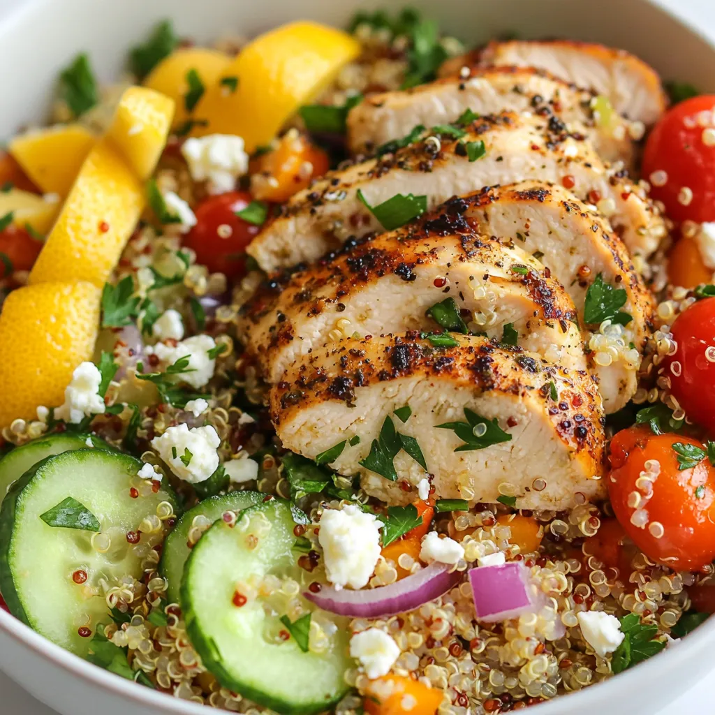To make Lemon Herb Quinoa Chicken Salad, gather these key ingredients: - 1 cup quinoa, rinsed - 2 cups water or chicken broth - 2 boneless, skinless chicken breasts - 1 tablespoon olive oil - Salt and pepper, to taste - Juice and zest of 1 large lemon - 1 teaspoon dried oregano - 1 teaspoon dried thyme - 1/2 cucumber, diced - 1 cup cherry tomatoes, halved - 1/4 red onion, finely chopped - 1/4 cup feta cheese, crumbled (optional) - Fresh parsley, chopped for garnish These ingredients create a bright, fresh taste. The quinoa is full of protein. The chicken adds a hearty touch. The lemon, herbs, and vegetables bring a refreshing zing. You can change the recipe to fit your taste. Here are some ideas: - Use vegetable broth instead of chicken broth for a vegetarian option. - Swap feta cheese with avocado for a creamier texture. - Add bell peppers for extra crunch and color. - Use fresh herbs like basil or cilantro instead of dried ones. These swaps keep the dish fun and exciting, making it your own. Each serving of this salad offers a great balance of nutrients. Here’s a breakdown: - Calories: Approximately 350 - Protein: 30 grams - Carbohydrates: 40 grams - Fat: 10 grams - Fiber: 5 grams This salad is not just tasty; it’s also filling and healthy. You get protein from chicken and quinoa, plus vitamins from veggies. Enjoy this meal knowing you’re fueling your body right! {{ingredient_image_1}} Start by rinsing 1 cup of quinoa under cold water. This step helps remove any bitterness. Next, put the quinoa in a medium pot. Add 2 cups of water or chicken broth for flavor. Bring it to a boil over high heat. After it boils, reduce the heat to low. Cover the pot and let it simmer for about 15 minutes. The quinoa will absorb all the liquid. Once done, fluff it with a fork and set it aside to cool. Take 2 boneless, skinless chicken breasts. Use a cutting board to prepare them. Drizzle 1 tablespoon of olive oil over the chicken. Season with salt and pepper. Sprinkle 1 teaspoon of dried oregano and 1 teaspoon of dried thyme on top. Heat a skillet over medium heat. Place the chicken in the skillet. Cook for about 6 to 7 minutes on each side. Make sure the chicken is no longer pink in the center. Once cooked, remove it from heat and let it rest. Slice the chicken into bite-sized pieces after a few minutes. Grab a large bowl for mixing. Add the cooled quinoa, diced cucumber, halved cherry tomatoes, and finely chopped red onion. Place the sliced chicken on top of the salad mix. For a fresh burst of flavor, drizzle with the juice and zest of 1 large lemon. If you like, sprinkle 1/4 cup of crumbled feta cheese on top. Gently toss everything together until it’s well combined. Taste and adjust seasoning with salt and pepper if needed. Finally, garnish with freshly chopped parsley before serving. Enjoy your fresh and tasty Lemon Herb Quinoa Chicken Salad! To cook quinoa well, rinse it first. This removes any bitter taste. Use a 2:1 ratio of water or broth to quinoa. Bring the liquid to a boil, then lower the heat. Cover the pot and let it simmer for about 15 minutes. Once done, fluff it with a fork. Let it cool before adding to your salad. To keep chicken juicy, use boneless, skinless breasts. Season them with olive oil, salt, and pepper. Cook the chicken in a hot skillet for about 6-7 minutes on each side. This method seals in the moisture. Let it rest for a few minutes before slicing. This helps keep the juices inside. Enhance your salad with fresh lemon juice and zest. The lemon brightens the dish. Use dried oregano and thyme for a nice herbal touch. Adding diced cucumber and cherry tomatoes gives a fresh crunch. If you like, sprinkle feta cheese on top for creaminess. Finish with fresh parsley to add color and flavor. Pro Tips Perfectly Cooked Quinoa: Ensure you rinse the quinoa thoroughly before cooking to remove any bitterness from the saponins. This will result in a light and fluffy texture. Juicy Chicken: To keep the chicken moist, let it rest for a few minutes after cooking before slicing. This helps the juices redistribute throughout the meat. Fresh Ingredients: For the best flavor, use fresh herbs and ripe vegetables. This will enhance the overall taste of your salad and provide a vibrant presentation. Meal Prep Friendly: This salad can be made ahead of time and stored in the refrigerator for up to 3 days. Just keep the feta and parsley separate until serving to maintain freshness. {{image_2}} You can easily make this salad vegetarian or vegan. Replace the chicken with chickpeas or grilled tofu. Both options add protein and a nice texture. Use vegetable broth instead of chicken broth when cooking quinoa. This keeps the flavor rich without meat. For a vegan version, skip the feta cheese or use a plant-based cheese substitute. If you have allergies, there are great swaps. Instead of quinoa, try brown rice or farro for the base. If you can’t have dairy, leave out the feta cheese. You might also use nutritional yeast for a cheesy flavor. For a gluten-free option, ensure your broth is gluten-free. Always check labels when using packaged ingredients. Feel free to switch up the herbs! Instead of oregano and thyme, use basil or dill for a fresh twist. You can even add fresh mint for a bright taste. For dressings, a balsamic vinaigrette or tahini dressing can change the whole dish. Experimenting with flavors keeps your meals exciting and new. After enjoying your Lemon Herb Quinoa Chicken Salad, store any leftovers in an airtight container. Place it in the fridge. This keeps the salad fresh and tasty for later. If you want to reheat your salad, do it gently. Use a microwave on low heat. Stir the salad every 30 seconds to avoid hot spots. You can also let it sit at room temperature for a bit. This helps the flavors come back to life. Most of the ingredients in this salad last well. Cooked quinoa will stay good in the fridge for about 3 to 5 days. Cooked chicken lasts for 3 to 4 days. Fresh veggies like cucumber and tomatoes are best eaten within 2 to 3 days. Always check for signs of spoilage before eating leftovers. Yes, you can easily meal prep this salad. I recommend making a big batch on the weekend. Store it in airtight containers. It keeps well in the fridge for up to four days. Just make sure to add the dressing right before eating. This keeps everything fresh and tasty. To make this salad more filling, try adding extra protein. Chickpeas, black beans, or diced avocado work great. You can also toss in some nuts or seeds for crunch. Adding more veggies, like bell peppers or carrots, boosts the nutrition too. This salad takes about 40 minutes to make. Prep time is around 20 minutes. Cooking the quinoa and chicken takes the rest of the time. It's quick and easy, perfect for a busy weeknight dinner or a healthy lunch. This blog post covered everything you need to make a tasty Lemon Herb Quinoa Chicken Salad. You learned about the main and optional ingredients, how to cook quinoa, and prepare juicy chicken. I shared tips for flavor and variations for different diets. Remember to store leftovers properly to keep them fresh. With these steps, you can enjoy a healthy meal any time. Make this salad your own and enjoy!