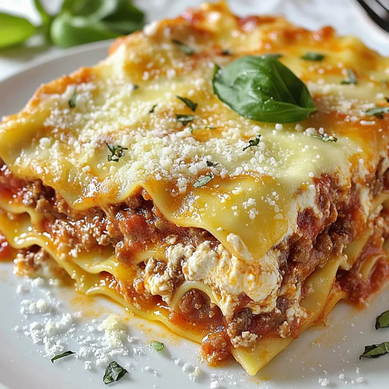 - 12 lasagna noodles - 1 pound ground beef - 1 pound Italian sausage - 1 medium onion, diced - 2 cloves garlic, minced - 28 ounces crushed tomatoes - 15 ounces ricotta cheese - 3 cups shredded mozzarella cheese - 1 cup grated Parmesan cheese - 1 egg - 2 tablespoons fresh basil, chopped (or 1 tablespoon dried) - 2 teaspoons oregano - Salt and pepper to taste - 3 tablespoons olive oil These ingredients work together to make a rich and tasty lasagna. The blend of beef and sausage gives depth to the flavor. Fresh herbs like basil and oregano add a bright touch. Use high-quality cheeses for the best taste. The lasagna noodles hold everything together. Cook them just right so they remain firm. The crushed tomatoes form a lovely sauce that binds the layers. Ricotta cheese adds creaminess and richness. Don’t forget the egg! It helps the ricotta blend well. Salt and pepper enhance all the flavors. Olive oil adds a smooth texture and richness to the meat sauce. Gather these ingredients to create a dish your family will love. Each bite will feel like a million dollars! {{ingredient_image_1}} - Preheat your oven to 375°F (190°C). - Cook 12 lasagna noodles to al dente, then drain and set aside. - In a large skillet, heat 3 tablespoons of olive oil over medium heat. - Add 1 diced onion and 2 minced garlic cloves. Sauté until soft. - Add 1 pound of ground beef and 1 pound of Italian sausage. Cook until browned. - Drain excess fat from the skillet. - Stir in 28 ounces of crushed tomatoes, 2 tablespoons of fresh basil, 2 teaspoons of oregano, salt, and pepper. - Let the sauce simmer for about 10 minutes, stirring occasionally. - Grab a 9x13 inch baking dish. Spread a layer of meat sauce at the bottom. - Place 3 lasagna noodles over the sauce. - Spread a layer of ricotta cheese mixture over the noodles. - Add a sprinkle of 3 cups of shredded mozzarella cheese. - Repeat these layers: meat sauce, noodles, ricotta, mozzarella until you use all ingredients. - Finish with a final layer of meat sauce topped with remaining mozzarella and 1 cup of grated Parmesan cheese. - Cover the dish with aluminum foil. Make sure the foil does not touch the cheese. - Bake in the oven for 25 minutes. - Remove the foil and bake for another 15 to 20 minutes until the cheese is bubbly and golden. - Let the lasagna cool for at least 15 minutes before slicing. This helps with easy serving. To get the best lasagna, let it cool before slicing. This helps the layers set. When you cut into hot lasagna, it can fall apart. A little wait makes it easier to serve. Use high-quality ingredients for that "million-dollar" taste. Fresh herbs, good cheese, and quality meat make a big difference. For the ricotta, choose a creamy brand. The flavor shines through in every bite. Make your lasagna look great when you serve it. Garnish each slice with fresh basil leaves. This adds color and a nice touch. Pair your lasagna with tasty sides. Garlic bread is always a hit. A fresh salad with crisp greens balances the meal well. These sides make your dinner special. Pro Tips Cook Noodles Al Dente: Cooking your lasagna noodles just until al dente ensures they won't become mushy when baked. They will absorb some moisture during baking, so a firmer texture is ideal. Layering Technique: When layering, make sure to cover every noodle with sauce to prevent them from drying out during baking. This helps create a moist and flavorful lasagna. Rest Before Serving: Allow the lasagna to rest for at least 15 minutes before slicing. This helps the layers set and makes for cleaner cuts when serving. Customize Your Cheese: Feel free to mix different cheeses like provolone or gouda with the mozzarella for added flavor. Experimenting with cheese can elevate your lasagna to the next level! {{image_2}} You can make a vegetarian version of Million Dollar Lasagna easily. Start by swapping out the meat for vegetables. Use veggies like zucchini, bell peppers, and mushrooms. These add great flavor and texture. You can also try spinach for extra nutrients. Next, think about the cheese. You can mix different types to give your lasagna a unique taste. A blend of mozzarella, ricotta, and goat cheese works well. This mix adds creaminess and depth. Want to elevate your lasagna? Try adding gourmet ingredients. A drizzle of truffle oil can make a big difference. It adds a rich, earthy taste that is hard to resist. Consider using gourmet cheeses like Gruyère or fontina. These cheeses melt beautifully and add a sophisticated touch. You can also include unique ingredients. Spinach and mushrooms blend well and boost the flavor. Roasted red peppers can add a sweet kick. Don't be afraid to experiment and find what you love! To keep your Million Dollar Lasagna fresh, follow these steps: - Allow the lasagna to cool completely before storing. - Use an airtight container or wrap tightly in plastic wrap. - Place in the fridge. This keeps the flavors intact. - Leftovers are best eaten within 3 to 5 days. If you want to save some for later, freezing is a great option. - First, let the lasagna cool completely. - Cut it into pieces for easy storage. - Wrap each piece in plastic wrap and then aluminum foil. - Place wrapped pieces in a freezer-safe bag or container. - Label with the date to track freshness. - To thaw, place in the fridge overnight. - Reheat in the oven at 350°F (175°C) until hot, about 25 minutes. This way, you can enjoy your lasagna any time! Million Dollar Lasagna gets its name from the rich flavors and fresh ingredients. The blend of ground beef and Italian sausage creates a hearty sauce. The creamy ricotta and melted mozzarella add a smooth texture. Using fresh herbs like basil and oregano brings out bright flavors. Each bite tastes gourmet, like a restaurant dish. Yes, you can prepare this lasagna ahead of time. Assemble it in your baking dish, then cover it tightly. Store it in the fridge for up to two days. You can also freeze it for later. If frozen, let it thaw overnight in the fridge before baking. This makes meal prep easy and stress-free. If you need a ricotta substitute, try cottage cheese. It has a similar texture and flavor. For a vegan option, use blended tofu or a store-bought vegan ricotta. Both choices work well in the lasagna. They keep the dish creamy and delicious without the dairy. Leftover lasagna lasts about 3 to 5 days in the fridge. Be sure to store it in an airtight container. Check for signs of spoilage, like an off smell or mold. If you notice either, it’s best to throw it away to stay safe. This blog outlines how to make a delicious Million Dollar Lasagna. You learned about the essential ingredients and the step-by-step process to prepare it. I shared tips to enhance your dish and variations to try. Remember, letting the lasagna cool improves slicing. By using high-quality ingredients, you can really impress your guests. Store leftovers well to enjoy later. Now, get cooking and treat yourself to a wonderful meal! Enjoy the fruits of your labor and share it with friends and family.