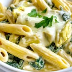 - 8 oz (about 225g) pasta (penne or rigatoni) - 1 cup fresh spinach, chopped - 1 cup canned artichoke hearts, drained and chopped - 1 cup cream cheese, softened - 1 cup shredded mozzarella cheese - 1/2 cup grated Parmesan cheese - 1/2 cup sour cream - 2 cloves garlic, minced - 1/4 teaspoon red pepper flakes (optional for spice) - Salt and pepper to taste - 2 tablespoons olive oil - Fresh parsley for garnish For the best flavor, I recommend using Philadelphia cream cheese. It melts well and gives a smooth texture. For mozzarella, I prefer Galbani or BelGioioso. Their cheeses are rich and creamy. For Parmesan, look for Grana Padano for a nice nutty taste. If you need alternatives, you can use gluten-free pasta for a healthier option. For a lighter dish, swap sour cream with Greek yogurt. If you're vegan, try cashew cream instead of cream cheese. Use nutritional yeast to replace the cheese flavors. Start by boiling a large pot of water. Add a good amount of salt. This helps flavor the pasta. Once the water is bubbling, toss in 8 ounces of your choice, like penne or rigatoni. Cook according to the package until it's al dente. This means it should be firm but cooked through. Save half a cup of pasta water before draining. Drain the pasta and set it aside. This step makes sure your pasta stays perfect. Heat 2 tablespoons of olive oil in a large skillet over medium heat. Add 2 cloves of minced garlic and sauté for around 1 minute. You want the garlic to smell great but not brown. Brown garlic can taste bitter, so keep an eye on it. Lower the heat and add 1 cup of softened cream cheese to the skillet with garlic. Stir it well until the cream cheese melts and blends with the garlic. This creamy base sets the tone for your dip. Next, gradually add in 1 cup of shredded mozzarella and 1/2 cup of grated Parmesan cheese. Keep stirring as they melt into a smooth sauce. This step is key for a creamy texture. If it feels too thick, you can add a splash of the reserved pasta water. Now, fold in 1 cup of chopped fresh spinach and 1 cup of drained, chopped artichoke hearts. Mix well and let it cook for about 3 to 4 minutes. You want the spinach to wilt but still be bright green. This adds freshness and flavor. Stir in 1/2 cup of sour cream next. This adds creaminess and tang. Then, slowly mix in the reserved pasta water until you get the sauce you like. Taste it and add red pepper flakes, salt, and pepper as you prefer. Adjust these until it tastes just right. Finally, add the cooked pasta to the skillet. Toss everything together until the pasta is coated in the creamy spinach artichoke mix. Make sure every piece of pasta gets that yummy sauce. Serve it warm, and you can garnish with fresh parsley or extra cheese for a nice touch. One common mistake is overcooking the pasta. You want it al dente, which means firm to the bite. Overcooked pasta becomes mushy and loses its texture. Always check the package for cooking time and taste it a minute before it's done. Another pitfall is adding the cheese too quickly. When you mix in the mozzarella and Parmesan, do it gradually. This helps create a smooth, creamy sauce. If you rush, the cheese might clump together. Garnishing enhances your dish's look and taste. I love adding fresh parsley on top. It adds a pop of color and a fresh flavor. You can also sprinkle extra cheese for richness. For sides, consider a simple green salad. It offers a nice contrast to the creamy pasta. You could also serve garlic bread for a comforting touch. Store leftovers in an airtight container. This keeps them fresh for up to three days. To reheat, add a splash of water or milk. This helps bring back the creaminess. Heat gently on the stove or in the microwave. Avoid high heat to keep the pasta from drying out. {{image_2}} To make this dish lighter, swap some ingredients. Use low-fat cream cheese and Greek yogurt instead of sour cream. Choose whole grain pasta for more fiber. You can also cut the cheese amounts by half without losing flavor. Want more taste? Add cooked chicken or shrimp for protein. Sauté mushrooms along with the garlic for depth. You could also mix in sun-dried tomatoes for a tangy twist. A touch of lemon juice brightens this dish, too. Making this recipe vegan is easy. Substitute cream cheese with cashew cream or a vegan cream cheese. Use nutritional yeast for a cheesy flavor without dairy. Choose plant-based pasta, and ensure artichokes are canned in water, not oil. This keeps your dish creamy and delicious without animal products. Each serving of Spinach Artichoke Dip Pasta has about 500 calories. It contains 25 grams of fat, mostly from cheese and cream. You’ll also find around 15 grams of protein, which helps keep you full. This dish offers a good amount of carbs, mainly from the pasta, making it a hearty meal. Spinach is a superfood. It is rich in iron and vitamins A and C. Iron helps your blood carry oxygen. Artichokes are high in fiber, which aids digestion. They also contain antioxidants that support overall health. Whole grain pasta gives you energy and keeps your heart happy. It has more nutrients than regular pasta. A serving size is about one cup of pasta. Pair it with a salad for balance. This dish is best enjoyed fresh but can also be great as leftovers. If you have some, try adding grilled chicken or shrimp for extra protein. Adjust portion sizes based on your daily needs. Yes, you can use frozen spinach. Just thaw it first. Squeeze out the extra water before adding it to the dish. Frozen spinach is easy and saves time. It also has a good taste. Just make sure to chop it finely. You can make this dish ahead of time. Cook the pasta and mix it with the dip. Store it in the fridge for up to two days. When you're ready to eat, reheat it on low heat. Add a splash of water if it looks too thick. Stir well to combine everything. You can use other cheeses, too. Cream cheese is key, but you could try cheddar or gouda for a twist. Feta cheese can add a nice tangy flavor. Mix and match to find your favorite blend. Just remember to keep the texture creamy. To make this dish gluten-free, choose gluten-free pasta. Many brands offer great options now. Also, check the labels on your cheeses and sour cream. Most are gluten-free, but it’s good to confirm. Enjoy this creamy goodness without worry. If you want more heat, add more red pepper flakes. You could also mix in some chopped jalapeños. For a smoky flavor, try adding paprika or chili powder. Experiment with spices to find your perfect kick! This blog post covered all you need to know to make a tasty spinach and artichoke pasta. We talked about choosing the right ingredients, cooking tips, and some fun variations. You can make it healthier, spicier, or even vegan-friendly. Remember to avoid common mistakes, like overcooking the pasta, to get the best results. Enjoy your cooking adventure, and make this dish your own! Your kitchen will fill with great smells and flavors. Happy cooking!