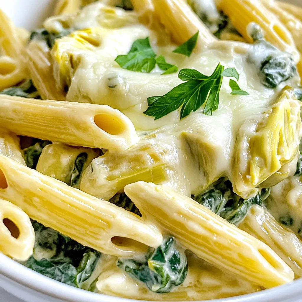 - 8 oz (about 225g) pasta (penne or rigatoni) - 1 cup fresh spinach, chopped - 1 cup canned artichoke hearts, drained and chopped - 1 cup cream cheese, softened - 1 cup shredded mozzarella cheese - 1/2 cup grated Parmesan cheese - 1/2 cup sour cream - 2 cloves garlic, minced - 1/4 teaspoon red pepper flakes (optional for spice) - Salt and pepper to taste - 2 tablespoons olive oil - Fresh parsley for garnish For the best flavor, I recommend using Philadelphia cream cheese. It melts well and gives a smooth texture. For mozzarella, I prefer Galbani or BelGioioso. Their cheeses are rich and creamy. For Parmesan, look for Grana Padano for a nice nutty taste. If you need alternatives, you can use gluten-free pasta for a healthier option. For a lighter dish, swap sour cream with Greek yogurt. If you're vegan, try cashew cream instead of cream cheese. Use nutritional yeast to replace the cheese flavors. Start by boiling a large pot of water. Add a good amount of salt. This helps flavor the pasta. Once the water is bubbling, toss in 8 ounces of your choice, like penne or rigatoni. Cook according to the package until it's al dente. This means it should be firm but cooked through. Save half a cup of pasta water before draining. Drain the pasta and set it aside. This step makes sure your pasta stays perfect. Heat 2 tablespoons of olive oil in a large skillet over medium heat. Add 2 cloves of minced garlic and sauté for around 1 minute. You want the garlic to smell great but not brown. Brown garlic can taste bitter, so keep an eye on it. Lower the heat and add 1 cup of softened cream cheese to the skillet with garlic. Stir it well until the cream cheese melts and blends with the garlic. This creamy base sets the tone for your dip. Next, gradually add in 1 cup of shredded mozzarella and 1/2 cup of grated Parmesan cheese. Keep stirring as they melt into a smooth sauce. This step is key for a creamy texture. If it feels too thick, you can add a splash of the reserved pasta water. Now, fold in 1 cup of chopped fresh spinach and 1 cup of drained, chopped artichoke hearts. Mix well and let it cook for about 3 to 4 minutes. You want the spinach to wilt but still be bright green. This adds freshness and flavor. Stir in 1/2 cup of sour cream next. This adds creaminess and tang. Then, slowly mix in the reserved pasta water until you get the sauce you like. Taste it and add red pepper flakes, salt, and pepper as you prefer. Adjust these until it tastes just right. Finally, add the cooked pasta to the skillet. Toss everything together until the pasta is coated in the creamy spinach artichoke mix. Make sure every piece of pasta gets that yummy sauce. Serve it warm, and you can garnish with fresh parsley or extra cheese for a nice touch. One common mistake is overcooking the pasta. You want it al dente, which means firm to the bite. Overcooked pasta becomes mushy and loses its texture. Always check the package for cooking time and taste it a minute before it's done. Another pitfall is adding the cheese too quickly. When you mix in the mozzarella and Parmesan, do it gradually. This helps create a smooth, creamy sauce. If you rush, the cheese might clump together. Garnishing enhances your dish's look and taste. I love adding fresh parsley on top. It adds a pop of color and a fresh flavor. You can also sprinkle extra cheese for richness. For sides, consider a simple green salad. It offers a nice contrast to the creamy pasta. You could also serve garlic bread for a comforting touch. Store leftovers in an airtight container. This keeps them fresh for up to three days. To reheat, add a splash of water or milk. This helps bring back the creaminess. Heat gently on the stove or in the microwave. Avoid high heat to keep the pasta from drying out. {{image_2}} To make this dish lighter, swap some ingredients. Use low-fat cream cheese and Greek yogurt instead of sour cream. Choose whole grain pasta for more fiber. You can also cut the cheese amounts by half without losing flavor. Want more taste? Add cooked chicken or shrimp for protein. Sauté mushrooms along with the garlic for depth. You could also mix in sun-dried tomatoes for a tangy twist. A touch of lemon juice brightens this dish, too. Making this recipe vegan is easy. Substitute cream cheese with cashew cream or a vegan cream cheese. Use nutritional yeast for a cheesy flavor without dairy. Choose plant-based pasta, and ensure artichokes are canned in water, not oil. This keeps your dish creamy and delicious without animal products. Each serving of Spinach Artichoke Dip Pasta has about 500 calories. It contains 25 grams of fat, mostly from cheese and cream. You’ll also find around 15 grams of protein, which helps keep you full. This dish offers a good amount of carbs, mainly from the pasta, making it a hearty meal. Spinach is a superfood. It is rich in iron and vitamins A and C. Iron helps your blood carry oxygen. Artichokes are high in fiber, which aids digestion. They also contain antioxidants that support overall health. Whole grain pasta gives you energy and keeps your heart happy. It has more nutrients than regular pasta. A serving size is about one cup of pasta. Pair it with a salad for balance. This dish is best enjoyed fresh but can also be great as leftovers. If you have some, try adding grilled chicken or shrimp for extra protein. Adjust portion sizes based on your daily needs. Yes, you can use frozen spinach. Just thaw it first. Squeeze out the extra water before adding it to the dish. Frozen spinach is easy and saves time. It also has a good taste. Just make sure to chop it finely. You can make this dish ahead of time. Cook the pasta and mix it with the dip. Store it in the fridge for up to two days. When you're ready to eat, reheat it on low heat. Add a splash of water if it looks too thick. Stir well to combine everything. You can use other cheeses, too. Cream cheese is key, but you could try cheddar or gouda for a twist. Feta cheese can add a nice tangy flavor. Mix and match to find your favorite blend. Just remember to keep the texture creamy. To make this dish gluten-free, choose gluten-free pasta. Many brands offer great options now. Also, check the labels on your cheeses and sour cream. Most are gluten-free, but it’s good to confirm. Enjoy this creamy goodness without worry. If you want more heat, add more red pepper flakes. You could also mix in some chopped jalapeños. For a smoky flavor, try adding paprika or chili powder. Experiment with spices to find your perfect kick! This blog post covered all you need to know to make a tasty spinach and artichoke pasta. We talked about choosing the right ingredients, cooking tips, and some fun variations. You can make it healthier, spicier, or even vegan-friendly. Remember to avoid common mistakes, like overcooking the pasta, to get the best results. Enjoy your cooking adventure, and make this dish your own! Your kitchen will fill with great smells and flavors. Happy cooking!