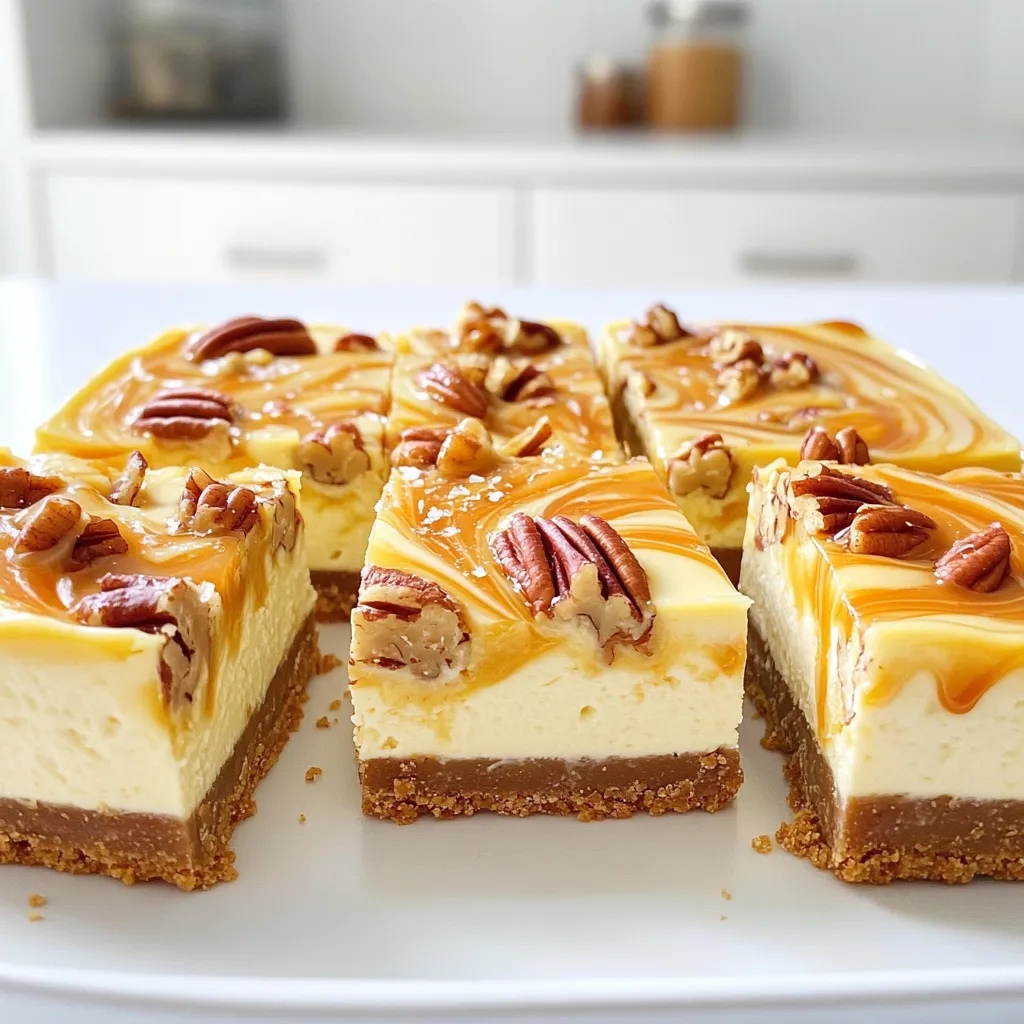 To make the best Caramel Pecan Cheesecake Bars, you need fresh ingredients. Here’s what you’ll need: - 1 ½ cups graham cracker crumbs - ½ cup unsalted butter, melted - 2 tablespoons granulated sugar - 1 (8-ounce) package cream cheese, softened - 1 cup powdered sugar - 1 teaspoon vanilla extract - 2 large eggs - 1 cup sour cream - ½ cup chopped pecans - ½ cup caramel sauce - Sea salt, for garnish Using quality ingredients is key. The graham cracker crumbs form a tasty base. The butter adds richness and helps bind the crust. Granulated sugar sweetens it all perfectly. Cream cheese gives the bars a creamy texture. Powdered sugar mixes in smoothly and adds sweetness. The vanilla extract brings out the flavors. Eggs help set the cheesecake filling. Sour cream adds a nice tang and creaminess. Chopped pecans give a lovely crunch and nutty flavor. Finally, caramel sauce drizzled on top creates a sweet finish. A pinch of sea salt balances the sweetness. Enjoy these simple yet delicious treats! - Preheat your oven to 325°F (160°C). Prepare an 8x8-inch baking dish by greasing it or lining it with parchment paper. - In a medium bowl, mix the graham cracker crumbs, melted butter, and granulated sugar. Stir until all the crumbs are moistened. - Press this mixture evenly into the bottom of your prepared dish. Bake for 10 minutes, then let it cool slightly. - In a large bowl, beat the softened cream cheese with an electric mixer until it is creamy. - Slowly add the powdered sugar while mixing until smooth. Then, mix in the vanilla extract. - Add the eggs one at a time, mixing well after each one. Finally, stir in the sour cream until everything is combined. - Pour the cheesecake filling over the cooled crust. Use a spatula to smooth the top. - Drizzle the caramel sauce over the filling. Use a knife or skewer to create swirls but don’t overmix. - Bake in the oven for 30-35 minutes. The center should be set but still slightly jiggly. Once done, cool it at room temperature for about an hour. - Refrigerate for at least 4 hours or overnight before cutting into bars. Before serving, sprinkle a pinch of sea salt on top for a sweet and salty finish. To get the best texture, start with room temperature cream cheese. Cold cream cheese will not mix well. It can leave lumps in your filling. Softening it a bit makes for a smooth batter. Also, beat the eggs one at a time. This helps blend them evenly into the mix. If you add them all at once, you might get uneven texture. To make these bars even more delicious, think about extra toppings. You can add chocolate chips or a sprinkle of cinnamon. Both options boost flavor nicely. Pair your bars with whipped cream or fresh fruit for a tasty combo. Berries add a refreshing touch. This balance of sweet and tart will wow your guests. Check your oven temperature for accuracy. An oven thermometer can help with this. If the heat is too high, the bars may bake too fast. Keep an eye on them. To check for doneness, look for a slight jiggle in the center. This means they are done, but do not overbake them. They should be set but still soft. {{image_2}} You can change the nuts in this recipe. Walnuts work great if you want a milder taste. Almonds add a nice crunch and a hint of sweetness. Just chop them up like the pecans. This small change can give your bars a new twist. Want to mix it up? Add chocolate chips to your cheesecake filling. They melt nicely and give a rich flavor. You can also try a splash of espresso. It gives a deep taste that pairs well with caramel. Using flavored extracts like almond or hazelnut can add fun twists too. Just a teaspoon can make a big difference! If you need a gluten-free option, swap the graham cracker crumbs with gluten-free ones. Look for brands that fit your needs. For a vegan version, use dairy-free cream cheese and a flax egg instead of regular eggs. You can blend 1 tablespoon of ground flaxseed with 3 tablespoons of water to create a flax egg. These adjustments let everyone enjoy this treat! To keep your caramel pecan cheesecake bars fresh, store them in the refrigerator. After cutting the bars, place them in an airtight container. This will help keep them moist and tasty. If you don’t have a container, you can cover the bars tightly with plastic wrap. This protects them from absorbing other smells in the fridge. You can freeze caramel pecan cheesecake bars for later. First, cut the bars into squares. Then, wrap each square in plastic wrap. Place the wrapped bars in a freezer-safe bag or container. This keeps them safe from freezer burn. To enjoy them later, simply take out a bar and let it thaw in the fridge overnight. For best results, eat the bars within three months. Caramel pecan cheesecake bars last about 5 days in the fridge. Store them in an airtight container. You can enjoy them cold or at room temperature. The flavors may even get better after a day or two! Yes, you can make these bars a day or two ahead of time. After baking, let them cool completely. Then, refrigerate them until you're ready to serve. This makes them perfect for parties or gatherings! Several issues can cause cheesecake not to set. Here are some common problems and tips to fix them: - Underbaking: If you take them out too soon, the center may be too jiggly. Bake until the edges are set but the center has a slight jiggle. - Too much liquid: If you add too much sour cream or eggs, it may not firm up. Stick to the recipe amounts. - Cold ingredients: Using cold cream cheese or eggs can affect the mix. Make sure they are at room temperature for a smooth filling. If you follow these tips, your cheesecake will be a hit! This blog post walked you through making delicious caramel pecan cheesecake bars. We covered the ingredients, step-by-step instructions, and helpful tips. You learned how to achieve the perfect texture and enhance flavors. Plus, we offered variations and storage tips to keep your bars fresh. You can now enjoy this rich dessert and share it with friends. Don’t hesitate to try out different nut options or flavor twists. Happy baking!