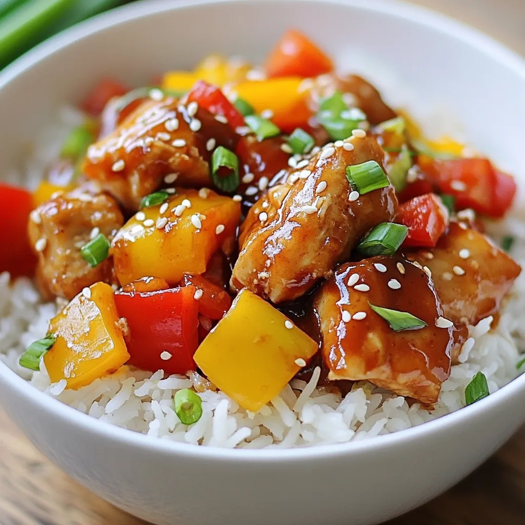 To make Honey BBQ Chicken Rice, you need a few simple ingredients. Here’s what you will need: - 2 cups cooked jasmine rice - 1 pound boneless, skinless chicken thighs, diced - 1/2 cup BBQ sauce (your favorite) - 2 tablespoons honey - 1 tablespoon soy sauce - 1 tablespoon olive oil - 2 cloves garlic, minced - 1 teaspoon smoked paprika - Salt and pepper to taste - 1 cup bell peppers (red, yellow, or green), sliced - 1/2 cup green onions, finely chopped - Sesame seeds for garnish Each ingredient adds a layer of flavor. The chicken thighs provide richness, while the BBQ sauce gives a sweet and tangy kick. Honey adds a touch of sweetness to balance the sauce. Garlic and smoked paprika enhance the overall taste with depth and warmth. The bell peppers not only add color but also a crisp texture. Green onions and sesame seeds bring a fresh touch to the dish. You can mix and match the colors of bell peppers to make it visually appealing. Use your favorite BBQ sauce for the best results. This dish is not only tasty but also quick and easy to prepare. Enjoy cooking! {{ingredient_image_1}} To start, grab a medium bowl. You will mix your BBQ sauce, honey, soy sauce, smoked paprika, minced garlic, salt, and pepper. This combination creates a tasty marinade. Stir until everything blends well. Next, add the diced chicken thighs to this bowl. Make sure each piece gets a good coat of the marinade. For the best flavor, let it sit for at least 30 minutes. If you have time, marinating for up to 2 hours is even better. Now, heat a large skillet over medium heat. Pour in the olive oil once the skillet is hot. Add the marinated chicken thighs to the skillet carefully. Cook the chicken for about 7-8 minutes. You want it to be cooked through and slightly caramelized. This process gives the chicken a nice texture and flavor. After that, take the sliced bell peppers and toss them into the skillet. Cook everything together for another 3-4 minutes. You want the peppers to soften but still have some crunch. In a large bowl, combine the cooked jasmine rice with the chicken and pepper mix. Stir gently until everything is well mixed. This step ensures that every bite is packed with flavor. Taste the mix and see if you want to add more seasoning. If you like extra sauce, now is the time to add more BBQ sauce. Serve hot, and don’t forget to garnish with chopped green onions and sesame seeds for a nice touch. Enjoy your meal! To get the best flavor, use fresh ingredients. Fresh garlic and high-quality BBQ sauce make a big difference. I love to marinate the chicken for at least 30 minutes. If you can, let it sit for up to 2 hours. This lets all the flavors blend well. Also, don't skip the smoked paprika; it adds a nice smoky taste. If your chicken is thicker, you may need more cooking time. Always check that the chicken is fully cooked. It should reach an internal temperature of 165°F. For the peppers, cook until they are soft but still bright. This keeps them tasty and colorful. Adjust your timing based on your stove and pan size. Serve this dish hot for the best taste. I like to add a sprinkle of sesame seeds on top. They give a nice crunch. Chopped green onions add a fresh touch, too. Pair this meal with a side salad or some steamed veggies. This adds color and nutrition to your plate. Enjoying this meal with friends or family makes it even better. Pro Tips Marinate Longer for Flavor: Allow the chicken to marinate for at least 2 hours or overnight to achieve a deeper flavor profile. Choose the Right BBQ Sauce: Select a BBQ sauce that complements the sweetness of honey; a smoky or tangy sauce works best. Cook on Medium Heat: Cooking the chicken on medium heat helps to caramelize the sauce without burning it, ensuring a perfect glaze. Add Crunch: For added texture, consider topping the dish with crushed peanuts or crispy fried onions before serving. {{image_2}} You can swap chicken for other meats. Try diced pork or turkey for a twist. Shrimp also works great; just cook it for less time. For a meat-free option, use tofu or tempeh. These choices absorb the sauce well and taste amazing. The bell peppers add color and crunch. You can mix in other veggies too. Zucchini, broccoli, or snap peas bring extra flavor and nutrients. Mushrooms add umami and a nice texture. Feel free to experiment with whatever you have on hand. If you want a new taste, try different sauces. Teriyaki sauce gives a sweet and savory vibe. Sriracha adds heat if you like spice. You can even use a honey mustard blend for a tangy kick. Adding herbs like cilantro or parsley boosts freshness. After enjoying your Honey BBQ Chicken Rice, let it cool. Place leftovers in an airtight container. Store them in the fridge. They will stay fresh for up to three days. To reheat, use the microwave. Place a portion of rice in a bowl. Add a splash of water to keep it moist. Cover it with a damp paper towel. Heat for 1–2 minutes. Stir halfway through to ensure even heating. You can also reheat on the stove. Just add a bit of oil to a skillet. Heat over medium heat, stirring until warm. You can freeze Honey BBQ Chicken Rice for up to three months. To freeze, place cooled portions in freezer-safe bags. Squeeze out as much air as possible. Label each bag with the date. When ready to eat, thaw overnight in the fridge. Reheat as needed. You can serve this dish with various sides. A fresh salad pairs well and adds crunch. You might also like steamed broccoli for a healthy boost. Corn on the cob offers sweetness and texture. Feel free to add some fruit like sliced watermelon or a fruit salad. These will brighten up your plate. Yes, you can prepare this dish ahead of time. Marinate the chicken in the sauce for a few hours or overnight. Cook the rice and store it in the fridge. On the day you want to serve it, just cook the chicken and mix it with the rice. This saves time on busy nights. To make this dish healthier, use brown rice instead of jasmine rice. You can swap chicken thighs for chicken breast, which has less fat. Add more veggies like spinach or carrots to boost nutrients. Use low-sugar BBQ sauce to cut down on sugar. These small changes can make a big difference. The best BBQ sauce is one that you love. You can use a sweet sauce for a nice contrast with the chicken. A smoky sauce adds depth to the flavor. If you like spice, try a spicy BBQ sauce. Homemade BBQ sauce can be fun to make and customize to your taste. This recipe offers a tasty mix of jasmine rice, chicken, and honey BBQ sauce. You saw how to prepare the marinade, cook the chicken, and combine the flavors. Remember the tips for the best taste and how to store leftovers. Try different proteins, veggies, or sauces to make it your own. Cooking should be fun and creative. Enjoy making and sharing this dish with those you love.