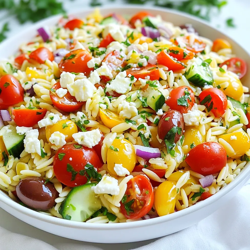 To make this fresh Greek Orzo Salad, gather these items: - 1 cup orzo pasta - 1 ½ cups vegetable broth (or water) - 1 cup cherry tomatoes, halved - 1 cucumber, diced - ½ red bell pepper, diced - ½ red onion, finely chopped - ½ cup Kalamata olives, pitted and sliced - 1 cup feta cheese, crumbled - ¼ cup fresh parsley, chopped - ¼ cup extra virgin olive oil - 2 tablespoons lemon juice - 1 teaspoon dried oregano - Salt and pepper to taste Using fresh ingredients makes a big difference. Fresh vegetables add crunch and bright flavors. Cherry tomatoes, cucumbers, and parsley taste best when fresh. Dried oregano gives a nice, earthy flavor but is not a substitute for fresh veggies. Feel free to mix it up! You can add grilled chicken or shrimp for protein. If you want a vegan dish, skip the feta or use a plant-based alternative. For a spicy kick, try adding jalapeños or red pepper flakes. Enjoy experimenting! {{ingredient_image_1}} Start by boiling 1 ½ cups of vegetable broth in a medium pot. Once it boils, add 1 cup of orzo pasta. Cook it until al dente, as the package says. This usually takes around 8 to 10 minutes. Drain the orzo and rinse it with cold water. This stops the cooking. Let it cool completely before using it in the salad. While the orzo cooks, chop your veggies. Halve 1 cup of cherry tomatoes. Dice 1 cucumber and ½ red bell pepper. Finely chop ½ red onion. Toss all chopped veggies into a large mixing bowl. This gives your salad a vibrant look and fresh taste. Once the orzo is cool, add it to the bowl with the veggies. Slice ½ cup of Kalamata olives and add them in. Crumble 1 cup of feta cheese and toss that in too. Don’t forget to add ¼ cup of fresh parsley, chopped. This mix brings color and flavor to your dish. In a small bowl, whisk together ¼ cup of extra virgin olive oil, 2 tablespoons of lemon juice, 1 teaspoon of dried oregano, salt, and pepper. Make sure it blends well. You want a smooth dressing that will coat your salad nicely. Drizzle the dressing over the salad mixture. Toss gently to combine everything. This helps each bite be full of flavor. Check the seasoning and adjust if needed. For the best taste, cover the salad and chill it in the fridge for at least 30 minutes. This lets the flavors blend. It makes each bite even more delicious! Serve it in a large bowl or in individual dishes for a nice touch. To cook orzo perfectly, use a good amount of water or broth. I like to use vegetable broth for extra flavor. Bring it to a boil, then add the orzo. Stir to avoid sticking. Cook it until it's al dente, which means it should be firm but not hard. Once done, drain it and rinse it under cold water. This stops the cooking and cools it down fast. Seasoning makes orzo shine. Use salt in the cooking water to add flavor. After mixing in the veggies, don’t forget the dressing! Combine olive oil, lemon juice, dried oregano, salt, and pepper. This brings the salad to life. You can also add a pinch of red pepper flakes for a kick. Fresh herbs like basil or dill can also add a fresh touch. Presentation matters! Serve the salad in a big bowl. Top it with extra crumbled feta and parsley sprigs for color. If you want a fancier touch, use individual bowls. This makes it look special for guests. Also, consider adding some lemon wedges on the side. They add color and a chance for extra zest. Pro Tips Cook Orzo Perfectly: Make sure to cook the orzo until al dente to prevent it from becoming mushy when mixed with the other ingredients. Chill for Best Flavor: Allow the salad to sit in the refrigerator for at least 30 minutes before serving. This lets the flavors meld and enhances the overall taste. Fresh Ingredients Matter: Use fresh vegetables and herbs for the best flavor and texture. This salad is all about the freshness of ingredients. Customize Your Salad: Feel free to add other ingredients like artichokes, roasted red peppers, or even grilled chicken to make it your own! {{image_2}} You can add protein to your Greek Orzo Salad for a heartier meal. Grilled chicken works well. Simply cube the chicken and mix it in. Shrimp is another great choice. Cook the shrimp until they turn pink, then toss them in. You might also try chickpeas for a plant-based protein option. They add a nice texture and flavor. For a vegetarian twist, keep the feta but add more veggies. Try roasted red peppers or artichokes for extra flavor. If you're vegan, replace the feta with a plant-based cheese. You can also use avocado for creaminess. This adds healthy fats and a fresh taste. Don’t forget to check the broth if you’re vegan; use vegetable broth or water. Feta cheese is traditional, but you can mix it up. Try goat cheese for a tangy kick. Crumbled queso fresco gives a milder taste. For a creamier touch, use ricotta. If you want a nutty flavor, parmesan is a good choice. Each cheese brings its own character to the dish. Experiment to find your favorite! To store your Greek Orzo Salad, place it in an airtight container. Make sure the lid fits tightly. You can keep it in the fridge. It stays fresh for about three days. If you notice any liquid, drain it before serving again. For best taste, eat it cold or at room temperature. This salad is best served cold, so reheating is not needed. If you prefer it warm, you can gently heat it. Place a portion in a microwave-safe dish. Heat it in short bursts, stirring often, until warm. Be careful not to overheat the feta. It can become too soft. Greek Orzo Salad lasts up to three days in the fridge. For longer storage, freezing is not ideal. The texture of the vegetables and feta will change. If you must freeze, do so without the feta and dressing. Store the salad base for up to a month. Thaw it overnight in the fridge before adding fresh feta and dressing. Yes, you can make Greek Orzo Salad ahead of time. It tastes even better after chilling. Prepare the salad and store it in the fridge. Just cover it well. Serve it cold after letting it sit for at least 30 minutes. This allows the flavors to blend nicely. The best vegetables for Greek Orzo Salad are fresh and colorful. I love using: - Cherry tomatoes - Cucumber - Red bell pepper - Red onion You can also add spinach or zucchini for extra nutrients. Feel free to mix and match your favorites! To make the salad gluten-free, substitute orzo with gluten-free pasta. Cook it according to the package instructions. Make sure to check the labels to ensure there is no gluten. This way, everyone can enjoy the salad! Greek Orzo Salad pairs well with many dishes. Try it with grilled chicken or fish. It also goes great with lamb or a veggie burger. Serve it alongside a bowl of soup or a fresh fruit salad for a full meal. Yes, you can substitute orzo with another pasta type. Try using small shapes like ditalini or farfallini. They will work well in this salad. Just remember to cook them to al dente for the best texture. This blog post covered Greek Orzo Salad, from key ingredients to step-by-step cooking. You learned how to select fresh items, make a tasty dressing, and enhance flavors. I shared tips for perfect cooking and serving. You also discovered various protein and vegetarian options. Lastly, we reviewed how to store leftovers and answered your common questions. Remember, this salad is not just easy to make but also fun to change up. Enjoy your cooking and get creative with each dish!