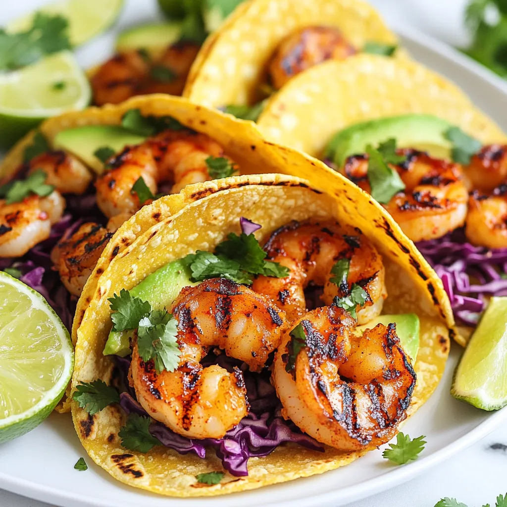 To make your Chipotle Lime Shrimp Tacos, gather these fresh ingredients: - 1 lb large shrimp, peeled and deveined - 2 tablespoons chipotle chili powder - 2 tablespoons lime juice - 1 tablespoon olive oil - 1 teaspoon garlic powder - 1 teaspoon cumin - Salt and pepper, to taste - 8 small corn tortillas - 1 cup shredded red cabbage - 1 avocado, sliced - 1/4 cup fresh cilantro, chopped - Lime wedges, for serving These ingredients come together to create a bright and zesty taco. The shrimp brings a sweet flavor while the chipotle adds a nice kick. Feel free to mix it up with these optional add-ins: - Diced tomatoes for a fresh burst - Sliced jalapeños for extra heat - A dollop of sour cream for creaminess - Crumbled feta cheese for a salty touch These options let you make the dish your own. You can adjust the toppings based on your taste. When buying shrimp, look for these signs of freshness: - Smell: Fresh shrimp should smell like the ocean, not fishy. - Color: Choose shrimp that is bright and has a translucent look. - Texture: The shrimp should feel firm and bounce back when pressed. Buying fresh shrimp makes a big difference in taste. If you can, buy from a trusted fish market or grocery store. {{ingredient_image_1}} To start, gather your shrimp in a bowl. Add chipotle chili powder, lime juice, olive oil, garlic powder, cumin, salt, and pepper. Toss the shrimp well until they are fully coated. This step is key. It allows the shrimp to soak up all those bold flavors. Let the shrimp marinate for 15 to 20 minutes. This short time is perfect for getting that great taste without waiting too long. Next, preheat your grill or grill pan to medium-high heat. It's essential to get it hot for a nice sear. Once hot, place your marinated shrimp on the grill. Grill each side for 2 to 3 minutes. Look for the shrimp to turn pink and opaque. Be careful not to overcook them. Overcooked shrimp can become tough, and we want them tender. While the shrimp cooks, it's time to warm the corn tortillas. Grab a dry skillet and heat it over medium heat. Place each tortilla in the pan for about 30 seconds on each side. This makes them soft and pliable. Warm tortillas will hold the fillings better and add to the overall taste. Now, let's put it all together. Take a warm tortilla and place a few pieces of grilled shrimp on top. Add some shredded red cabbage for crunch. Next, layer on avocado slices for creaminess. To finish, sprinkle fresh cilantro on top. Serve your tacos with lime wedges on the side. Squeeze the lime over the tacos right before you eat. This adds a bright, fresh flavor that makes each bite delightful. To avoid overcooking shrimp, keep an eye on the color. Shrimp turns pink when it cooks. They also become opaque. Cook shrimp for just 2-3 minutes on each side. If they curl tightly, they may be overcooked. Always use medium-high heat for grilling. A quick cook keeps shrimp juicy and tender. Grilling shrimp is simple if you follow a few tips. First, preheat your grill or pan to medium-high heat. This step helps create a nice sear. Next, make sure to oil the grill grates lightly. This action prevents sticking. Use a grill basket or skewers if you grill smaller shrimp. This method keeps them from falling through the grates. Always leave space between shrimp for even cooking. To make your meal more complete, add some sides. Fresh salsa pairs well with these tacos. A corn salad adds a nice crunch. You can also serve with lime wedges for a zesty kick. Adding a side of black beans boosts the meal's protein. For drinks, try a refreshing limeade or a light beer. These options complement the flavors perfectly. Pro Tips Marinate for Maximum Flavor: Let the shrimp marinate for at least 20 minutes to allow the spices to penetrate the shrimp, enhancing the overall flavor. Grill Over High Heat: Ensure your grill or grill pan is preheated to medium-high before adding the shrimp. This will give them a beautiful char and prevent them from becoming rubbery. Warm Tortillas Properly: Warm the corn tortillas on a dry skillet just until pliable. This will make them easier to fold and prevent them from cracking. Fresh Ingredients Matter: Use fresh lime juice and high-quality shrimp for the best results. Fresh ingredients will elevate the taste of your tacos significantly. {{image_2}} If you love heat, add more chipotle chili powder to the shrimp. You can also mix in diced jalapeños for extra spice. This will make the tacos kick up a notch. Remember to balance the heat with lime juice. The tangy lime helps tone down the spicy notes. You can even use a spicy hot sauce on top. Don’t eat shrimp? No problem! You can swap shrimp with grilled mushrooms or zucchini. Both options give a nice texture and soak up flavor well. You can also use black beans or chickpeas for a protein boost. Season them with the same spices for a tasty twist. These alternatives keep the taco experience fun and fresh. Toppings can change your taco game! Try adding pickled red onions for a tangy crunch. Sliced radishes add a nice bite too. For a creamy touch, you can use sour cream or a yogurt sauce. A sprinkle of cheese, like feta or cotija, adds a salty flavor. Fresh toppings can make each bite special. Don't forget to serve lime wedges for extra zing! After you enjoy your Chipotle Lime Shrimp Tacos, you may have leftovers. To keep them fresh, store the shrimp and toppings separately. Place shrimp in an airtight container. Wrap the tortillas in foil or plastic wrap. Keep the toppings, like cabbage and avocado, in small containers. This keeps everything safe and tasty. When you're ready to eat the shrimp again, heat it gently. Place the shrimp in a pan over low heat. Cook until warmed through, about 2-3 minutes. Avoid cooking too long, or the shrimp will become tough. You can also use a microwave. Heat on medium for 30 seconds, then check. If it's not hot, add more time in 10-second bursts. The shrimp can stay in the fridge for up to 2 days. Other ingredients have different shelf lives. Shredded cabbage lasts about 3-5 days. Avocado will brown quickly, so eat it within a day or two. Corn tortillas can last a week if sealed properly. Always check for any spoilage before using leftovers. Yes, you can use frozen shrimp. Just make sure to thaw them first. Place the shrimp in cold water for about 15-20 minutes. Drain and pat them dry. Then, season and marinate as you would with fresh shrimp. Frozen shrimp can taste just as good when cooked right. Shrimp tacos go great with many sides. Here are some ideas: - Black beans seasoned with cumin - Mexican street corn (elote) - Simple green salad with lime vinaigrette - Chips and fresh salsa - Cilantro lime rice These sides add flavor and balance to your meal. Yes, you can make the marinade ahead of time. Combine the chipotle chili powder, lime juice, olive oil, garlic powder, cumin, salt, and pepper in a bowl. Store it in the fridge for up to 24 hours. When you're ready, just toss in the shrimp. This saves time and makes meal prep easy. This blog post covered all you need for making chipotle lime shrimp tacos. We explored key ingredients, marinades, and grilling tips to ensure tasty shrimp. You can also customize with various toppings and sides. Remember to store leftovers properly for the best taste. Whether you’re a shrimp lover or a newcomer, these tacos are simple and fun to make. Dive into your kitchen and enjoy creating this flavorful meal!