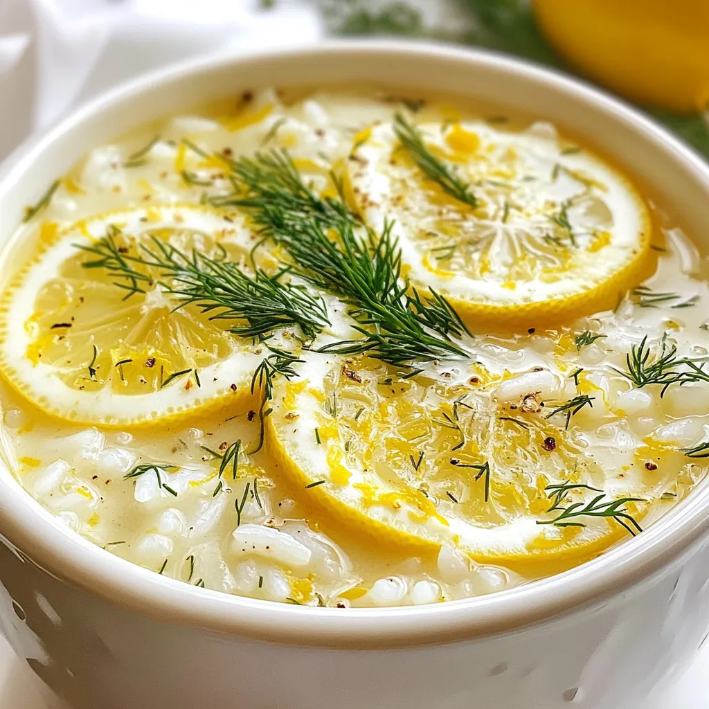 - 1 cup Arborio rice - 6 cups chicken broth (or vegetable broth for a vegetarian option) - 2 tablespoons olive oil - 1 medium onion, finely chopped - 2 cloves garlic, minced - 2 large eggs - 1/4 cup fresh lemon juice (about 2 lemons) - Zest of 1 lemon - Fresh dill, chopped (for garnish) Greek Lemon Rice Soup is a simple dish with rich flavors. The main star is Arborio rice. This short-grain rice is creamy when cooked, making it perfect for soup. I love using chicken broth for depth, but vegetable broth works well too. Next, we have our aromatics: onion and garlic. The onion sweetens as it cooks, while garlic adds a punch of flavor. Sauté them in olive oil to create a fragrant base. For flavor enhancers, we use eggs, lemon juice, and zest. The eggs give the soup a silky texture. The fresh lemon adds brightness and zing. I usually use two large lemons to get enough juice and zest. Finally, we finish with fresh dill. This herb ties everything together with its fresh taste. It’s a must-have for garnish. The balance of these ingredients makes this soup a warm hug in a bowl. {{ingredient_image_1}} To start, I heat olive oil in a large pot over medium heat. I add the finely chopped onion and let it sauté until it turns soft and clear. This usually takes about five minutes. Then, I stir in minced garlic, cooking it for another minute. This step fills the kitchen with a warm, inviting aroma. Next, I add the Arborio rice to the pot. I toast it in the oil for about two to three minutes. Stirring often helps to give the rice a nice, nutty flavor. After toasting the rice, I pour in six cups of chicken or vegetable broth. I bring the entire mix to a boil, then lower the heat to a gentle simmer. I cover the pot and let it cook for about 15 to 20 minutes. The rice will become tender and absorb all that rich flavor. While the rice cooks, I take two large eggs and crack them into a bowl. I whisk them well, then add 1/4 cup of fresh lemon juice and the zest of one lemon. I keep whisking to blend everything smoothly. This mixture will give the soup its creamy, tangy taste. Once the rice is ready, I remove the pot from the heat. I ladle about one cup of the hot broth into the egg mixture. I continue whisking to temper the eggs. This step helps to prevent them from scrambling. After that, I slowly pour the tempered egg mix back into the pot, stirring continuously. This creates a creamy texture in the soup. Finally, I season it with salt and pepper to taste. I return the pot to low heat for a couple of minutes, warming it through without letting it boil. Now, the soup is ready to serve! To get a creamy texture, you must temper the eggs. This means you slowly mix hot broth into the egg mixture. It prevents the eggs from cooking too fast. If they cook too fast, they will curdle. Curdled eggs can ruin your soup's smoothness. - Whisk the eggs well before adding lemon juice. - Add the broth slowly while whisking. - Make sure to stir the soup gently after adding the egg mix. Garnishing your soup adds flavor and looks nice. Fresh dill is a great choice. It gives a pop of color and taste. You can also add lemon slices on top. They make the dish bright and fresh. Pair your soup with crusty bread or a light salad. A simple side salad will balance the meal. The bread can soak up the soup, adding to the comfort. To store leftover soup, let it cool first. Then, place it in an airtight container. It can last in the fridge for up to three days. When reheating, do it on low heat. This keeps the eggs from curdling again. You may need to add a bit of broth to thin it out. Always stir well while heating. This helps to keep the texture smooth. Pro Tips Use Fresh Ingredients: Always opt for fresh lemons and herbs to elevate the flavor of your soup. Fresh ingredients can significantly enhance the overall taste. Properly Temper the Eggs: To avoid curdling, gradually add hot broth to the egg mixture while whisking continuously. This technique helps create a creamy texture without scrambling the eggs. Adjust Consistency: If you prefer a thicker soup, you can add more rice or reduce the amount of broth. Conversely, for a lighter soup, simply add more broth. Garnish Wisely: Besides dill and lemon slices, consider adding a drizzle of olive oil or a sprinkle of feta cheese for added depth of flavor and visual appeal. {{image_2}} For a vegetarian twist, substitute chicken broth with vegetable broth. This simple change keeps the soup rich and flavorful. The vegetable broth adds depth without meat. You still get that warm comfort that this soup offers. It is a great option for those who want to enjoy a light, fresh meal full of nutrients. You can enhance the soup by adding extra vegetables. Consider carrots, peas, or spinach. These add color and nutrition. You can also toss in proteins like chicken or shrimp. Cooked chicken adds heartiness, while shrimp brings a seafood flair. Just make sure to cook them until they are tender before serving. Feel free to experiment with herbs and spices. Fresh thyme or parsley can bring new flavor notes. You can also adjust acidity levels to your liking. If you want it more tangy, add extra lemon juice. This lets you create a soup that fits your taste perfectly. Greek Lemon Rice Soup, also known as Avgolemono, has deep roots in Greek cuisine. This soup blends the flavors of rice, lemon, and egg in a warm broth. The dish dates back to ancient times, showcasing its long-standing presence in Greek culture. Traditionally, Greeks use local ingredients, such as fresh lemons and aromatic herbs. This soup often reflects the Mediterranean lifestyle, focusing on fresh, wholesome food. Each family may have its own way of preparing it, adding to its rich history. Greek Lemon Rice Soup is perfect for gatherings and celebrations. Families often serve it during holidays, weddings, or special occasions. It warms hearts and brings people together around the table. Many Greek families have their own traditions tied to this soup. Some may pass down their recipes through generations. Enjoying this comforting dish often fosters a sense of belonging and community. Today, chefs and home cooks put creative twists on Greek Lemon Rice Soup. Many people adapt the recipe to suit their tastes. For instance, you may see variations that include fresh vegetables or different herbs. Some cooks use quinoa instead of rice for a healthier option. Others may add spices to give it an exciting kick. This soup remains a beloved dish, with each version telling a new story. Greek Lemon Rice Soup is made with simple, fresh ingredients. You need: - 1 cup Arborio rice - 6 cups chicken broth (or vegetable broth) - 2 tablespoons olive oil - 1 medium onion, finely chopped - 2 cloves garlic, minced - 2 large eggs - 1/4 cup fresh lemon juice (about 2 lemons) - Zest of 1 lemon - Salt and pepper to taste - Fresh dill, chopped (for garnish) - Lemon slices (for garnish) This soup combines creamy rice with tangy lemon. The broth adds depth, while dill gives it a fresh touch. To store leftover Greek Lemon Rice Soup, let it cool first. Use an airtight container to keep it fresh. Place it in the fridge. It can last for about 3-4 days. When you want to eat it again, reheat the soup on low heat. Add a little broth or water if it seems thick. Yes, you can make Greek Lemon Rice Soup ahead of time. It tastes even better after sitting for a day. Just follow the recipe, then cool and store it in the fridge. When ready to serve, reheat gently on the stove. Stir well to mix the flavors. Freezing Greek Lemon Rice Soup is not the best idea. The rice may become mushy when thawed. If you must freeze it, leave out the eggs. This keeps the texture better. Store it in a freezer-safe container. It can last for about 2-3 months. When you want to eat it, thaw it overnight in the fridge. Then reheat on low heat. You can easily substitute some ingredients in Greek Lemon Rice Soup. Here are a few ideas: - Use jasmine rice or basmati rice instead of Arborio rice. - Swap chicken broth for vegetable broth if you want a vegetarian option. - If you don’t have fresh lemons, use bottled lemon juice, but fresh is best. - Instead of dill, try parsley or thyme for a different flavor. These changes can give the soup a new twist while keeping it delicious. This blog post covered how to make Greek Lemon Rice Soup. We discussed the key ingredients, including Arborio rice, broth, and fresh herbs. I shared step-by-step instructions to ensure your soup has the best texture. Remember, you can adapt the recipe to fit your taste. Experiment with different herbs or add more veggies. This dish is rich in culture and perfect for special occasions. With careful preparation, you can enjoy a delicious bowl anytime.