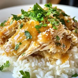 - 2 lbs boneless, skinless chicken thighs - 1 cup chicken broth - 1/2 cup grated Parmesan cheese - 4 cloves garlic, minced - 1 teaspoon Italian seasoning - 1 teaspoon paprika - 1/2 teaspoon black pepper - Salt to taste - 1 tablespoon olive oil - Fresh parsley, chopped (for garnish) When I make Garlic Parmesan Crockpot Chicken, I gather the best ingredients for a tasty meal. I start with two pounds of boneless, skinless chicken thighs. These thighs stay juicy and tender during cooking. Next, I use one cup of chicken broth. This broth adds flavor and moisture. Then, I measure out half a cup of grated Parmesan cheese. This cheese brings a rich, savory taste. I always include four cloves of minced garlic. Garlic gives the dish a wonderful aroma. I add one teaspoon each of Italian seasoning and paprika. These spices create a warm, inviting note. For seasoning, I use half a teaspoon of black pepper and salt to taste. These enhance all the flavors in the dish. Finally, I need one tablespoon of olive oil. This oil helps cook the garlic and adds a hint of richness. To finish, I chop fresh parsley for garnish. It adds color and freshness to the meal. Having all these ingredients ready makes cooking easy and fun. {{ingredient_image_1}} To start, heat 1 tablespoon of olive oil in a skillet over medium heat. This will help give your chicken a nice flavor. Next, add 4 cloves of minced garlic to the pan. Sauté the garlic for about 1-2 minutes until it smells great. Be careful not to burn it, as burnt garlic can taste bitter. In a bowl, mix together 1 cup of chicken broth with 1/2 cup of grated Parmesan cheese. Then, add 1 teaspoon of Italian seasoning, 1 teaspoon of paprika, 1/2 teaspoon of black pepper, and salt to taste. Stir this mixture well until it combines nicely. This sauce will bring rich flavors to your chicken. Now, place your 2 lbs of boneless, skinless chicken thighs in the crockpot. Pour the garlic mixture over the chicken, ensuring each piece is well coated. Cover the crockpot with its lid. Cook on low for 6-7 hours or on high for 3-4 hours. The chicken should be tender and fully cooked when done. Once cooked, use two forks to shred the chicken right in the crockpot. Mix it well with the sauce to ensure it is fully coated. Now it's time to serve! You can serve the chicken hot over rice, pasta, or mashed potatoes. Garnish it with fresh chopped parsley for color and a fresh taste. Enjoy your flavorful meal! To ensure tender chicken, start with good-quality chicken thighs. They stay moist during cooking. Searing the chicken in olive oil adds flavor and locks in juices. Use a meat thermometer to check doneness. The chicken should reach 165°F for safe eating. For flavor enhancement, use fresh garlic. Fresh herbs like thyme or rosemary also add depth. You can mix in a splash of lemon juice for brightness. Adding a little more Parmesan cheese boosts the cheesy goodness too. You can choose between a slow cooker or stovetop. The slow cooker is great for a hands-off meal. It cooks low and slow, making the chicken very tender. If you're short on time, the stovetop method works too. Just simmer the chicken and sauce in a pot until cooked. For crockpots, set it to low for 6-7 hours or high for 3-4 hours. Each crockpot may cook at different speeds. Always check your chicken’s temperature for best results. Serving ideas include fluffy rice, pasta, or mashed potatoes. Lay the shredded chicken on these bases and drizzle the sauce over it. This adds extra flavor and makes it look great. For garnishing, sprinkle fresh parsley on top. You can also add more grated Parmesan. This not only makes it appealing but adds freshness. A colorful plate makes the dish more inviting and fun. Pro Tips Use Bone-In Chicken: Bone-in chicken thighs will add more flavor and moisture to the dish compared to boneless cuts. Marinate Ahead: For an extra boost of flavor, marinate the chicken in the garlic and broth mixture for a few hours or overnight before cooking. Adjust Seasoning: Taste the sauce before serving and adjust the seasoning if necessary. You can add more salt or pepper to suit your preference. Leftover Magic: Shredded chicken is versatile! Use leftovers in tacos, salads, or sandwiches for a quick meal. {{image_2}} You can change a few ingredients to suit your taste. - Alternative proteins: You can use chicken breast or turkey instead of thighs. Both options work well and still taste great. - Dairy-free options: If you want a dairy-free dish, try using nutritional yeast instead of Parmesan. You can also use dairy-free cheese for a similar taste. Add a twist to your dish by including more flavors. - Adding vegetables: Toss in some fresh spinach or diced bell peppers. They add color and nutrition to the meal. - Spicy variations: If you like heat, sprinkle in red pepper flakes or add a splash of hot sauce. This gives the chicken a nice kick. You can take your dish global with these ideas. - Mediterranean twist: Mix in olives and sun-dried tomatoes for a Mediterranean flavor. This gives a new taste and adds texture. - Asian-inspired flavors: Use soy sauce and ginger instead of Italian seasoning. This creates a new flavor profile that is both unique and tasty. To keep your Garlic Parmesan Crockpot Chicken fresh, follow these steps: - Refrigeration: Place leftovers in an airtight container. Store them in the fridge for up to four days. This keeps them safe to eat and tasty. Make sure to let the chicken cool down before sealing it. - Freezing Instructions: For longer storage, freeze the chicken. Use a freezer-safe container or bag. Remove as much air as you can. You can freeze the chicken for up to three months. When ready to eat, thaw it in the fridge overnight. When reheating, you want to keep the flavors and texture right: - Safe Reheating Methods: You can reheat the chicken in the microwave, on the stovetop, or in the oven. If using the microwave, heat in short bursts and stir in between. This helps heat evenly. - Maintaining Flavor and Texture: Add a splash of chicken broth or water when reheating. This keeps the chicken moist. Avoid overheating, as it can make the chicken dry. Knowing how long the dish lasts is important: - Fridge Life: In the fridge, Garlic Parmesan Crockpot Chicken lasts about four days. After that, it’s best to toss it to avoid food safety issues. - Identifying Spoilage Signs: Look for changes in color or smell. If the chicken smells sour or looks off, it’s time to let it go. Always trust your senses when it comes to food safety. How do I ensure my chicken is cooked properly? To check if your chicken is cooked, use a meat thermometer. The internal temperature should reach 165°F. If you don't have a thermometer, cut into the thickest part. The meat should be white and juices should run clear. Can I make this recipe in advance? Yes, you can make this dish ahead of time. Cook the chicken and let it cool. Store it in the fridge for up to three days. Reheat it gently before serving. What sides pair well with Garlic Parmesan Crockpot Chicken? This chicken goes well with many sides. Try serving it with: - Fluffy rice - Pasta - Mashed potatoes - Steamed vegetables - Garlic bread Calories per serving Each serving of Garlic Parmesan Crockpot Chicken has about 300 calories. Breakdown of key nutritional values - Protein: 28g - Fat: 15g - Carbohydrates: 4g - Fiber: 0g - Sugars: 1g How can I reduce fat content? To cut fat, use skinless chicken breasts instead of thighs. You can also reduce the amount of Parmesan cheese. Can I double the recipe for a larger group? Yes, you can double the recipe. Just ensure your crockpot is big enough. Increase the cooking time slightly if needed. This blog post covered a simple yet tasty Garlic Parmesan Crockpot Chicken recipe. You learned about the key ingredients, step-by-step instructions, and tips for cooking and serving. We discussed various ways to enhance flavor and adapt the recipe. Storing leftovers and reheating safely was also shared. In closing, this dish offers a great mix of flavor and ease. Try making it your own with the many options available. Enjoy a delicious meal with minimal effort!