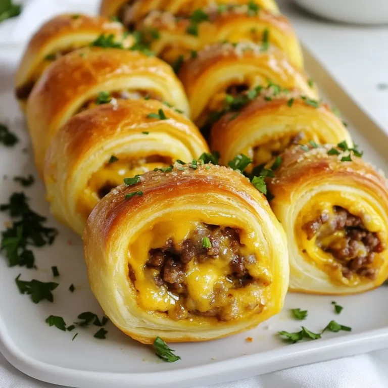 You need one pound of ground beef. This beef brings rich flavor to the rollups. Cook it until it turns brown. You can drain the extra fat for a leaner option. Ground beef is a great protein base for any meal. Add one cup of shredded cheddar cheese. This cheese melts nicely and adds creaminess. Mix in one tablespoon of garlic powder and one teaspoon of onion powder. These spices give a nice kick. Include one teaspoon of Worcestershire sauce for depth. Salt and pepper to taste will enhance the overall flavor. Use one package of refrigerated crescent roll dough. This dough makes the rollups flaky and fun. You will also need four tablespoons of melted unsalted butter. Brush this butter on top for a golden finish. Garnish with fresh parsley for a pop of color and taste. {{ingredient_image_1}} First, set your oven to 375°F (190°C). This step is key for perfect rollups. Next, grab a baking sheet and line it with parchment paper. This helps the rollups not stick. It also makes clean-up easy. Now, take a large skillet and heat it over medium. Add 1 pound of ground beef. Cook it for about 5 to 7 minutes. Stir it often until it turns brown. If there's extra fat, drain it out. Then, add 1 tablespoon of garlic powder and 1 teaspoon of onion powder. Pour in 1 teaspoon of Worcestershire sauce, and season with salt and pepper. Mix it well. After that, remove it from heat. Stir in 1 cup of shredded cheddar cheese. Let the heat from the beef melt the cheese. Unroll the crescent roll dough. You will see triangles. Take each triangle and place a spoonful of the beef mixture on the wide end. Roll the dough tightly from that end toward the tip. Make sure the seam is down on the baking sheet. Brush the tops with 4 tablespoons of melted butter. This adds flavor and helps them brown. Bake for 12 to 15 minutes. Look for a golden brown color. Once done, let them cool for a minute. Garnish with fresh parsley for a nice touch. To make your Garlic Butter Cheeseburger Rollups pop, focus on the beef. Use fresh ground beef for the best taste. Adding garlic powder and onion powder enhances the flavor. Worcestershire sauce adds a savory kick. Adjust salt and pepper to suit your taste. Mix in the cheese until it melts into the beef. This creates a creamy filling that everyone will love. Baking can make or break your rollups. Preheat your oven to 375°F (190°C) for even cooking. Use parchment paper on the baking sheet to prevent sticking. Brush the tops of the rollups with melted butter. This gives them a golden, crispy crust. Bake for 12-15 minutes until they are nice and brown. Keep an eye on them to avoid burning. These rollups shine at any gathering. Serve them warm right out of the oven. Garnish with fresh parsley for a pop of color. They pair well with dipping sauces like ketchup or ranch. You can also serve them with a side of crispy fries or a fresh salad. Enjoying these rollups with friends makes them even tastier! Pro Tips Use Fresh Ground Beef: For the best flavor and texture, opt for fresh ground beef rather than frozen. It will enhance the overall taste of your rollups. Experiment with Cheeses: While cheddar is delicious, feel free to mix in other cheeses like mozzarella or pepper jack for a different flavor profile. Adjust Spices to Your Taste: The spice measurements are a guideline; feel free to adjust them based on your personal preferences for a more customized flavor. Serve with Dipping Sauces: Elevate your rollups by serving them with a variety of dipping sauces, such as ketchup, mustard, or a creamy ranch dressing. {{image_2}} You can make a tasty vegetarian version of garlic butter cheeseburger rollups. Instead of ground beef, use a mixture of cooked mushrooms, lentils, and spices. This gives a nice texture and flavor. You can add some chopped bell peppers and zucchini for extra crunch and nutrition. Use the same seasonings like garlic powder and onion powder to keep the flavor strong. You can switch up the cheese in your rollups. Try mozzarella for a cheesy pull, or pepper jack for a bit of heat. Goat cheese can add a creamy tang. You could even mix different cheeses to create a unique flavor blend. Just stick to around one cup of cheese for the best results. Get creative with flavor add-ins for your rollups. Try adding cooked bacon bits for a smoky taste. You can also mix in some diced jalapeños for spice. Fresh herbs like cilantro or chives can brighten the dish. Experiment with different sauces like barbecue or ranch for dipping. These small tweaks can make your rollups even more delicious! Garlic Butter Cheeseburger Rollups stay tasty in the fridge. Store them in an airtight container. They last for about 3-4 days. When you're ready to eat, preheat your oven to 350°F (175°C). Place the rollups on a baking sheet. Heat them for about 10-12 minutes until warm. This keeps the dough soft and the filling delicious. You can freeze these rollups for future meals. First, let them cool completely. Then, place them in a freezer-safe bag. They can last up to 2 months in the freezer. To reheat, thaw them overnight in the fridge. Bake them at 350°F (175°C) for about 15-20 minutes. This method helps retain their flavor and texture. To keep your rollups fresh, avoid stacking them. Use parchment paper between layers if you need to stack. Keep them in a cool, dark place if you plan to eat within a day. For longer storage, follow the freezing tips above. This way, you always have a tasty treat ready to go! Yes, you can make these rollups ahead of time. Prepare them up to the baking step. Cover them tightly and store in the fridge. When ready, bake them straight from the fridge. Just add a few extra minutes to the baking time. This way, you can enjoy a tasty snack or meal with less fuss. These rollups pair well with many sides. Here are some great options: - Fresh salad with a light dressing - Crispy French fries or sweet potato fries - Veggie sticks with ranch dip - Pickles for a tangy crunch These sides will balance the rich flavors of the rollups. To make these rollups fit dietary needs, try these swaps: - Use lean turkey or chicken instead of beef for a lighter option. - Choose dairy-free cheese for a vegan version. - Use gluten-free crescent roll dough if gluten is a concern. These changes allow everyone to enjoy these delicious treats! We explored how to make delicious Garlic Butter Cheeseburger Rollups using simple ingredients. The ground beef, cheese, and buttery dough combine for an amazing flavor. I provided step-by-step instructions for cooking and assembly. You learned tips for perfecting taste and browning. We also discussed fun variations and storage tips. In the end, these rollups are versatile and easy to prepare. Enjoy experimenting with flavors and serving options; they are sure to impress!