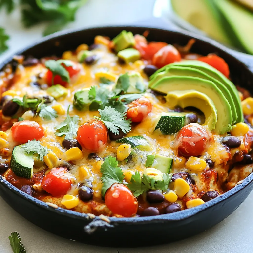 - 1 tablespoon olive oil - 1 medium onion, diced - 2 cloves garlic, minced - 1 bell pepper, diced (any color) - 1 zucchini, diced - 1 can (15 oz) black beans, rinsed and drained - 1 can (15 oz) corn, drained - 2 cups cherry tomatoes, halved - 2 cups cooked quinoa - 1 tablespoon chili powder - 1 teaspoon cumin - 1 teaspoon smoked paprika - 1 cup enchilada sauce (store-bought or homemade) - 1 cup shredded low-fat cheese (cheddar or Mexican blend) - Fresh cilantro, chopped for garnish - Avocado slices for serving (optional) - Salt and pepper to taste This Healthy Enchilada Skillet brings great nutrition to your plate. Each ingredient plays a role in making this meal wholesome. - Black beans are a great source of protein and fiber. They help keep you full. - Quinoa is a complete protein. It has all nine essential amino acids. - Zucchini adds vitamins A and C. It also packs in hydration. - Cherry tomatoes are rich in antioxidants. They can help protect your cells. - Olive oil is a good fat. It supports heart health. You can easily tweak this recipe to fit your needs. Here are some ideas: - Beans: Try kidney beans or pinto beans if you prefer. - Grains: Use brown rice or cauliflower rice for a low-carb option. - Cheese: To make it dairy-free, try a vegan cheese or skip it altogether. - Veggies: Add spinach, mushrooms, or even sweet potatoes for extra flavor. - Sauce: Use a green salsa or mole sauce for a different twist. {{ingredient_image_1}} First, gather all your ingredients. This makes cooking smooth and quick. You need: - 1 tablespoon olive oil - 1 medium onion, diced - 2 cloves garlic, minced - 1 bell pepper, diced - 1 zucchini, diced - 1 can (15 oz) black beans, rinsed and drained - 1 can (15 oz) corn, drained - 2 cups cherry tomatoes, halved - 2 cups cooked quinoa - 1 tablespoon chili powder - 1 teaspoon cumin - 1 teaspoon smoked paprika - 1 cup enchilada sauce - 1 cup shredded low-fat cheese - Fresh cilantro, chopped - Avocado slices (optional) - Salt and pepper Chop the onion, garlic, bell pepper, and zucchini. Rinse the black beans and corn. Halve the cherry tomatoes. This prep takes about 10 minutes. Start by heating olive oil in a large skillet over medium heat. Add the diced onion and cook for 2-3 minutes until it turns clear. Next, stir in the minced garlic and bell pepper. Cook for another 2-3 minutes until the bell pepper softens. Now, add the diced zucchini and cook for 3-4 more minutes until it is tender. Then, mix in the black beans, corn, and halved cherry tomatoes. Cook for about 2 minutes until everything is warm. After that, add the cooked quinoa, chili powder, cumin, smoked paprika, and enchilada sauce. Remember to season with salt and pepper. Stir until well mixed and heated through. Finally, sprinkle the shredded cheese on top. Cover the skillet and let it cook for 2-3 minutes until the cheese melts. Remove from heat and garnish with fresh cilantro. Serve hot with avocado slices if you want. To make sure everything cooks evenly, cut your veggies to the same size. This helps them cook at the same rate. Stir often to prevent sticking. If you see any uneven cooking, lower the heat. Using a lid helps trap steam and cook everything faster. Always taste and adjust seasoning after mixing in the spices. This way, you get the best flavor in every bite. To boost flavor, use fresh herbs like cilantro. Add lime juice for a zesty kick. Spice lovers can mix in jalapeños for heat. You can also try different spices, like onion powder or oregano, for depth. Always taste as you go. Adjust salt and pepper to your liking. One mistake is not cooking the veggies long enough. Make sure they are tender before adding other ingredients. Another mistake is using plain quinoa. Season the quinoa while cooking for extra flavor. Don’t skip the cheese melting step; it adds creaminess. Lastly, avoid overcooking the dish after adding the sauce. Prep ingredients ahead of time for easy cooking. Chop veggies and store them in containers. Cook quinoa in bulk for use in other meals. You can make the skillet a day in advance. Just reheat gently to keep it fresh. Store leftovers in airtight containers for up to four days. Pro Tips Use Fresh Vegetables: Opt for fresh, in-season vegetables for the best flavor and nutritional value. Customize Your Spices: Adjust the spices according to your taste preference; add more chili powder for extra heat! Make It Vegan: Skip the cheese or use a vegan cheese alternative to make this dish completely plant-based. Meal Prep Friendly: This skillet is perfect for meal prep; store leftovers in the fridge for up to 3 days. {{image_2}} You can easily make this dish vegetarian or vegan. To keep it vegetarian, simply skip the cheese or use a dairy-free alternative. For a vegan option, choose plant-based cheese or omit it altogether. You can also add more veggies like mushrooms or spinach. They add flavor and nutrients without extra calories. Want to boost the nutrition? Consider adding these ingredients: - Chopped kale or spinach - Sliced mushrooms - Diced carrots - Chopped bell peppers These add-ins will increase the fiber and vitamin content. You can also toss in some nuts or seeds for healthy fats. They will add a nice crunch and extra protein. This Healthy Enchilada Skillet is already gluten-free if you use the right ingredients. Make sure the enchilada sauce and any cheese are labeled gluten-free. You can also replace quinoa with brown rice for a different texture. This keeps your meal tasty and safe for gluten-sensitive eaters. Store any leftovers in an airtight container. Make sure to cool the dish to room temperature first. You can keep it in the fridge for up to three days. Label containers with the date so you can track freshness. This helps you enjoy your meal later without waste. When you’re ready to eat, reheat the skillet on the stove. Place it over low heat and stir occasionally. This method warms the meal evenly. You can also use the microwave if you're in a hurry. Heat in a microwave-safe bowl for one to two minutes. Stir halfway through for best results. For longer storage, freeze the enchilada skillet. Use a freezer-safe container to avoid freezer burn. It can last for up to three months. When ready to eat, thaw it in the fridge overnight. Reheat on the stove or microwave as mentioned earlier. Enjoy a healthy meal even after a long time! Yes, you can swap the black beans for other proteins. Chicken, turkey, or tofu work well. Cooked shrimp or ground beef add great flavor too. Just ensure they are fully cooked before mixing them in. Each protein brings its own taste and texture. Feel free to experiment with what you have on hand! To add heat, include diced jalapeños or serrano peppers. You can also use hot sauce or extra chili powder. Adding a pinch of cayenne pepper really kicks it up! Taste as you go to reach your desired spice level. Enjoy the extra warmth in every bite! Serve your enchilada skillet with fresh avocado slices for creaminess. A dollop of Greek yogurt adds a nice tang. You can also pair it with tortilla chips for crunch. Adding a side salad brings freshness to your meal. This dish is great for sharing, so make it fun! This blog post covered key ingredients and their benefits, along with useful cooking steps. You learned how to adjust the recipe for any diet, from vegan to gluten-free. I shared tips to enhance flavor and avoid common mistakes. Proper storage and reheating methods ensure your meal stays fresh. Embrace these insights and enjoy experimenting with your cooking! Don't hesitate to try variations and make it your own.