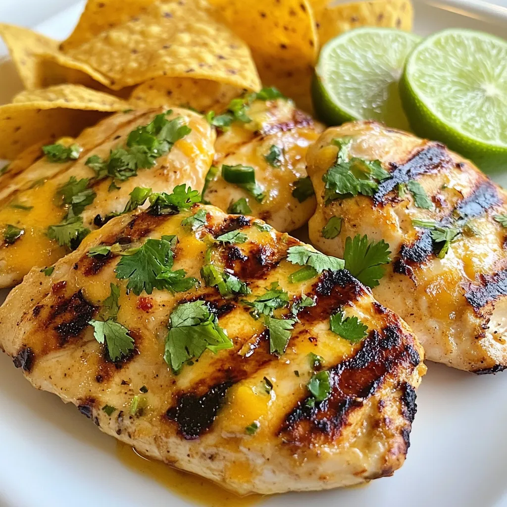 - 4 boneless, skinless chicken breasts - 1/4 cup lime juice (freshly squeezed) - 2 tablespoons olive oil - 2 teaspoons chili powder - 1 teaspoon cumin - 1 teaspoon garlic powder - 1 teaspoon onion powder - 1/2 teaspoon smoked paprika - 1 teaspoon salt - 1/2 teaspoon black pepper - 1/2 cup shredded cheddar cheese - 1/4 cup chopped fresh cilantro - 1 lime, sliced for garnish - Optional: tortilla chips for serving If you don’t have lime juice, try lemon juice instead. The taste will be different but still fresh. For the olive oil, you can use avocado oil or vegetable oil. If you want a bit more spice, add cayenne pepper in place of chili powder. You can also use fresh garlic instead of garlic powder or fresh onion instead of onion powder. Always choose fresh lime for juice. Fresh limes give the best flavor. Look for chicken breasts that are pink and firm. Avoid any that look dull or have a strange smell. For herbs, buy cilantro that is bright green. Fresh herbs make a big difference in taste. When buying cheese, grab a block of cheddar and shred it yourself. It melts better than pre-shredded cheese. {{ingredient_image_1}} To make the marinade, you need a small bowl. Add 1/4 cup of lime juice, 2 tablespoons of olive oil, and your spices. Use 2 teaspoons of chili powder, 1 teaspoon of cumin, 1 teaspoon of garlic powder, 1 teaspoon of onion powder, and 1/2 teaspoon of smoked paprika. Then, mix in 1 teaspoon of salt and 1/2 teaspoon of black pepper. Stir it all together until it combines well. This marinade gives the chicken a great flavor. Next, take 4 boneless, skinless chicken breasts and put them in a resealable plastic bag or a shallow dish. Pour the marinade over the chicken, making sure each piece gets coated. Seal the bag or cover the dish. Let it marinate for at least 30 minutes. If you have time, marinate it for up to 2 hours in the fridge. This step helps the chicken soak up all those tasty flavors. Now, it's time to grill! Preheat your grill or grill pan to medium-high heat. Remove the chicken from the marinade and throw away any leftover marinade. Place the chicken on the grill and cook for about 6-7 minutes on each side. Make sure the internal temperature reaches 165°F (75°C). You'll see those nice grill marks when it's ready. In the last few minutes of cooking, sprinkle 1/2 cup of shredded cheddar cheese over the chicken. Close the grill lid to melt the cheese. Once cooked, take the chicken off the grill and let it rest for 5 minutes. Finally, garnish with chopped fresh cilantro and lime slices. Enjoy your fiesta! To get those perfect grill marks, start with a hot grill. Preheat it to medium-high heat. Place the chicken on the grill and let it sit. Don’t move it for the first 3-4 minutes. This allows the meat to sear and form those lovely lines. After that, you can flip it to cook the other side. Marinating is key for great taste. I recommend letting your chicken soak for at least 30 minutes. For the best flavor, try to marinate it for up to 2 hours. The lime juice and spices will really soak in during that time. This gives your chicken that zesty kick we all love in Fiesta Lime Chicken. To keep your chicken juicy, don’t overcook it. Use a meat thermometer to check the internal temperature. When it hits 165°F (75°C), it’s done. After grilling, let it rest for 5 minutes before cutting. This helps keep all those tasty juices inside. Following these tips will help you serve a perfect Fiesta Lime Chicken every time. Pro Tips Marination Time: For the best flavor, marinate the chicken for at least 2 hours. If you can, overnight is even better! Grill Marks: To achieve beautiful grill marks, ensure the grill is preheated properly and avoid moving the chicken too soon. Cheese Melting: Use a lid or aluminum foil during the last few minutes of cooking to help the cheese melt perfectly over the chicken. Serving Suggestions: Pair with fresh avocado slices or a side of black beans for a complete fiesta meal! {{image_2}} You can change the heat of your Fiesta Lime Chicken easily. If you want more spice, add some cayenne pepper to the marinade. Start with 1/4 teaspoon and taste. You can also use hot sauce for an extra kick. A few dashes mixed in will do wonders. For less heat, skip the chili powder or use paprika instead. Salsas and dips make great companions for this chicken. I love a fresh mango salsa. Just mix diced mango, red onion, lime juice, and cilantro. It adds sweetness and balances the spice. You can also try a classic pico de gallo. Dice tomatoes, onion, jalapeño, and add lime juice and salt. This adds a crisp, fresh taste. A creamy avocado dip can also work well. Just mash ripe avocados with lime juice and a pinch of salt. While tortilla chips are fun, there are many other ways to serve this dish. Try placing the chicken on a bed of rice or quinoa. This adds texture and makes it filling. You can also serve it in a taco. Just slice the chicken and add it to small tortillas with toppings. Another idea is to pair it with a simple salad. Mixed greens, avocado, and a lime vinaigrette create a bright, fresh meal. You can even use the chicken in a wrap with your favorite veggies. To keep your Fiesta Lime Chicken fresh, store it in an airtight container. Let the chicken cool completely before sealing it. If you plan to eat it within three days, you can store it in the fridge. For longer storage, use the freezer. Always label your container with the date. Reheating is simple. You can use the microwave or the oven. If using the microwave, place the chicken on a microwave-safe plate. Heat it on medium power in one-minute intervals until hot. For the oven, preheat it to 350°F (175°C). Wrap the chicken in foil and heat for about 15 minutes. This keeps the chicken moist. Freezing works well for this dish. To freeze, wrap each chicken breast tightly in plastic wrap. Then place them in a freezer bag. Remove as much air as possible. This helps prevent freezer burn. You can freeze Fiesta Lime Chicken for up to three months. To thaw, place it in the fridge overnight before reheating. Fiesta Lime Chicken is a zesty grilled dish that shines with flavor. It features marinated chicken breasts cooked to juicy perfection. The marinade combines lime juice, spices, and olive oil. This mix gives the chicken a bright, tangy taste. Topped with melted cheddar cheese, it’s a fiesta on a plate. Serve it with tortilla chips for crunch and fun. Yes, you can use chicken thighs! They add more flavor and stay juicy. Thighs take a bit longer to cook, so adjust the grilling time. Aim for an internal temperature of 165°F (75°C). Use the same marinade for great taste. Your fiesta will still be bright and delicious! Making Fiesta Lime Chicken gluten-free is easy! All the spices and ingredients listed are naturally gluten-free. Just ensure your olive oil is pure and your cheese is free from additives. Serve with gluten-free tortilla chips or rice. Enjoy a safe and tasty meal with no worries! In this post, we covered all the key steps for making delicious Fiesta Lime Chicken. We explored ingredient choices, including substitutes and tips for freshness. You learned how to prepare the marinade, marinate, and grill your chicken to perfection. I shared tricks for great grill marks and keeping your chicken juicy. We also discussed tasty variations and proper storage techniques. Remember, the right ingredients and simple steps lead to great meals. Enjoy your cooking!