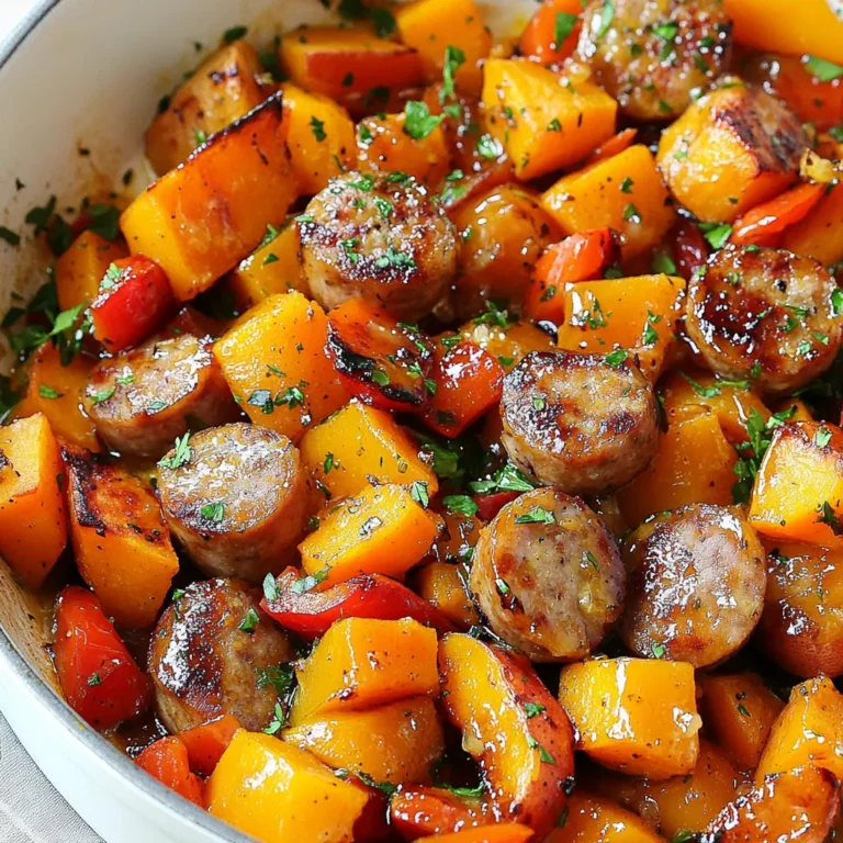 - 2 medium sweet potatoes, peeled and diced - 1 pound chicken or turkey sausage, sliced - 3 tablespoons honey - 4 cloves garlic, minced - 1 red bell pepper, diced - 1 yellow bell pepper, diced - 1 small red onion, chopped - 2 tablespoons olive oil - 1 teaspoon smoked paprika - 1/2 teaspoon salt - 1/4 teaspoon black pepper - Fresh parsley, chopped (for garnish) You will need two medium sweet potatoes. For the sausage, one pound works best. You will need three tablespoons of honey. Use four cloves of garlic. For bell peppers, one red and one yellow are perfect. One small red onion adds great flavor. Use two tablespoons of olive oil for cooking. One teaspoon of smoked paprika adds depth. Half a teaspoon of salt and a quarter teaspoon of black pepper season the dish well. Finally, a sprinkle of fresh parsley brightens it up. You can add spinach for extra greens. Kale also works well if you like it. Try adding a pinch of red pepper flakes for heat. Crushed nuts can add crunch, too. A splash of lemon juice brightens the flavors nicely. {{ingredient_image_1}} First, gather your ingredients. You need: - 2 medium sweet potatoes, peeled and diced - 1 pound chicken or turkey sausage, sliced - 3 tablespoons honey - 4 cloves garlic, minced - 1 red bell pepper, diced - 1 yellow bell pepper, diced - 1 small red onion, chopped - 2 tablespoons olive oil - 1 teaspoon smoked paprika - 1/2 teaspoon salt - 1/4 teaspoon black pepper - Fresh parsley, chopped (for garnish) Next, peel and dice the sweet potatoes. Chop the onion and bell peppers. Mince the garlic. Having everything ready speeds up cooking. Now, heat the olive oil in a large skillet over medium heat. Add the diced sweet potatoes and sauté them for about 5-7 minutes. They should start to soften. Push the sweet potatoes to one side of the skillet. Add the sliced sausage on the empty side. Cook for around 5-6 minutes until the sausage is browned. Add the chopped onion and bell peppers to the skillet. Sauté everything together for about 5 minutes. You want the veggies to be tender but not mushy. Now, stir in the minced garlic, smoked paprika, honey, salt, and black pepper. Mix well to ensure everything combines. Cook for another 2-3 minutes. This lets the flavors meld together beautifully. Once cooked, remove from heat. Sprinkle fresh parsley on top for a pop of color and freshness. This dish looks great and tastes even better! To get the best texture, cut sweet potatoes into small, even pieces. This helps them cook evenly. Sauté them until they are soft but not mushy. When you cook the sausage, let it brown well. This gives a nice crust and great flavor. Make sure to stir the mix gently to keep the sweet potatoes intact. You can change the flavor with simple swaps. Try using different sausages, like Italian or spicy ones. For extra heat, add a pinch of red pepper flakes. You can also mix in different veggies, like zucchini or spinach. Herbs like thyme or rosemary can add a fresh taste. Don’t be afraid to play with the honey. More honey gives a sweeter dish, while less makes it more savory. This dish is great on its own but pairs well with sides. Serve it with a fresh salad for a light meal. You can also add a dollop of yogurt or sour cream for creaminess. If you want some crunch, sprinkle nuts or seeds on top. For a fun twist, serve it in a taco shell! Pro Tips Tip Title: Use Fresh Ingredients: Fresh sweet potatoes, bell peppers, and garlic will enhance the flavor and nutrition of your dish. Tip Title: Adjust Sweetness: Depending on your taste, you can add more or less honey to balance the sweetness with the savory elements. Tip Title: Sautéing Technique: Make sure to sauté the sweet potatoes until they begin to brown for added depth of flavor and texture. Tip Title: Experiment with Sausage: Try different types of sausage, like spicy Italian or smoked sausage, for a unique twist on the flavor profile. {{image_2}} You can make this dish vegetarian by swapping the sausage. Use plant-based sausage for great flavor. Another option is to add cooked beans, like black beans or chickpeas. These add protein and texture. You can also use mushrooms for a hearty bite. They soak up flavors well, too. Just sauté them with the sweet potatoes for a tasty mix. Want more heat? Add red pepper flakes or diced jalapeños. Start with a small amount and taste as you go. You can also use a spicy sausage for extra kick. For milder flavor, skip the heat or use sweet Italian sausage. This way, you can control the spice based on your taste. Use seasonal veggies for a fresh twist. In fall, add kale or Brussels sprouts. In summer, toss in zucchini or corn for a light touch. You can also swap sweet potatoes for butternut squash in winter. Each change brings a new flavor profile. This keeps the dish exciting all year round! You can store leftovers in the fridge. Place them in an airtight container. The meal stays fresh for up to three days. Make sure the dish cools down first before sealing it. This keeps the flavors intact. For longer storage, freeze the dish. Use a freezer-safe container or bag. Label it with the date and name. You can freeze it for up to three months. Thaw overnight in the fridge before reheating. This helps maintain the texture and taste. Reheat in a skillet over medium heat. Add a splash of water or broth to keep it moist. Stir occasionally until heated through. You can also use the microwave. Place in a microwave-safe dish and cover it. Heat in short bursts, stirring in between. Enjoy the dish warm! You can use plant-based sausage if you want a vegetarian dish. Ground turkey or chicken works well too. If you prefer, try diced tofu or tempeh for a protein boost. These options add flavor and texture, just like sausage. Yes, you can prepare this dish in advance. Cook it fully, then cool it down. Store it in an airtight container in the fridge. It keeps well for about three days. Just reheat it on the stove or in the microwave before serving. Sweet potatoes are done when they are soft and tender. You can check by poking them with a fork. If the fork goes in easily, they are ready. The sweet potatoes should also have a nice golden color when cooked. This article covered all you need to know about creating a delicious dish. We explored the key ingredients and their measurements, plus optional additions to make it your own. I shared step-by-step instructions for preparation, cooking, and final touches to ensure success. We discussed tips for the best flavor and texture, plus variations for different diets. Lastly, I gave storage tips to keep your dish fresh. With these insights, you can enjoy cooking with confidence. Happy cooking!