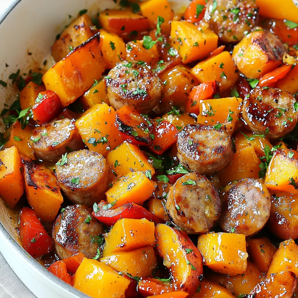 - 2 medium sweet potatoes, peeled and diced - 1 pound chicken or turkey sausage, sliced - 3 tablespoons honey - 4 cloves garlic, minced - 1 red bell pepper, diced - 1 yellow bell pepper, diced - 1 small red onion, chopped - 2 tablespoons olive oil - 1 teaspoon smoked paprika - 1/2 teaspoon salt - 1/4 teaspoon black pepper - Fresh parsley, chopped (for garnish) You will need two medium sweet potatoes. For the sausage, one pound works best. You will need three tablespoons of honey. Use four cloves of garlic. For bell peppers, one red and one yellow are perfect. One small red onion adds great flavor. Use two tablespoons of olive oil for cooking. One teaspoon of smoked paprika adds depth. Half a teaspoon of salt and a quarter teaspoon of black pepper season the dish well. Finally, a sprinkle of fresh parsley brightens it up. You can add spinach for extra greens. Kale also works well if you like it. Try adding a pinch of red pepper flakes for heat. Crushed nuts can add crunch, too. A splash of lemon juice brightens the flavors nicely. {{ingredient_image_1}} First, gather your ingredients. You need: - 2 medium sweet potatoes, peeled and diced - 1 pound chicken or turkey sausage, sliced - 3 tablespoons honey - 4 cloves garlic, minced - 1 red bell pepper, diced - 1 yellow bell pepper, diced - 1 small red onion, chopped - 2 tablespoons olive oil - 1 teaspoon smoked paprika - 1/2 teaspoon salt - 1/4 teaspoon black pepper - Fresh parsley, chopped (for garnish) Next, peel and dice the sweet potatoes. Chop the onion and bell peppers. Mince the garlic. Having everything ready speeds up cooking. Now, heat the olive oil in a large skillet over medium heat. Add the diced sweet potatoes and sauté them for about 5-7 minutes. They should start to soften. Push the sweet potatoes to one side of the skillet. Add the sliced sausage on the empty side. Cook for around 5-6 minutes until the sausage is browned. Add the chopped onion and bell peppers to the skillet. Sauté everything together for about 5 minutes. You want the veggies to be tender but not mushy. Now, stir in the minced garlic, smoked paprika, honey, salt, and black pepper. Mix well to ensure everything combines. Cook for another 2-3 minutes. This lets the flavors meld together beautifully. Once cooked, remove from heat. Sprinkle fresh parsley on top for a pop of color and freshness. This dish looks great and tastes even better! To get the best texture, cut sweet potatoes into small, even pieces. This helps them cook evenly. Sauté them until they are soft but not mushy. When you cook the sausage, let it brown well. This gives a nice crust and great flavor. Make sure to stir the mix gently to keep the sweet potatoes intact. You can change the flavor with simple swaps. Try using different sausages, like Italian or spicy ones. For extra heat, add a pinch of red pepper flakes. You can also mix in different veggies, like zucchini or spinach. Herbs like thyme or rosemary can add a fresh taste. Don’t be afraid to play with the honey. More honey gives a sweeter dish, while less makes it more savory. This dish is great on its own but pairs well with sides. Serve it with a fresh salad for a light meal. You can also add a dollop of yogurt or sour cream for creaminess. If you want some crunch, sprinkle nuts or seeds on top. For a fun twist, serve it in a taco shell! Pro Tips Tip Title: Use Fresh Ingredients: Fresh sweet potatoes, bell peppers, and garlic will enhance the flavor and nutrition of your dish. Tip Title: Adjust Sweetness: Depending on your taste, you can add more or less honey to balance the sweetness with the savory elements. Tip Title: Sautéing Technique: Make sure to sauté the sweet potatoes until they begin to brown for added depth of flavor and texture. Tip Title: Experiment with Sausage: Try different types of sausage, like spicy Italian or smoked sausage, for a unique twist on the flavor profile. {{image_2}} You can make this dish vegetarian by swapping the sausage. Use plant-based sausage for great flavor. Another option is to add cooked beans, like black beans or chickpeas. These add protein and texture. You can also use mushrooms for a hearty bite. They soak up flavors well, too. Just sauté them with the sweet potatoes for a tasty mix. Want more heat? Add red pepper flakes or diced jalapeños. Start with a small amount and taste as you go. You can also use a spicy sausage for extra kick. For milder flavor, skip the heat or use sweet Italian sausage. This way, you can control the spice based on your taste. Use seasonal veggies for a fresh twist. In fall, add kale or Brussels sprouts. In summer, toss in zucchini or corn for a light touch. You can also swap sweet potatoes for butternut squash in winter. Each change brings a new flavor profile. This keeps the dish exciting all year round! You can store leftovers in the fridge. Place them in an airtight container. The meal stays fresh for up to three days. Make sure the dish cools down first before sealing it. This keeps the flavors intact. For longer storage, freeze the dish. Use a freezer-safe container or bag. Label it with the date and name. You can freeze it for up to three months. Thaw overnight in the fridge before reheating. This helps maintain the texture and taste. Reheat in a skillet over medium heat. Add a splash of water or broth to keep it moist. Stir occasionally until heated through. You can also use the microwave. Place in a microwave-safe dish and cover it. Heat in short bursts, stirring in between. Enjoy the dish warm! You can use plant-based sausage if you want a vegetarian dish. Ground turkey or chicken works well too. If you prefer, try diced tofu or tempeh for a protein boost. These options add flavor and texture, just like sausage. Yes, you can prepare this dish in advance. Cook it fully, then cool it down. Store it in an airtight container in the fridge. It keeps well for about three days. Just reheat it on the stove or in the microwave before serving. Sweet potatoes are done when they are soft and tender. You can check by poking them with a fork. If the fork goes in easily, they are ready. The sweet potatoes should also have a nice golden color when cooked. This article covered all you need to know about creating a delicious dish. We explored the key ingredients and their measurements, plus optional additions to make it your own. I shared step-by-step instructions for preparation, cooking, and final touches to ensure success. We discussed tips for the best flavor and texture, plus variations for different diets. Lastly, I gave storage tips to keep your dish fresh. With these insights, you can enjoy cooking with confidence. Happy cooking!
