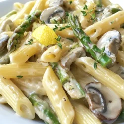 To make creamy mushroom asparagus penne, you need: - 8 oz penne pasta - 2 tablespoons olive oil - 1 medium onion, diced - 3 cloves garlic, minced - 8 oz cremini mushrooms, sliced - 1 bunch asparagus, trimmed and cut into 2-inch pieces - 1 cup heavy cream - 1/2 cup grated Parmesan cheese - Salt and pepper to taste - 1 teaspoon fresh thyme leaves (or 1/2 teaspoon dried thyme) - Zest of 1 lemon - 2 tablespoons chopped fresh parsley for garnish If you want to mix things up, here are some options: - Use whole wheat penne for a healthier option. - Swap cremini mushrooms with button mushrooms or shiitake mushrooms. - Replace heavy cream with coconut cream for a lighter sauce. - Try nutritional yeast instead of Parmesan for a vegan twist. To make this dish, you will need: - A large pot for boiling pasta - A large skillet for sautéing - A cutting board and knife for chopping - A measuring cup for cream and cheese - A wooden spoon or spatula for stirring - A zester for lemon zest These tools help you prepare and cook the dish smoothly. Happy cooking! {{ingredient_image_1}} First, grab a large pot and fill it with water. Add a pinch of salt and bring it to a boil. Pour in 8 ounces of penne pasta. Cook it according to the package instructions until it is al dente. This usually takes about 10-12 minutes. After cooking, drain the pasta but keep about 1 cup of the pasta water. Set the pasta aside for later. Next, take a large skillet and heat 2 tablespoons of olive oil over medium heat. Add 1 medium diced onion and sauté for 2-3 minutes. You want the onion to turn soft and clear. Then add 3 cloves of minced garlic. Cook it for about 30 seconds until it smells great. Now, toss in 8 ounces of sliced cremini mushrooms. Stir them around for 5-7 minutes until they turn golden brown and release their moisture. Finally, add a bunch of trimmed asparagus cut into 2-inch pieces. Cook for another 3-4 minutes until the asparagus is tender but still bright green. Now it’s time to make the creamy sauce. Pour in 1 cup of heavy cream into the skillet. Stir well to mix everything together. Then add 1/2 cup of grated Parmesan cheese, 1 teaspoon of fresh thyme leaves, the zest of 1 lemon, and salt and pepper to taste. Keep stirring until the cheese melts and the sauce becomes creamy. If the sauce looks too thick, slowly add some reserved pasta water until it reaches your desired texture. Finally, add the cooked penne to your skillet. Toss it all together so that the pasta is well coated in the creamy mushroom-asparagus sauce. Taste it and adjust the seasoning if needed. Once it's all mixed, remove it from the heat. Serve it on plates and sprinkle chopped fresh parsley on top for a beautiful finish. Enjoy your creamy mushroom asparagus penne! To make the sauce creamy, use heavy cream. It gives a rich texture. When you add the cream, stir it well. Mix in grated Parmesan cheese for added creaminess. If the sauce feels too thick, add a bit of reserved pasta water. This will help reach the right consistency. Always taste your sauce. Adjust with salt and pepper as needed. Prep your veggies ahead of time. Dice the onions and mince the garlic the night before. Store them in the fridge. You can also slice the mushrooms and trim the asparagus early. Cook the penne while you prepare the sauce. This way, everything comes together quickly. You can even cook double the amount of pasta and save some for later. Creamy mushroom asparagus penne pairs well with garlic bread. A simple green salad adds freshness. If you want protein, grilled chicken or shrimp works great. For a drink, try a light white wine. It balances the creaminess of the dish. Enjoy your meal with family or friends for a perfect dinner. Pro Tips Use Fresh Ingredients: Fresh asparagus and mushrooms will enhance the flavor and texture of your dish. Opt for seasonal produce whenever possible for the best results. Reserve Pasta Water: Always save a cup of pasta water before draining. This starchy liquid can be used to adjust the sauce consistency and help it cling to the pasta better. Customize Your Cheese: Feel free to experiment with different types of cheese. A mix of Parmesan and Pecorino Romano can add a unique flavor profile to your sauce. Finish with Lemon Juice: A squeeze of fresh lemon juice just before serving will brighten the dish and enhance the flavors of the creamy sauce. {{image_2}} You can swap vegetables in this dish. Try using zucchini or bell peppers instead of asparagus. Spinach also works well. These veggies add different flavors and colors. You can mix and match based on what you like. Just remember to adjust cooking times for softer or harder veggies. To make a vegan version, replace heavy cream with coconut milk or cashew cream. Use nutritional yeast instead of Parmesan for a cheesy flavor. For a protein boost, add chickpeas or tofu. This way, you keep the creaminess while making it plant-based and healthy. You can easily add proteins to this dish. Grilled chicken or shrimp pairs nicely with the creamy sauce. For a vegetarian option, try adding cooked lentils or white beans. These proteins make the meal more filling and satisfying. Just toss them in when you mix the pasta with the sauce. After you enjoy your creamy mushroom asparagus penne, store any leftovers in an airtight container. Let the dish cool to room temperature first. This helps preserve its taste and texture. You can keep it in the fridge for up to three days. Make sure to label your container with the date so you know when to eat it. To reheat your leftovers, you can use the microwave or the stove. For the microwave, place the penne in a bowl and cover it with a damp paper towel. Heat for 1-2 minutes. Stir halfway through for even heating. On the stove, warm it gently in a skillet over medium heat. Add a splash of water or cream to keep it creamy. Stir until hot, about 5 minutes. If you want to freeze your creamy mushroom asparagus penne, do it right after cooking. Use a freezer-safe container to avoid freezer burn. Leave some space at the top for expansion. You can freeze it for up to three months. To defrost, move it to the fridge overnight. Then reheat it as mentioned above. Yes, you can use many types of pasta. Farfalle or fusilli work well too. Just cook them as you would penne. Adjust the cooking time based on the pasta type. Each shape holds the sauce differently, giving a unique taste. To make this dish gluten-free, swap regular pasta for gluten-free penne. Many brands offer tasty options made from rice or corn. Ensure all other ingredients, like the heavy cream and cheese, are also gluten-free. This keeps your meal safe and delicious. You can add basil, oregano, or rosemary for extra flavor. Fresh herbs add a nice touch. Dried herbs work too; just use less since they are stronger. Experiment with what you have at home for a personal twist. Yes, you can make this dish ahead. Cook and mix everything, then cool it down. Store it in the fridge for up to two days. When ready to eat, reheat it on the stove. Add a splash of cream or pasta water to keep it creamy. In this blog post, we explored how to make a creamy mushroom asparagus penne. You learned about essential ingredients, alternative options, and useful tools. I shared step-by-step cooking instructions, tips for a creamy sauce, and meal prep tricks. We also discussed variations, storage methods, and answered common questions. In the end, this dish is flexible and fun to make. You can customize it to fit your taste and needs. Enjoy cooking and eating your creamy pasta creation!