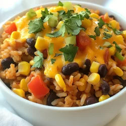 - 1 cup white or brown rice - 2 cups vegetable broth (or water) - 1 tablespoon olive oil - 1 small onion, diced - 2 cloves garlic, minced - 1 bell pepper, diced (any color) - 1 can (15 oz) black beans, drained and rinsed - 1/2 cup corn (fresh, frozen, or canned) - 1 can (15 oz) diced tomatoes (with their juice) - 1 packet taco seasoning (about 1 oz) - 1 cup shredded cheddar cheese (or a blend) - 1/4 cup fresh cilantro, chopped (for garnish) Gather these ingredients before you start. They help make the dish flavorful and fun. You can choose white or brown rice based on your taste. The broth adds great flavor. If you don’t have broth, water works fine too. Olive oil gives a nice base for your veggies. Onions and bell peppers bring sweetness and crunch. Garlic adds a strong, tasty kick. The black beans and corn boost protein and texture. Diced tomatoes add moisture and tang. Taco seasoning is key for that bold flavor. Finally, cheese melts into the rice, making it creamy and delicious. Use fresh cilantro as a topping for color and freshness. These simple ingredients create a warm, cheesy dish you’ll love! {{ingredient_image_1}} - First, rinse 1 cup of rice under cold water. Keep rinsing until the water runs clear. This step helps remove extra starch and makes the rice fluffy. - Next, drain the rice well. In a medium pot, heat 1 tablespoon of olive oil over medium heat. Add 1 small diced onion and 1 diced bell pepper. Sauté for about 3-4 minutes until they are soft. - Now, stir in 2 minced garlic cloves. Cook for 1 minute until you smell the garlic's aroma. This step adds a lot of flavor to your dish. - Add the rinsed rice to the pot. Stir it well to coat the rice in the oil and mix with the veggies. Toast the rice for about 2 minutes to enhance its flavor. - Pour in 2 cups of vegetable broth (or water) into the pot. Then, add 1 can of diced tomatoes with juice, 1 can of black beans (drained and rinsed), and 1/2 cup of corn. Sprinkle in 1 packet of taco seasoning. - Stir everything together to combine all the flavors. This mixture should look colorful and appetizing. - Bring the mixture to a boil. Once boiling, reduce the heat to low, cover the pot, and let it simmer for about 18-20 minutes. The rice should absorb the liquid and become tender. Check the package for specific cooking times. - After cooking, remove the pot from heat. Fluff the rice gently with a fork to separate the grains. This step keeps the rice from becoming mushy. - Stir in 1 cup of shredded cheddar cheese until it melts and makes the rice creamy. This cheesy addition is what makes this dish so comforting. - Finally, season with salt and pepper to taste. Adjust the flavor to your liking for the best experience. To make fluffy rice, rinse it well. Rinse until the water runs clear. This step removes excess starch. Excess starch can make the rice sticky. After rinsing, drain it well to avoid too much water in the pot. When sautéing vegetables, start with the onion and bell pepper. Heat olive oil over medium heat. Add the diced onion and bell pepper to the pot. Cook for about 3-4 minutes until soft. Stir often to prevent burning. Then, add the minced garlic and cook for just one minute. Garlic adds a nice aroma and flavor. For the best cheese, use shredded cheddar or a blend. Cheddar melts well and adds great flavor. Other good options include Monterey Jack or Pepper Jack for a kick. To achieve a creamy texture, stir the cheese into the hot rice. Remove the pot from heat before adding cheese. This helps the cheese melt evenly without clumping. To adjust spice levels, consider the taco seasoning. Start with half a packet for less heat. Taste the mixture after cooking; you can add more later. You can also use mild salsa instead of taco seasoning for a different flavor. Adding extras like sour cream or avocado can enhance the dish. A dollop of sour cream adds creaminess. Fresh slices of avocado give a cool contrast to the spices. Don’t forget chopped cilantro for a fresh finish! Pro Tips Rinse Your Rice: Rinsing the rice helps remove excess starch, preventing it from becoming sticky and ensuring a fluffy texture. Customize Your Veggies: Feel free to add or substitute with other vegetables like zucchini or corn for added flavor and nutrition. Cheese Variations: Experiment with different types of cheese, such as Monterey Jack or pepper jack, for a unique twist on the flavor. Make it Spicy: Add diced jalapeños or a dash of hot sauce to give your Cheesy Taco Rice a spicy kick! {{image_2}} If you want to make Cheesy Taco Rice gluten-free, use certified gluten-free rice. Most rice types, like white or brown, are naturally gluten-free. Just check the package to be sure. For a vegan version, swap the cheese with a plant-based alternative. Nutritional yeast adds a cheesy flavor without dairy. You can also use vegetable broth instead of chicken broth for a full vegan meal. You can change the flavors by trying different taco seasonings. Some brands offer spicy or mild options. You could even mix your own seasoning using cumin, chili powder, and paprika. If you want more protein, add cooked chicken, beef, or turkey. Different beans, like pinto or kidney beans, can also change the dish's taste. Cheesy Taco Rice pairs well with many side dishes. Consider a fresh salad or some tortilla chips. You can also use it as a stuffing for tacos or burritos. Just spoon the rice into a tortilla, add your favorite toppings, and wrap it up. This makes a fun meal that everyone can enjoy! To store leftovers, place Cheesy Taco Rice in an airtight container. This keeps it fresh and tasty. In the fridge, it lasts about 3 to 4 days. Make sure to cool it down before putting it away. To freeze Cheesy Taco Rice, let it cool completely. Then, scoop portions into freezer-safe bags or containers. Squeeze out excess air to avoid freezer burn. It can stay good for up to 3 months. To reheat, thaw in the fridge overnight. Then, warm it up in a pot or microwave. Add a splash of broth or water to keep it moist. Cheesy Taco Rice is perfect for meal prep. You can prepare a big batch on the weekend. Use it for quick meals during the week. It works great for lunch or dinner. Try adding it to tacos or burritos for fun twists. You can also serve it with a salad for a full meal. What type of rice is best for this recipe? I recommend using either white or brown rice. White rice cooks faster, while brown rice offers more fiber. Both types work well in Cheesy Taco Rice. Choose based on what you have or prefer. Can I make Cheesy Taco Rice ahead of time? Yes, you can make it ahead! Prepare it, let it cool, and store it in the fridge. Reheat when you’re ready to eat. The flavors will blend even more overnight. How many calories per serving? This recipe has about 400 calories per serving. It is filling and packed with flavor, making it a great meal choice. Any health benefits from the ingredients? Yes, the black beans provide protein and fiber. The bell pepper adds vitamins A and C. Using vegetable broth adds nutrients without many calories. Can I cook it in a rice cooker or Instant Pot? Absolutely! For a rice cooker, follow the same steps but add all ingredients at once. For the Instant Pot, use the sauté function first, then add everything and cook on high pressure for about 5 minutes. Options for customizing spice levels? You can adjust spice levels by adding more or less taco seasoning. For extra heat, add diced jalapeños or sprinkle in some cayenne pepper. Enjoy it as spicy as you like! This blog discussed making Cheesy Taco Rice. We covered the main ingredients like rice, broth, and beans. I shared step-by-step instructions for cooking and gave helpful tips for flavor and texture. You can also explore variations for different diets and learn about storage options. In conclusion, this dish is versatile and easy to prepare. With a few simple swaps, you can make it your own. Enjoy this meal for lunch, dinner, or meal prep. It’s a tasty way to satisfy your cravings!