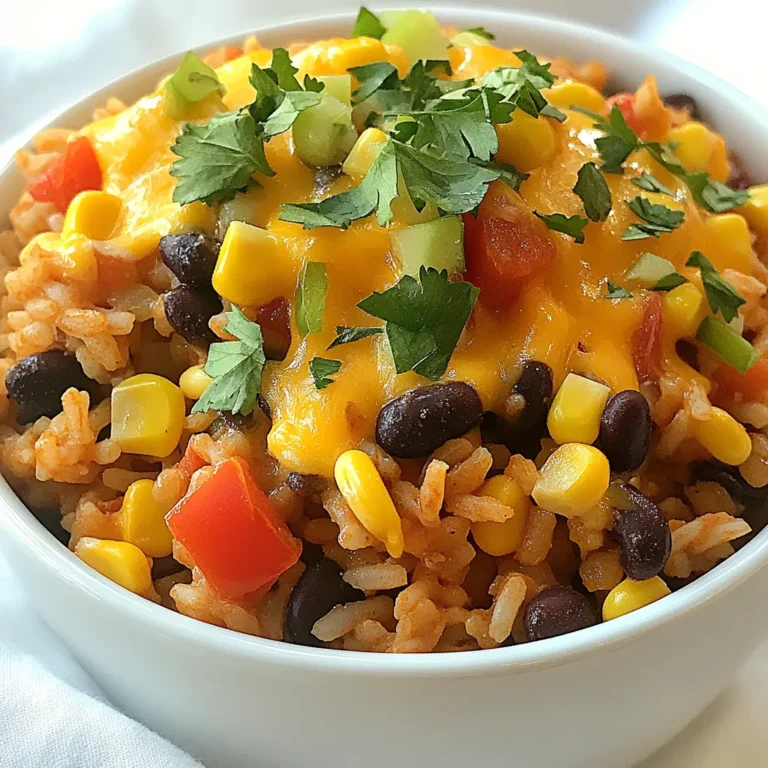 - 1 cup white or brown rice - 2 cups vegetable broth (or water) - 1 tablespoon olive oil - 1 small onion, diced - 2 cloves garlic, minced - 1 bell pepper, diced (any color) - 1 can (15 oz) black beans, drained and rinsed - 1/2 cup corn (fresh, frozen, or canned) - 1 can (15 oz) diced tomatoes (with their juice) - 1 packet taco seasoning (about 1 oz) - 1 cup shredded cheddar cheese (or a blend) - 1/4 cup fresh cilantro, chopped (for garnish) Gather these ingredients before you start. They help make the dish flavorful and fun. You can choose white or brown rice based on your taste. The broth adds great flavor. If you don’t have broth, water works fine too. Olive oil gives a nice base for your veggies. Onions and bell peppers bring sweetness and crunch. Garlic adds a strong, tasty kick. The black beans and corn boost protein and texture. Diced tomatoes add moisture and tang. Taco seasoning is key for that bold flavor. Finally, cheese melts into the rice, making it creamy and delicious. Use fresh cilantro as a topping for color and freshness. These simple ingredients create a warm, cheesy dish you’ll love! {{ingredient_image_1}} - First, rinse 1 cup of rice under cold water. Keep rinsing until the water runs clear. This step helps remove extra starch and makes the rice fluffy. - Next, drain the rice well. In a medium pot, heat 1 tablespoon of olive oil over medium heat. Add 1 small diced onion and 1 diced bell pepper. Sauté for about 3-4 minutes until they are soft. - Now, stir in 2 minced garlic cloves. Cook for 1 minute until you smell the garlic's aroma. This step adds a lot of flavor to your dish. - Add the rinsed rice to the pot. Stir it well to coat the rice in the oil and mix with the veggies. Toast the rice for about 2 minutes to enhance its flavor. - Pour in 2 cups of vegetable broth (or water) into the pot. Then, add 1 can of diced tomatoes with juice, 1 can of black beans (drained and rinsed), and 1/2 cup of corn. Sprinkle in 1 packet of taco seasoning. - Stir everything together to combine all the flavors. This mixture should look colorful and appetizing. - Bring the mixture to a boil. Once boiling, reduce the heat to low, cover the pot, and let it simmer for about 18-20 minutes. The rice should absorb the liquid and become tender. Check the package for specific cooking times. - After cooking, remove the pot from heat. Fluff the rice gently with a fork to separate the grains. This step keeps the rice from becoming mushy. - Stir in 1 cup of shredded cheddar cheese until it melts and makes the rice creamy. This cheesy addition is what makes this dish so comforting. - Finally, season with salt and pepper to taste. Adjust the flavor to your liking for the best experience. To make fluffy rice, rinse it well. Rinse until the water runs clear. This step removes excess starch. Excess starch can make the rice sticky. After rinsing, drain it well to avoid too much water in the pot. When sautéing vegetables, start with the onion and bell pepper. Heat olive oil over medium heat. Add the diced onion and bell pepper to the pot. Cook for about 3-4 minutes until soft. Stir often to prevent burning. Then, add the minced garlic and cook for just one minute. Garlic adds a nice aroma and flavor. For the best cheese, use shredded cheddar or a blend. Cheddar melts well and adds great flavor. Other good options include Monterey Jack or Pepper Jack for a kick. To achieve a creamy texture, stir the cheese into the hot rice. Remove the pot from heat before adding cheese. This helps the cheese melt evenly without clumping. To adjust spice levels, consider the taco seasoning. Start with half a packet for less heat. Taste the mixture after cooking; you can add more later. You can also use mild salsa instead of taco seasoning for a different flavor. Adding extras like sour cream or avocado can enhance the dish. A dollop of sour cream adds creaminess. Fresh slices of avocado give a cool contrast to the spices. Don’t forget chopped cilantro for a fresh finish! Pro Tips Rinse Your Rice: Rinsing the rice helps remove excess starch, preventing it from becoming sticky and ensuring a fluffy texture. Customize Your Veggies: Feel free to add or substitute with other vegetables like zucchini or corn for added flavor and nutrition. Cheese Variations: Experiment with different types of cheese, such as Monterey Jack or pepper jack, for a unique twist on the flavor. Make it Spicy: Add diced jalapeños or a dash of hot sauce to give your Cheesy Taco Rice a spicy kick! {{image_2}} If you want to make Cheesy Taco Rice gluten-free, use certified gluten-free rice. Most rice types, like white or brown, are naturally gluten-free. Just check the package to be sure. For a vegan version, swap the cheese with a plant-based alternative. Nutritional yeast adds a cheesy flavor without dairy. You can also use vegetable broth instead of chicken broth for a full vegan meal. You can change the flavors by trying different taco seasonings. Some brands offer spicy or mild options. You could even mix your own seasoning using cumin, chili powder, and paprika. If you want more protein, add cooked chicken, beef, or turkey. Different beans, like pinto or kidney beans, can also change the dish's taste. Cheesy Taco Rice pairs well with many side dishes. Consider a fresh salad or some tortilla chips. You can also use it as a stuffing for tacos or burritos. Just spoon the rice into a tortilla, add your favorite toppings, and wrap it up. This makes a fun meal that everyone can enjoy! To store leftovers, place Cheesy Taco Rice in an airtight container. This keeps it fresh and tasty. In the fridge, it lasts about 3 to 4 days. Make sure to cool it down before putting it away. To freeze Cheesy Taco Rice, let it cool completely. Then, scoop portions into freezer-safe bags or containers. Squeeze out excess air to avoid freezer burn. It can stay good for up to 3 months. To reheat, thaw in the fridge overnight. Then, warm it up in a pot or microwave. Add a splash of broth or water to keep it moist. Cheesy Taco Rice is perfect for meal prep. You can prepare a big batch on the weekend. Use it for quick meals during the week. It works great for lunch or dinner. Try adding it to tacos or burritos for fun twists. You can also serve it with a salad for a full meal. What type of rice is best for this recipe? I recommend using either white or brown rice. White rice cooks faster, while brown rice offers more fiber. Both types work well in Cheesy Taco Rice. Choose based on what you have or prefer. Can I make Cheesy Taco Rice ahead of time? Yes, you can make it ahead! Prepare it, let it cool, and store it in the fridge. Reheat when you’re ready to eat. The flavors will blend even more overnight. How many calories per serving? This recipe has about 400 calories per serving. It is filling and packed with flavor, making it a great meal choice. Any health benefits from the ingredients? Yes, the black beans provide protein and fiber. The bell pepper adds vitamins A and C. Using vegetable broth adds nutrients without many calories. Can I cook it in a rice cooker or Instant Pot? Absolutely! For a rice cooker, follow the same steps but add all ingredients at once. For the Instant Pot, use the sauté function first, then add everything and cook on high pressure for about 5 minutes. Options for customizing spice levels? You can adjust spice levels by adding more or less taco seasoning. For extra heat, add diced jalapeños or sprinkle in some cayenne pepper. Enjoy it as spicy as you like! This blog discussed making Cheesy Taco Rice. We covered the main ingredients like rice, broth, and beans. I shared step-by-step instructions for cooking and gave helpful tips for flavor and texture. You can also explore variations for different diets and learn about storage options. In conclusion, this dish is versatile and easy to prepare. With a few simple swaps, you can make it your own. Enjoy this meal for lunch, dinner, or meal prep. It’s a tasty way to satisfy your cravings!