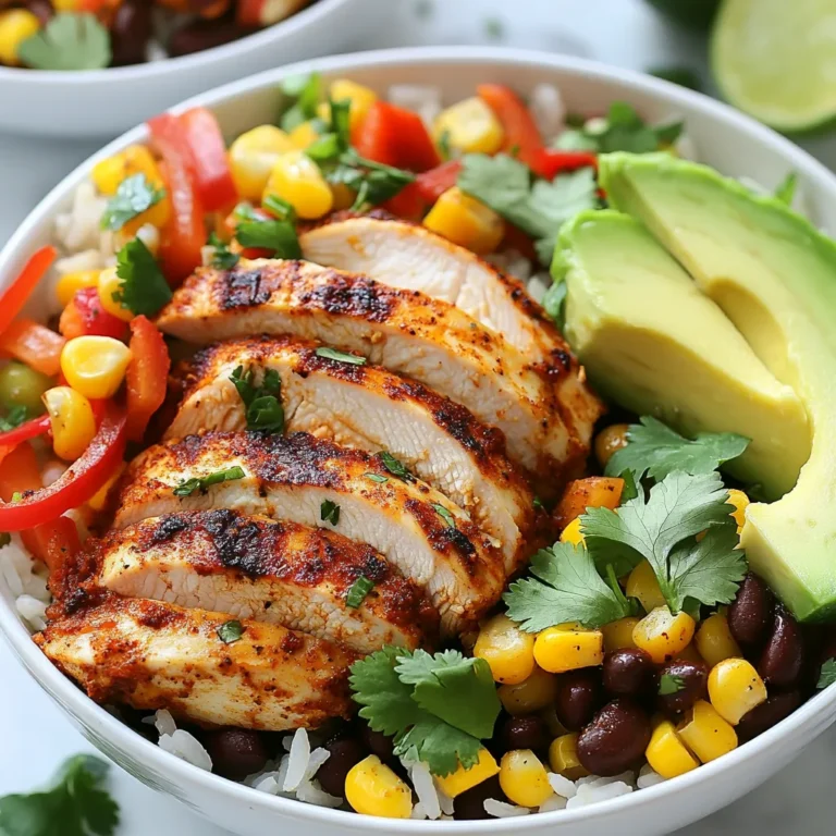 To make Cajun Chicken and Rice Bowls, gather these ingredients: - 2 boneless, skinless chicken breasts - 2 tablespoons Cajun seasoning - 1 tablespoon olive oil - 1 cup jasmine rice - 2 cups chicken broth or water - 1 red bell pepper, diced - 1 green bell pepper, diced - 1 small onion, chopped - 2 cloves garlic, minced - 1 can (15 oz) black beans, drained and rinsed - 1 cup corn (fresh or frozen) - 1 tablespoon lime juice - 1 teaspoon smoked paprika - ¼ cup chopped fresh cilantro - Salt and pepper to taste - Avocado and lime wedges for garnish (optional) If you need substitutes, here are some ideas: - Chicken breasts can be swapped with thighs for more flavor. - Use brown rice instead of jasmine for a healthier option. - Any color bell pepper works if you want variety. - Canned beans can be replaced with cooked lentils. - Fresh cilantro can be swapped with parsley for a different taste. Choosing fresh ingredients is key to great flavor. Here are my tips: - Look for chicken that is pink and firm. Avoid any that looks discolored. - Choose bell peppers that are bright and firm. Avoid any soft spots. - Select jasmine rice that is dry and free of moisture. - Check canned beans for a clear label and no dents. - Fresh herbs should be vibrant and fragrant; avoid wilted ones. {{ingredient_image_1}} First, take the chicken breasts and rub them with olive oil. Sprinkle the Cajun seasoning on both sides. Make sure every part is covered with flavor. Let the chicken sit for at least 15 minutes. This helps the spices sink in and makes the chicken tastier. Next, in a medium pot, add jasmine rice and chicken broth. Bring this to a boil over high heat. Once boiling, reduce the heat to low. Cover it with a lid and let it simmer for about 15-18 minutes. The rice will become fluffy, and all the broth should be soaked up. While the rice cooks, heat a small amount of olive oil in a large skillet over medium heat. Add the chopped onion first. Cook it until it turns translucent, which takes about 2-3 minutes. Then, add the diced red and green bell peppers along with the minced garlic. Sauté everything for another 3-4 minutes until the peppers soften. Now, push the sautéed vegetables to one side of the skillet. Place the marinated chicken in the empty side. Cook the chicken for about 6-7 minutes on each side. Look for a nice char and ensure that it is cooked through. After cooking, remove the chicken from heat and let it rest. Then, slice it into strips. In the same skillet with the sautéed veggies, add the black beans and corn. Sprinkle in the smoked paprika and pour the lime juice. Then, mix in the fluffy rice. Stir everything well to combine and heat through. Taste and add salt and pepper as needed. Now it’s time to build your bowls! Start by layering the spiced rice mixture at the bottom. Then, place the sliced chicken strips on top of the rice. Finish by sprinkling fresh cilantro over the chicken. If you like, add avocado slices and lime wedges on the side. These toppings give a fresh burst of flavor to your dish. Enjoy your delicious Cajun Chicken and Rice Bowls! To get great flavor in your Cajun chicken and rice bowls, use fresh herbs and spices. Cajun seasoning is key, so choose a good one. Marinate the chicken for at least 15 minutes. This lets the flavors soak in deeply. When cooking the chicken, make sure your skillet is hot. This helps create a nice char and locks in the juices. For juicy chicken, start with boneless, skinless breasts. Rub them with olive oil and Cajun seasoning. Let them rest after cooking. This keeps the juices inside. Cook over medium heat for about 6-7 minutes per side. The chicken should be golden brown when done. Always check that it reaches 165°F to ensure it's safe to eat. Use jasmine rice for a fragrant and fluffy base. Cook the rice in chicken broth instead of water. This adds a lot of flavor. Bring it to a boil, then reduce the heat and cover. Let it simmer for 15-18 minutes. Avoid lifting the lid during cooking. This helps the rice steam properly and stay fluffy. Adding a splash of lime juice at the end brightens the flavor and makes it pop. Pro Tips Marinate for Maximum Flavor: Allow the chicken to marinate for at least 30 minutes if time permits, as this will enhance the flavors and tenderness. Use Fresh Ingredients: Fresh vegetables and herbs can significantly elevate the dish's flavor profile, so opt for fresh bell peppers and cilantro whenever possible. Cook Rice with Broth: Cooking the rice in chicken broth instead of water adds depth and richness to the overall flavor of the dish. Rest the Chicken: Let the chicken rest for a few minutes after cooking before slicing. This helps retain its juices, resulting in a more succulent bite. {{image_2}} You can easily make this dish vegetarian or vegan. Swap the chicken for tofu or tempeh. Use Cajun seasoning for flavor. Consider adding more vegetables like zucchini or mushrooms. You can also add chickpeas for protein. Instead of chicken broth, use vegetable broth for cooking the rice. This keeps the flavors rich and satisfying. If you want different protein options, try shrimp or fish. Both pair well with Cajun spices. Grilled sausage is another tasty choice. For a heartier meal, use lentils or quinoa. These options add unique flavors and textures to your bowl. They also keep the dish exciting and fresh. While jasmine rice is great, you can use other types too. Brown rice adds a nutty flavor and extra fiber. Basmati rice works well for a fragrant touch. If you want a fun twist, try using cauliflower rice for a low-carb version. Each rice type brings its own flair to the bowl, so feel free to mix it up. To keep your Cajun chicken and rice bowls fresh, store leftovers in an airtight container. Make sure to cool the food to room temperature first. Place the container in the fridge. Proper storage will keep your meal safe for up to three days. When reheating, use the microwave or a skillet. If using the microwave, cover the bowl to keep moisture in. Heat in short bursts. Stir in between to ensure even heating. If using a skillet, add a splash of water to help steam the rice. Heat on medium until warm, stirring often. This keeps the flavors bright. You can freeze Cajun chicken and rice bowls for longer storage. Place the cooled dish in a freezer-safe container. Use a freezer bag if you want to save space. Label the bag with the date. These bowls can last up to three months in the freezer. When ready to eat, thaw overnight in the fridge. Reheat as mentioned above for best taste. You can mix your own seasoning if you lack Cajun spices. Use paprika, garlic powder, onion powder, and black pepper. You can also try a mix of chili powder and dried herbs. This gives a nice flavor without being too spicy. Yes, you can make this recipe ahead of time. Cook the chicken and rice, then store them separately. You can also prepare the veggies and sauce. When you are ready to eat, just heat everything together. It saves time on busy days. Cajun Chicken and Rice Bowls have a mild to medium spice level. The heat comes from the Cajun seasoning. If you want less heat, reduce the amount you use. Add yogurt or sour cream to balance the spice if needed. You can serve this dish with coleslaw or a green salad. Cornbread is also a great option to pair with the bowls. For a refreshing touch, consider serving sliced cucumbers or a fruit salad on the side. Yes, you can use other rice types. Brown rice offers a nutty flavor and is more filling. Quinoa is a healthy choice too. Just remember that cooking times will change, so adjust accordingly for the best results. Cajun Chicken and Rice Bowls are fun to make and enjoy. We covered key ingredients, fresh tips, and cooking steps. Try different flavors, and consider veggie swaps. Storing leftovers is easy, too. This dish fits many tastes and kitchen skills. I hope you feel ready to make your own. Enjoy creating your flavorful bowls!