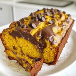 When making Pumpkin Chocolate Swirl Banana Bread, you need to gather some simple ingredients. Each one adds to the flavor and texture. Here’s what you will need: - 2 ripe bananas, mashed - 1 cup pumpkin puree - 1/2 cup brown sugar - 1/4 cup granulated sugar - 1/3 cup vegetable oil - 2 large eggs - 1 teaspoon vanilla extract - 1 1/2 cups all-purpose flour - 1 teaspoon baking soda - 1/2 teaspoon baking powder - 1/2 teaspoon salt - 1 teaspoon ground cinnamon - 1/4 teaspoon nutmeg - 1/4 cup cocoa powder - 1/4 cup semisweet chocolate chips These ingredients work together to create the perfect blend of pumpkin, banana, and chocolate. Each bite is a mix of sweet and rich flavors. The ripe bananas give moisture and sweetness. Pumpkin adds a lovely flavor and a hint of spice. The cocoa powder and chocolate chips add a nice chocolatey touch. Using fresh ingredients will give the best taste. Make sure your bananas are ripe; they should be brown and soft. The pumpkin puree should be pure, not pumpkin pie filling. This ensures your bread is not too sweet. Once you have these items ready, you can start making your delicious Pumpkin Chocolate Swirl Banana Bread! 1. Preheat your oven to 350°F (175°C). This step ensures even baking. 2. Grease a 9x5-inch loaf pan or line it with parchment paper. This will help the bread come out easily. 1. In a large bowl, combine 2 ripe bananas and 1 cup of pumpkin puree. Mash them well. 2. Add 1/2 cup brown sugar, 1/4 cup granulated sugar, 1/3 cup vegetable oil, 2 large eggs, and 1 teaspoon vanilla extract. Mix until smooth and creamy. 1. In another bowl, whisk together 1 1/2 cups all-purpose flour, 1 teaspoon baking soda, 1/2 teaspoon baking powder, 1/2 teaspoon salt, 1 teaspoon ground cinnamon, and 1/4 teaspoon nutmeg. This mix adds flavor and helps the bread rise. 1. Gradually add the dry ingredients to the wet mixture. Stir gently until just combined. Be careful not to overmix; this keeps the bread light. 1. Divide the batter into two bowls. In one bowl, sift in 1/4 cup cocoa powder. Mix until fully incorporated. This creates the rich chocolate batter. 1. To create the swirls, drop spoonfuls of the pumpkin batter into the center of the prepared loaf pan. 2. Add spoonfuls of the chocolate batter on top of the pumpkin. Use a knife or skewer to swirl the two batters together. This gives a beautiful marbled effect. 1. Bake in the preheated oven for 50-60 minutes. Check for doneness by inserting a toothpick in the center. If it comes out clean, your bread is ready. 2. Let the bread cool in the pan for about 10 minutes. Then transfer it to a wire rack to cool completely. Enjoy the sweet smell as it cools! To make the best pumpkin chocolate swirl banana bread, avoid overmixing. Overmixing makes the bread tough. Mix until you just see the flour. This keeps the bread soft and airy. Measuring your ingredients correctly is also key. Use dry measuring cups for flour and cocoa powder. For liquids, use liquid measuring cups. This helps ensure your bread bakes evenly. Enjoy your bread warm with butter or cream cheese. The warmth melts the butter, adding a rich flavor. You can also spread cream cheese for a tangy twist. Garnish your slices with a sprinkle of cinnamon. This adds a lovely touch to the presentation. You can also top with chocolate chips or nuts for extra flair. If you want to make it a bit healthier, you can swap sugars. Use coconut sugar or maple syrup instead of brown sugar. For oils, try applesauce or Greek yogurt. These options cut calories and add nutrients. Adding nuts or seeds can also boost the texture. Walnuts or pumpkin seeds add crunch. This makes each bite more interesting and nutritious. {{image_2}} You can change up the flavors of this bread in fun ways. For a sweeter twist, try white chocolate chips instead of semisweet. White chocolate gives a creamy taste that pairs well with pumpkin. If you love dark chocolate, use dark chocolate chips. They add a rich flavor that works great with the spices. You can also play with the spices. Instead of cinnamon and nutmeg, try ginger or allspice. These spices bring warmth and depth. Adding a bit of cardamom can give a nice twist too. Just a little change can make a big difference in flavor. If you need gluten-free options, you can swap the all-purpose flour. Use a gluten-free flour blend instead. This will keep the bread soft yet yummy. Just make sure the blend has xanthan gum for the best texture. For a vegan version, replace the eggs with flax eggs. Mix one tablespoon of ground flaxseed with three tablespoons of water for each egg. Let it sit for a few minutes until it thickens. For the dairy, you can use almond milk or coconut milk in place of any milk products. These swaps keep the bread moist and tasty without eggs or dairy. To keep your pumpkin chocolate swirl banana bread fresh, store it in an airtight container. This will help lock in moisture and keep it soft. You can also wrap the bread in plastic wrap before placing it in a container. Store it at room temperature if you will eat it within a few days. If you plan to keep it longer, refrigerate it. This helps to prevent mold. Freezing banana bread is easy. First, wrap it tightly in plastic wrap. Then, place it in a freezer bag or container. Be sure to label it with the date. This way, you’ll know when you made it. When you want to eat it, take it out of the freezer. Let it thaw in the fridge overnight. For the best texture, reheat slices in a toaster or microwave. This warms it up nicely. You can also bake it at 350°F (175°C) for a few minutes. Enjoy your tasty treat! You can make this bread a day in advance. Once baked, let it cool. Wrap it tightly in plastic wrap. This keeps it fresh. Store it at room temperature. For longer storage, place it in the fridge for up to a week. Yes, you can use butternut squash puree. Sweet potato puree also works well. Both give a similar flavor and texture. Just make sure they are purees, not sweetened or spiced. If your bread is too dense, check your measuring. Make sure you use the right amounts. Too much flour can cause this. Also, ensure you mix gently. Overmixing can lead to dense bread. If it still seems dense, try adding an extra egg next time. This bread lasts about 3 to 5 days at room temperature. Look for signs of spoilage. If it smells sour or shows mold, toss it. You can also store it in the fridge for up to a week. For longer storage, freeze it for about 2 to 3 months. In this post, you learned how to make Pumpkin Chocolate Swirl Banana Bread. We covered the key ingredients, step-by-step instructions, and helpful tips for the best result. You can enjoy this treat warm or explore fun variations and storage tips. Remember, measuring accurately and avoiding overmixing is crucial. With this recipe, you can impress your friends and family. Try it out, and savor the delicious flavors of this unique bread!