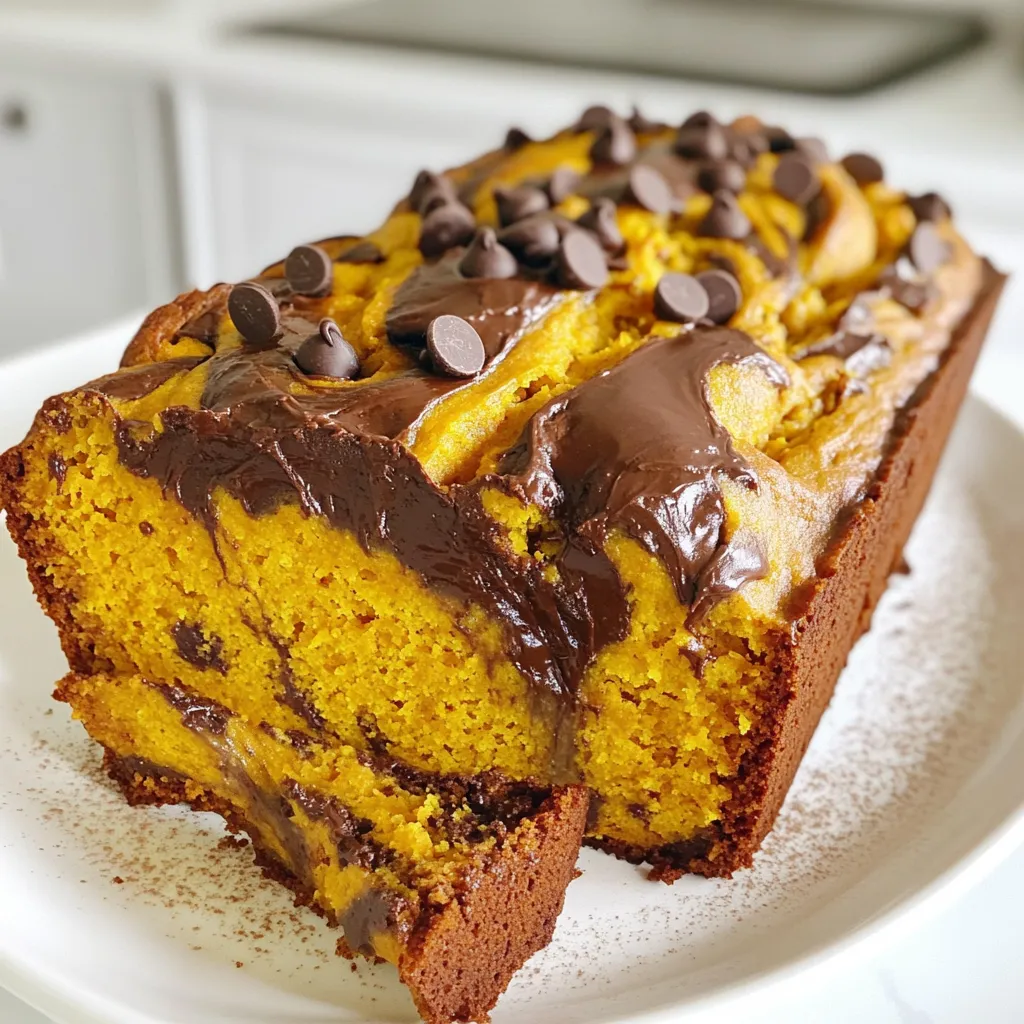 When making Pumpkin Chocolate Swirl Banana Bread, you need to gather some simple ingredients. Each one adds to the flavor and texture. Here’s what you will need: - 2 ripe bananas, mashed - 1 cup pumpkin puree - 1/2 cup brown sugar - 1/4 cup granulated sugar - 1/3 cup vegetable oil - 2 large eggs - 1 teaspoon vanilla extract - 1 1/2 cups all-purpose flour - 1 teaspoon baking soda - 1/2 teaspoon baking powder - 1/2 teaspoon salt - 1 teaspoon ground cinnamon - 1/4 teaspoon nutmeg - 1/4 cup cocoa powder - 1/4 cup semisweet chocolate chips These ingredients work together to create the perfect blend of pumpkin, banana, and chocolate. Each bite is a mix of sweet and rich flavors. The ripe bananas give moisture and sweetness. Pumpkin adds a lovely flavor and a hint of spice. The cocoa powder and chocolate chips add a nice chocolatey touch. Using fresh ingredients will give the best taste. Make sure your bananas are ripe; they should be brown and soft. The pumpkin puree should be pure, not pumpkin pie filling. This ensures your bread is not too sweet. Once you have these items ready, you can start making your delicious Pumpkin Chocolate Swirl Banana Bread! 1. Preheat your oven to 350°F (175°C). This step ensures even baking. 2. Grease a 9x5-inch loaf pan or line it with parchment paper. This will help the bread come out easily. 1. In a large bowl, combine 2 ripe bananas and 1 cup of pumpkin puree. Mash them well. 2. Add 1/2 cup brown sugar, 1/4 cup granulated sugar, 1/3 cup vegetable oil, 2 large eggs, and 1 teaspoon vanilla extract. Mix until smooth and creamy. 1. In another bowl, whisk together 1 1/2 cups all-purpose flour, 1 teaspoon baking soda, 1/2 teaspoon baking powder, 1/2 teaspoon salt, 1 teaspoon ground cinnamon, and 1/4 teaspoon nutmeg. This mix adds flavor and helps the bread rise. 1. Gradually add the dry ingredients to the wet mixture. Stir gently until just combined. Be careful not to overmix; this keeps the bread light. 1. Divide the batter into two bowls. In one bowl, sift in 1/4 cup cocoa powder. Mix until fully incorporated. This creates the rich chocolate batter. 1. To create the swirls, drop spoonfuls of the pumpkin batter into the center of the prepared loaf pan. 2. Add spoonfuls of the chocolate batter on top of the pumpkin. Use a knife or skewer to swirl the two batters together. This gives a beautiful marbled effect. 1. Bake in the preheated oven for 50-60 minutes. Check for doneness by inserting a toothpick in the center. If it comes out clean, your bread is ready. 2. Let the bread cool in the pan for about 10 minutes. Then transfer it to a wire rack to cool completely. Enjoy the sweet smell as it cools! To make the best pumpkin chocolate swirl banana bread, avoid overmixing. Overmixing makes the bread tough. Mix until you just see the flour. This keeps the bread soft and airy. Measuring your ingredients correctly is also key. Use dry measuring cups for flour and cocoa powder. For liquids, use liquid measuring cups. This helps ensure your bread bakes evenly. Enjoy your bread warm with butter or cream cheese. The warmth melts the butter, adding a rich flavor. You can also spread cream cheese for a tangy twist. Garnish your slices with a sprinkle of cinnamon. This adds a lovely touch to the presentation. You can also top with chocolate chips or nuts for extra flair. If you want to make it a bit healthier, you can swap sugars. Use coconut sugar or maple syrup instead of brown sugar. For oils, try applesauce or Greek yogurt. These options cut calories and add nutrients. Adding nuts or seeds can also boost the texture. Walnuts or pumpkin seeds add crunch. This makes each bite more interesting and nutritious. {{image_2}} You can change up the flavors of this bread in fun ways. For a sweeter twist, try white chocolate chips instead of semisweet. White chocolate gives a creamy taste that pairs well with pumpkin. If you love dark chocolate, use dark chocolate chips. They add a rich flavor that works great with the spices. You can also play with the spices. Instead of cinnamon and nutmeg, try ginger or allspice. These spices bring warmth and depth. Adding a bit of cardamom can give a nice twist too. Just a little change can make a big difference in flavor. If you need gluten-free options, you can swap the all-purpose flour. Use a gluten-free flour blend instead. This will keep the bread soft yet yummy. Just make sure the blend has xanthan gum for the best texture. For a vegan version, replace the eggs with flax eggs. Mix one tablespoon of ground flaxseed with three tablespoons of water for each egg. Let it sit for a few minutes until it thickens. For the dairy, you can use almond milk or coconut milk in place of any milk products. These swaps keep the bread moist and tasty without eggs or dairy. To keep your pumpkin chocolate swirl banana bread fresh, store it in an airtight container. This will help lock in moisture and keep it soft. You can also wrap the bread in plastic wrap before placing it in a container. Store it at room temperature if you will eat it within a few days. If you plan to keep it longer, refrigerate it. This helps to prevent mold. Freezing banana bread is easy. First, wrap it tightly in plastic wrap. Then, place it in a freezer bag or container. Be sure to label it with the date. This way, you’ll know when you made it. When you want to eat it, take it out of the freezer. Let it thaw in the fridge overnight. For the best texture, reheat slices in a toaster or microwave. This warms it up nicely. You can also bake it at 350°F (175°C) for a few minutes. Enjoy your tasty treat! You can make this bread a day in advance. Once baked, let it cool. Wrap it tightly in plastic wrap. This keeps it fresh. Store it at room temperature. For longer storage, place it in the fridge for up to a week. Yes, you can use butternut squash puree. Sweet potato puree also works well. Both give a similar flavor and texture. Just make sure they are purees, not sweetened or spiced. If your bread is too dense, check your measuring. Make sure you use the right amounts. Too much flour can cause this. Also, ensure you mix gently. Overmixing can lead to dense bread. If it still seems dense, try adding an extra egg next time. This bread lasts about 3 to 5 days at room temperature. Look for signs of spoilage. If it smells sour or shows mold, toss it. You can also store it in the fridge for up to a week. For longer storage, freeze it for about 2 to 3 months. In this post, you learned how to make Pumpkin Chocolate Swirl Banana Bread. We covered the key ingredients, step-by-step instructions, and helpful tips for the best result. You can enjoy this treat warm or explore fun variations and storage tips. Remember, measuring accurately and avoiding overmixing is crucial. With this recipe, you can impress your friends and family. Try it out, and savor the delicious flavors of this unique bread!